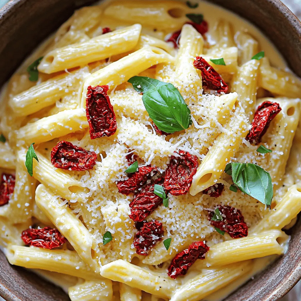 - 12 oz pasta (penne or fettuccine recommended) - 1 cup sun-dried tomatoes in oil, drained and chopped - 1 cup heavy cream - 1/2 cup grated Parmesan cheese - 3 cloves garlic, minced - 2 tablespoons olive oil - 1/4 cup fresh basil leaves, chopped - Salt and pepper to taste - Optional: red pepper flakes for heat For this creamy sun-dried tomato pasta, start with the main ingredients. The pasta is the base. Penne or fettuccine works best for this dish. Sun-dried tomatoes bring a rich flavor. Make sure to use ones in oil; they add extra taste. Heavy cream makes the dish creamy and dreamy. Parmesan cheese adds a nice salty touch, enhancing overall flavor. For the additional ingredients, garlic adds depth. Olive oil helps sauté the garlic and sun-dried tomatoes. Fresh basil adds a burst of freshness. Adjust salt and pepper to your liking. If you want some heat, add red pepper flakes. This recipe is simple yet full of flavor! For the full recipe, check out the complete instructions and make this dish shine! To cook the pasta, bring a large pot of salted water to a boil. Add 12 oz of your chosen pasta, like penne or fettuccine. Cook it until it is al dente, which means firm to the bite. This usually takes about 8 to 10 minutes, but check the package for exact times. Remember to reserve 1/2 cup of pasta water before draining. This water is starchy and will help adjust your sauce later. In a large skillet, heat 2 tablespoons of olive oil over medium heat. Once hot, add 3 minced garlic cloves and sauté for about 1 minute. You want the garlic to be fragrant but not browned. Next, stir in 1 cup of chopped sun-dried tomatoes. Let them cook for 2 to 3 minutes. This allows the flavors to mix well. Reduce the heat to low, then pour in 1 cup of heavy cream. Stir the mixture continuously for about 2 to 3 minutes until it thickens slightly. Now, add 1/2 cup of grated Parmesan cheese. Stir until it melts and combines with the cream, creating a rich sauce. Now, it’s time to mix everything together. Toss the drained pasta into the skillet with the sauce. Ensure every piece of pasta is coated. If the sauce feels too thick, gradually add some reserved pasta water until it reaches your desired consistency. Finally, season with salt, pepper, and optional red pepper flakes for a little heat. To finish, mix in 1/4 cup of chopped fresh basil, adding color and flavor. For a full recipe, check out the [Full Recipe]. To make your creamy sun-dried tomato pasta shine, focus on flavors. Start with salt and pepper. Taste as you go. If you want heat, add red pepper flakes. They’ll bring a nice kick. For that dreamy creamy texture, use heavy cream. When you stir it into the garlic and sun-dried tomatoes, let it simmer. This thickens the sauce. If it gets too thick, don't worry. Just add some of that reserved pasta water until you reach your perfect consistency. Presentation matters! Serve your pasta in nice bowls. Add fresh basil leaves on top for color. A sprinkle of Parmesan cheese makes it look fancy. You can drizzle a bit of oil from the sun-dried tomatoes for extra richness. As for side dishes, a simple green salad works well. Garlic bread is another great choice. It pairs perfectly with the creamy sauce and adds crunch. Showcasing your dish is key. Good photos make people want to try your recipe. Natural light works wonders for food photography. Take your pasta near a window for the best look. Keep the background simple to highlight your dish. Use a clean plate and arrange the pasta nicely. A few garnishes can help too. This way, your creamy sun-dried tomato pasta looks as good as it tastes! Check out the Full Recipe to get started. {{image_2}} You can make this dish even better by adding protein. Chicken, shrimp, or tofu work great. For chicken, slice it into thin strips. Season it with salt and pepper. Cook the chicken in the skillet until it's golden brown. This usually takes about 6-8 minutes. For shrimp, toss them in right after the garlic. Cook for 3-4 minutes until they turn pink. If you prefer tofu, cut it into cubes. Sauté the tofu until it's crispy on all sides, around 8-10 minutes. This gives your pasta a hearty twist. If you're looking for vegetarian or vegan options, you have choices. For heavy cream, use coconut cream or cashew cream. These still give a rich feel. Instead of Parmesan cheese, try nutritional yeast for a cheesy flavor. You can also use vegan cream cheese to keep it creamy. Blend all these together to maintain that delicious taste. With these swaps, you won't miss the dairy at all! Using seasonal vegetables makes your dish even healthier. In spring, add asparagus or peas for a fresh crunch. Summer tomatoes or zucchini can brighten up the meal. In fall, butternut squash or kale bring warmth. During winter, try adding sautéed spinach or broccoli. Just chop them up and mix them in with the sun-dried tomatoes. This way, your pasta adapts with the seasons and stays tasty year-round. For more ideas, check the Full Recipe for inspiration! To keep your creamy sun-dried tomato pasta fresh, place it in an airtight container. Make sure to let it cool first. You can store it in the fridge for up to three days. If you want to keep it longer, freezing is a good option. When reheating, use a skillet over medium-low heat. Add a splash of water or extra cream to help keep the sauce creamy. Stir it often to avoid burning. If you find the sauce is too thick, add more liquid slowly. Yes, you can freeze creamy sun-dried tomato pasta! To freeze, use a freezer-safe container. Make sure to leave some space at the top for expansion. When you want to eat it, thaw it overnight in the fridge. Reheat in a skillet, adding a bit of cream or water to revive its texture. What can I substitute for heavy cream? You can use half-and-half or coconut cream. Both give a nice texture. Silken tofu blended with a little water also works well for a dairy-free option. How do I make the sauce spicier? Add red pepper flakes while cooking. You can also mix in diced jalapeños for a fresh kick. If you like heat, try a dash of hot sauce too. Can I use fresh tomatoes instead of sun-dried? Yes, you can use fresh tomatoes. Just chop them and sauté until soft. You may need to cook a bit longer to deepen the flavor. How do I ensure my pasta is not sticky? Make sure to stir the pasta while it cooks. Drain it well and toss it with olive oil right after. This keeps the pasta separate and helps it absorb the sauce better. What is the best type of pasta for this recipe? Penne or fettuccine works best. They hold the sauce well and give a nice bite. You can also try rigatoni for a fun twist. What is the calorie count per serving? Each serving has about 600 calories. This can vary based on the exact ingredients used and portion sizes. Are there any healthy variations of this recipe? Yes! You can use whole wheat pasta for more fiber. Swap heavy cream for a lower-fat option. Adding spinach or broccoli boosts nutrients without losing flavor. You can find the full recipe [here](#). This blog post covered how to make creamy sun-dried tomato pasta. We explored main ingredients, step-by-step cooking, and tips to perfect your dish. You learned how to add proteins, make vegan swaps, and store leftovers effectively. In closing, this recipe is both simple and versatile. You can tailor it to your taste and dietary needs. Dive in and enjoy making this delicious meal for yourself or friends!