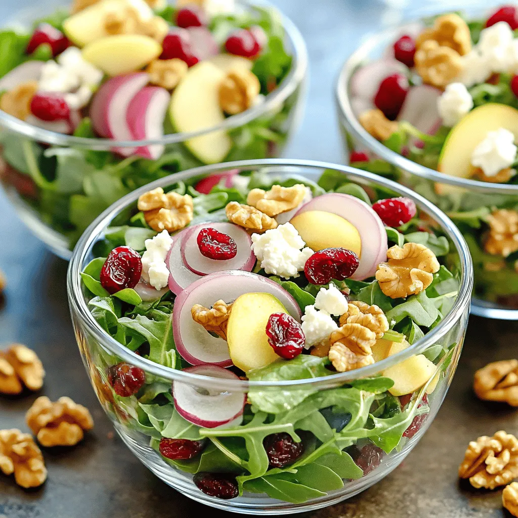 - 4 cups mixed salad greens (arugula, spinach, and baby kale) - 1 cup dried cranberries - 1 cup walnut halves, lightly toasted - 1/2 cup crumbled feta cheese - 1/4 cup red onion, thinly sliced - 1/2 cup apple, diced (preferably a sweeter variety) - 1/4 cup extra virgin olive oil - 2 tablespoons apple cider vinegar - 1 tablespoon honey - Salt and pepper to taste This salad is full of great flavors and textures. The mix of greens adds a fresh crunch. Dried cranberries bring a sweet touch, while walnuts add a nice nutty flavor. The feta cheese gives a creamy bite that balances everything out. For extra taste, you might add red onion for a sharp note and diced apple for sweetness. They make the salad even more interesting. Now let's talk about the dressing. It’s super easy to make. The olive oil and apple cider vinegar give it a light tang. Honey adds sweetness, and the salt and pepper round out the flavor. You can adjust these to fit your taste. For the full recipe, check out Cranberry Bliss & Walnut Delight. It's simple, quick, and tasty! - Whisk together olive oil, apple cider vinegar, honey, salt, and pepper until well combined. - Set dressing aside for later use. - Heat a dry skillet over medium heat. - Toast walnut halves for about 5 minutes, stirring frequently, until fragrant and slightly darkened. - In a large bowl, mix the salad greens. - Gently fold in remaining ingredients: cranberries, walnuts, feta, onion, and apple. - Drizzle dressing over the salad and toss gently. This salad is best served fresh. If you want to make it ahead, prepare the dressing separately. You can find the full recipe above to guide you through the steps. Enjoy your colorful and tasty salad! - Serve immediately for the freshest taste. - Use clear glass bowls to display vibrant colors. - Taste and adjust seasoning with additional salt, pepper, or honey as needed. - Consider adding fresh herbs for enhanced flavor. - Garnish each serving with extra feta and whole walnuts. When serving your Cranberry Walnut Salad, keep it simple and fresh. I always recommend you enjoy it right away. This salad tastes best when the greens are crisp and bright. Using clear glass bowls makes the colors pop. You can see the reds from cranberries, the greens of the salad, and the browns of the walnuts. If you want to make the flavors sing, taste your salad first. You can add more salt, pepper, or honey to balance the flavors. Fresh herbs, like basil or mint, can also brighten your dish. They add a lovely aroma and extra taste. For the best look, think about how you plate your salad. Adding extra feta and a few whole walnuts on top makes each plate inviting. Your guests will appreciate the effort, and it will look beautiful on the table. For the Full Recipe, you can follow the detailed steps to create this delicious dish. {{image_2}} You can switch up the flavor of your salad by changing the dressing. One fun idea is to substitute honey with maple syrup. This swap adds a nice, rich sweetness. Another option is to try balsamic vinaigrette. Its tangy taste pairs well with the cranberries and walnuts. You can boost your salad by adding extra ingredients. Incorporate grilled chicken or chickpeas for added protein. This makes the salad more filling and nutritious. You can also experiment with different nuts. Try using pecans or almonds for a new crunch. If you're looking for vegan options, you can make this salad vegan. Simply omit the cheese and choose a plant-based dressing. The salad remains tasty and satisfying without it. For those needing gluten-free choices, you’re in luck! All ingredients are naturally gluten-free. Enjoy this adaptable salad in many ways! For the full recipe, check out [Full Recipe]. Store leftovers in an airtight container in the refrigerator. This keeps your salad fresh. Consume within 1-2 days for optimal freshness. After this time, the greens may wilt and lose taste. Prepare the dressing and ingredients separately to maintain freshness. This way, your salad stays crisp. Mix everything just before serving for the best texture. You can chop the greens and other ingredients a day in advance. Just keep them covered in the fridge. Freezing is not recommended for this salad. The greens will change texture and become mushy. For the best taste, enjoy your salad fresh. If you have leftover dressing, you can freeze it for future use. Cranberries and walnuts pack a powerful punch. They are rich in antioxidants, vitamins, and healthy fats. Cranberries support heart health and boost immunity. They also help prevent urinary tract infections. Walnuts are great for your brain. They contain omega-3 fatty acids, which are vital for brain function. Together, they make this salad a smart choice for your health. Yes, you can prepare this salad ahead. Chop and store the ingredients in the fridge. Keep the dressing separate to avoid soggy greens. Mix the dressing right before serving for the best taste. This method helps you save time and still enjoy fresh flavors. You can easily customize this salad. For a vegan option, skip the feta cheese. Use a plant-based dressing instead. If you have nut allergies, swap walnuts for seeds like sunflower or pumpkin. This salad is flexible, so feel free to adjust it to fit your needs. For a gluten-free version, all ingredients are naturally safe to use. Try the full recipe to enjoy this tasty and nutritious salad! This blog post covered a delicious mixed salad recipe. You learned about key ingredients like salad greens, cranberries, and walnuts. We also explored optional add-ins and tasty dressings. Remember to serve it fresh, and feel free to customize flavors to your liking. Whether vegan or gluten-free, this salad fits many diets. Enjoy creating this vibrant dish, and don't hesitate to mix in your favorite flavors. A healthy, colorful salad can boost any meal!