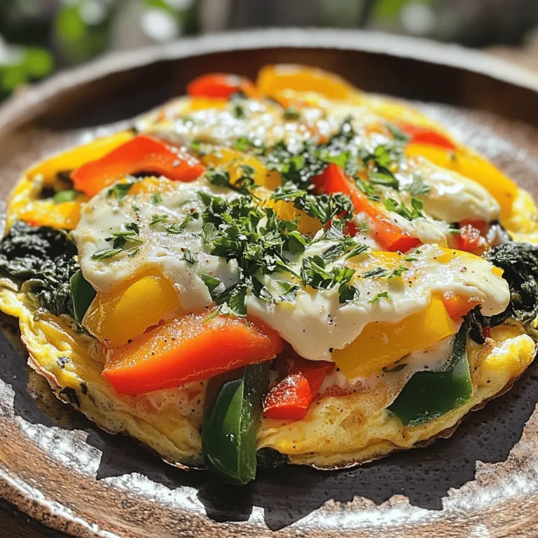 To make a quick veggie omelette, gather these main ingredients: - 3 large eggs - 1/4 cup milk (or plant-based milk) - 1/2 cup chopped bell peppers (red and green) - 1/2 cup chopped spinach - 1/4 cup finely chopped onion - Salt and pepper to taste - 1 tablespoon olive oil or butter These ingredients provide a tasty base for your omelette. The eggs and milk give it a fluffy texture. The veggies add color and flavor. You can customize your omelette with these optional ingredients: - Mushrooms - Zucchini - Tomatoes - Kale - Avocado Feel free to mix and match. Adding different veggies makes each omelette unique. Try what you like best! Cheese adds a creamy touch to your omelette. Here are some great options: - Cheddar - Feta - Mozzarella - Goat cheese Each cheese brings its own flavor. Choose one you enjoy, or even mix a few. This small change can elevate your dish! For the full recipe, check out the details above. Enjoy your tasty and simple morning meal! Start with three large eggs. Crack them into a medium bowl. Add 1/4 cup of milk. Whisk the eggs and milk together until it looks frothy. Season with salt and pepper to taste. This mix is your omelette base. Heat a non-stick skillet over medium heat. Add 1 tablespoon of olive oil or butter. Make sure it coats the bottom well. Next, add 1/4 cup of finely chopped onion and 1/2 cup of bell peppers. Sauté for about 2-3 minutes. You want them to soften but not brown. Then, add 1/2 cup of chopped spinach. Cook it for another minute until it wilts. Pour your egg mixture over the cooked veggies. Tilt the pan so the eggs spread evenly. Cook for 3-4 minutes. Watch for the edges to set. Use a spatula to lift the edges. Let the raw egg flow underneath. When the top is still slightly runny, sprinkle 1/4 cup of your favorite cheese over one half. Carefully fold the other half over the cheese. Cook for another 1-2 minutes until fully set. Slide the omelette onto a plate, garnish with fresh herbs, and serve right away. You can find the Full Recipe for more details. To make a fluffy omelette, start with fresh eggs. Fresh eggs whip better. Whisk them well with milk. The milk adds creaminess and air. This makes your omelette light. Use a non-stick skillet to avoid sticking. Make sure your skillet is hot before adding eggs. This helps cook the omelette evenly. When picking veggies, look for bright colors. Fresh bell peppers should feel firm. Spinach should be crisp and green. Smell the herbs; they should smell strong and fresh. If they smell dull, they are old. Always wash your veggies before cooking. This removes dirt and germs. Cook your omelette on medium heat. Too high heat can burn the bottom. Always use enough oil or butter to coat the pan. This helps with heat flow. If you see edges cooking fast, lower the heat. Gently lift the edges to let raw egg flow. This ensures even cooking throughout the omelette. For more details, check the Full Recipe. {{image_2}} You can change the flavor and color of your veggie omelette by adding different vegetables. Try mushrooms, zucchini, or tomatoes. Each adds its own unique taste and texture. I love using broccoli for a crunchy bite. You can also mix in artichokes or kale for a twist. Just remember to chop them small so they cook evenly. Seasoning can take your omelette to the next level. Try adding garlic powder, onion powder, or smoked paprika. These spices bring warmth and depth. Fresh herbs like basil or dill can add bright flavors. You can also add a pinch of chili flakes for heat. Don't be afraid to play with flavors until you find your favorite mix. To make your omelette more filling, consider adding protein. Diced ham, cooked bacon, or crumbled sausage work well. You can also add black beans or tofu for a plant-based option. These add-ins boost nutrition and keep you full longer. Just be sure to balance the flavors so everything works together well. For the full recipe, check out the Quick Veggie Omelette! You might have leftover omelette after a tasty breakfast. Store it in an airtight container. Place a paper towel inside the container to absorb extra moisture. This helps keep the omelette fresh. Store it in the fridge for up to three days. When you want to enjoy your leftover omelette, reheating it right is key. The best way is to use a skillet. Heat it over low heat. Cover the skillet with a lid. This keeps the omelette moist. Heat for about 3-5 minutes until warm. You can also use a microwave. Place the omelette on a microwave-safe plate. Cover it with a damp paper towel. Heat for 30 seconds, then check. If it needs more time, heat in 10-second bursts. Freezing omelettes is a great way to save time later. Let the omelette cool completely first. Wrap each portion tightly in plastic wrap. Then, place it in a freezer-safe bag. Make sure to remove as much air as possible. You can freeze omelettes for up to three months. When you’re ready to eat, thaw it overnight in the fridge. Reheat it as mentioned earlier for a quick meal. It takes about 15 minutes to make a quick veggie omelette. You will spend 5 minutes prepping and 10 minutes cooking. This means you can enjoy a warm breakfast in no time. Yes, you can make a veggie omelette without eggs. Some good substitutes are chickpea flour or silken tofu. These options still allow you to enjoy the same tasty flavors. Good side dishes to serve with an omelette include toast, fruit, or a salad. You can also try roasted potatoes or yogurt for a full meal. These sides help add variety and nutrition to your meal. For the full recipe, check the details above. This blog post covered the essentials for making a quick veggie omelette. We explored key ingredients, step-by-step cooking, and helpful tips for fluffiness. You can customize with various veggies and proteins, plus learn how to store leftovers. Embrace the joy of cooking and make a tasty omelette today. With fresh ingredients and simple steps, you can enjoy a healthy meal anytime. Cooking is fun, and this recipe proves it!