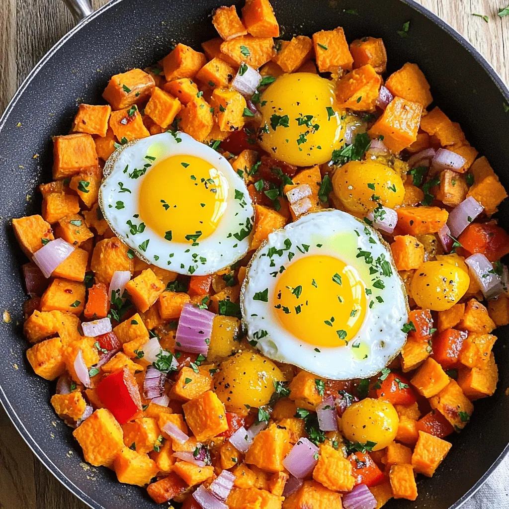 Sweet potato breakfast hash is a delightful mix of flavors. This dish is colorful and easy to make. It takes about 30 minutes from start to finish. You can serve it for breakfast or brunch. Here’s what you’ll need for this tasty meal. - 2 medium sweet potatoes, peeled and diced - 1 red bell pepper, diced - 1 small red onion, diced - 2 cloves garlic, minced - 1 teaspoon smoked paprika - ½ teaspoon cumin - Salt and pepper, to taste - 2 tablespoons olive oil - 4 large eggs - Fresh parsley, chopped (for garnish) These key ingredients bring out the best in this dish. Sweet potatoes give a natural sweetness. The bell pepper and onion add a nice crunch. Garlic and spices enhance the overall flavor. Beyond the key ingredients, you can play with seasonings. Here are some ideas: - Try adding chili powder for heat. - Use thyme or rosemary for herbal notes. - A splash of hot sauce can add a kick. These seasonings can elevate your hash and make it unique. Feel free to mix and match based on your taste. Cooking is fun when you explore new flavors! Start by peeling and dicing the sweet potatoes. Aim for bite-sized pieces. This helps them cook evenly. Next, chop the red bell pepper and the red onion. Mince the garlic cloves too. Having all your veggies ready makes cooking easy. Heat two tablespoons of olive oil in a large skillet over medium heat. Once hot, add the sweet potatoes. Cook them for about 10 to 12 minutes. Stir them often, so they don’t stick. You want them to soften and get a nice golden color. After that, toss in the diced red bell pepper and onion. Stir everything together. Cook for another 5 to 7 minutes until all the veggies are nice and tender. Now, add the minced garlic, smoked paprika, and cumin. Mix well. Season with salt and pepper to taste. Cook for 2 minutes until it smells amazing. Make four small wells in the sweet potato mix. Crack an egg into each well. Cover the skillet with a lid. Cook for about 5 to 7 minutes. This lets the eggs set just right. When the eggs are cooked to your liking, remove the skillet from heat. Sprinkle with fresh parsley for a pop of color. Serve your sweet potato breakfast hash right away! For the complete recipe, check out the Full Recipe section. To make the best sweet potato breakfast hash, start with fresh ingredients. Sweet potatoes should be firm and bright in color. Dice them evenly to ensure even cooking. Use a large skillet to give your hash enough space to brown well. Don’t rush the cooking process; let the sweet potatoes caramelize for deep flavor. Stir occasionally, but not too much. This will help create crispy edges. One common mistake is overcooking the sweet potatoes. They should be tender but not mushy. Another mistake is crowding the pan. If it’s too full, the hash will steam instead of brown. Also, don’t skip the spices. Smoked paprika and cumin add a warm depth. Lastly, avoid breaking the eggs too soon. Wait until the sweet potatoes are ready before adding them. Use a large skillet or a cast-iron pan for the best results. A sturdy spatula helps flip and mix the hash without damaging it. A good chef's knife is key for easy chopping. You might also want a lid for the skillet to cook the eggs. For the freshest taste, use a microplane for grating garlic. For the full recipe, check the Sweet Potato Breakfast Hash section. {{image_2}} To boost the taste of your sweet potato breakfast hash, consider some fun add-ins. You can mix in cooked bacon or sausage for a savory kick. For a spicy touch, add jalapeños or red pepper flakes. If you love cheese, sprinkle in some cheddar or feta. Fresh herbs like thyme or rosemary can also bring a new flavor layer. Each of these choices can make your dish unique. If you need to change the recipe for dietary reasons, it's easy to do. For a lower-carb option, swap sweet potatoes for cauliflower. If you need a gluten-free dish, ensure all your seasoning blends are gluten-free. You can also replace olive oil with avocado oil for a different fat. Each swap still gives you a tasty hash that fits your needs. To make this dish vegan, simply remove the eggs. You can replace them with tofu or chickpeas. Crumbled tofu can mimic eggs when cooked right. For a vegetarian version, keep the eggs but avoid meat add-ins. This way, you enjoy a delicious breakfast that fits your lifestyle. For the full recipe, check out the Sweet Potato Breakfast Hash! After you enjoy your sweet potato breakfast hash, store leftovers in an airtight container. Let it cool first. Keep it in the fridge for up to three days. Make sure to label the container with the date. This helps you know when to eat it. To reheat, use a skillet over medium heat. Add a splash of olive oil to keep it moist. Stir occasionally until heated through. You can also use the microwave. Place it in a microwave-safe bowl and cover it. Heat for 1-2 minutes, checking every 30 seconds. If you want to freeze your hash, store it in a freezer-safe container. It can last up to three months in the freezer. When ready to eat, thaw it in the fridge overnight. Reheat it in a skillet for the best taste. For a complete guide, check the Full Recipe. Sweet potatoes are very good for you. They are high in vitamins A and C. These vitamins help your skin and eyes. Sweet potatoes also have fiber, which keeps your tummy happy. Eating them may help with weight control. They can also help with blood sugar. This makes sweet potatoes a great choice for breakfast. Yes, you can make sweet potato breakfast hash ahead of time. Cook it fully and let it cool. Then, store it in the fridge. It will last for up to three days. When you’re ready to eat, just reheat it. You can heat it in a skillet or microwave. This saves time on busy mornings. You can serve many things with sweet potato breakfast hash. Try fresh fruit for a sweet taste. Toast or bagels can add crunch. A dollop of yogurt brings creaminess. If you want more protein, add bacon or sausage. You can also top it with avocado for extra flavor. Enjoy mixing and matching! We discussed how to create a delicious sweet potato breakfast hash. You learned about essential ingredients, their preparation, and cooking steps. I shared tips to make your dish perfect and common mistakes to avoid. You discovered tasty variations for different diets and how to store leftovers properly. Enjoy your cooking and impress others with your meals! Remember, food brings joy and good health.