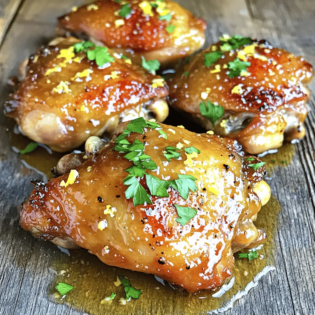 Honey Lemon Glazed Chicken is a simple dish that bursts with flavor. This recipe uses fresh ingredients to create a sweet and tangy glaze. You can enjoy it grilled or pan-fried. It’s perfect for family dinners or quick weeknight meals. - 4 boneless, skinless chicken thighs - 1/4 cup honey - 1/4 cup fresh lemon juice - 2 tablespoons soy sauce - 2 garlic cloves, minced - 1 teaspoon fresh ginger, grated - Salt and pepper to taste - 2 tablespoons olive oil - Zest of 1 lemon - Fresh parsley, for garnish Gather these ingredients before you start. The sweet honey and bright lemon juice will make your chicken shine. The garlic and ginger add depth and warmth. Don’t skip the lemon zest; it boosts the flavor. Each bite will be a tasty treat! First, grab a mixing bowl. Add the honey, fresh lemon juice, soy sauce, minced garlic, and grated ginger. Don’t forget the lemon zest! This mix gives the chicken its bright flavor. Whisk until everything blends well. Taste it. If you want, adjust the salt and pepper. This glaze is the star of the dish. Next, take your chicken thighs. Place them in a resealable bag or a shallow dish. Pour the glaze over the chicken. Make sure each piece gets coated well. Seal the bag or cover the dish. Let it marinate in the fridge for at least 30 minutes. If you have time, let it sit for up to 2 hours. The longer it sits, the more flavor it will soak up. You can cook this chicken in two great ways: grilling or pan-frying. - Grilling: Preheat your grill to medium-high. Brush the grill grates with olive oil. Remove the chicken from the marinade, letting the excess drip off. Place the chicken on the grill. Cook for about 5-7 minutes on one side. Flip the chicken, and brush it with some reserved marinade. Cook for another 5-7 minutes. It’s done when it reaches 165°F (75°C). - Pan-Frying: Heat a pan over medium-high heat and add olive oil. Follow the same steps as grilling for removing the chicken from the marinade. Cook the chicken for 5-7 minutes on one side. Flip it, brush with marinade, and cook for another 5-7 minutes. Again, aim for that 165°F (75°C) mark. Both methods give you juicy chicken with a sweet and tangy glaze. Enjoy the cooking! For the complete recipe, check out the Full Recipe above. To get that shiny glaze, mix honey and lemon juice well. The soy sauce adds depth. When you cook, brush more glaze on the chicken. This gives it a nice coat. Use a whisk to blend the mixture until smooth. The lemon zest adds a bright touch that pops. Cooking chicken thighs right is key. They should be juicy and tender. Use medium-high heat for cooking. This helps the chicken brown nicely. Flip the chicken only once to keep it moist. Always check the internal temperature. It should reach 165°F (75°C) for safety. Let the chicken rest before slicing. This keeps all the juices inside. Pair this dish with simple sides. Rice goes well with the honey lemon flavor. Roasted veggies also add color and taste. A fresh salad can lighten the meal. Try garlic bread for a crunchy contrast. These sides make the meal complete and satisfying. {{image_2}} You can add fresh herbs for a tasty twist. Try thyme or rosemary. Chop them finely and mix into the glaze. This change brings a bright flavor to the chicken. It also adds a lovely aroma as it cooks. Use about one tablespoon of chopped herbs. This simple addition makes your dish feel special. Want some heat? Add red pepper flakes to your glaze. Start with 1/2 teaspoon and adjust to your taste. The spice balances the sweet and tangy flavors. You can also use sriracha for a different kick. Brush some extra sriracha on the chicken while cooking. This will give you a nice, spicy finish. If you don't have chicken thighs, use chicken breasts instead. They cook well and stay moist with the glaze. You can also use bone-in chicken pieces. Just be sure to adjust your cooking time. Bone-in pieces usually take longer to cook through. Always check for an internal temperature of 165°F (75°C). You can enjoy this honey lemon glaze with other meats too, like pork or salmon. It’s a versatile sauce that works well with many proteins. After enjoying your honey lemon glazed chicken, store any leftovers in an airtight container. Keep the container in the fridge. This way, the chicken stays fresh for up to three days. If you have extra glaze, you can store it separately, too. Just make sure to cover it well. If you want to keep the chicken longer, freezing is a great option. First, let the chicken cool completely. Then, wrap it tightly in plastic wrap or foil. Place it in a freezer-safe bag to avoid freezer burn. You can freeze the chicken for up to three months. Label your bag with the date, so you know when to use it. To reheat your honey lemon glazed chicken, you have a few options. You can use the oven, microwave, or stovetop. For the oven, preheat it to 350°F (175°C). Place the chicken in a baking dish and cover it with foil. Heat for about 15-20 minutes. For the microwave, put the chicken on a plate, cover it, and heat it for 1-2 minutes. If you want to use the stovetop, heat a pan over medium heat and add a splash of water. Cook the chicken for about 5 minutes, turning it to heat evenly. Enjoy your meal again! You can use maple syrup as a sweet option. It has a similar texture and sweetness. Agave nectar is another choice. It is also sweet but has a milder taste. Brown sugar mixed with water may work too. It will give a different flavor but still tastes good. Yes, you can prepare the marinade a day before. Just mix all the ingredients and store it in the fridge. You can marinate the chicken up to two hours before cooking. This lets the flavors soak in well. It’s a great way to save time on a busy day. Marinate the chicken for at least 30 minutes. This helps the flavors blend in. For a deeper flavor, try 2 hours. Just remember, don’t marinate too long. The acid in the lemon juice can make the chicken tough if left too long. This blog post outlined a simple recipe for honey lemon chicken. We talked about the key ingredients, step-by-step cooking methods, and helpful tips. You learned how to achieve a perfect glaze and cook chicken just right. Plus, we shared variations and storage tips to help you plan ahead. This dish is versatile and easy to make, so don’t hesitate to try it. I hope this helps you create a delightful meal everyone will enjoy!