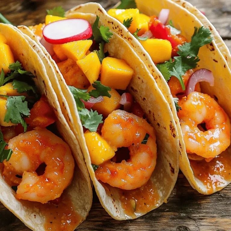 - 1 pound large shrimp, peeled and deveined - 1 ripe mango, diced - 1 red bell pepper, thinly sliced - 1/2 red onion, finely chopped - 2 cloves garlic, minced - 1 jalapeño, minced (optional for extra heat) - Fresh cilantro for garnish - Sliced radishes for garnish (optional) - Juice of 2 limes - 2 tablespoons olive oil - 1 teaspoon smoked paprika - 1 teaspoon ground cumin - Salt and pepper to taste Gather these ingredients for a colorful and tasty meal. The blend of sweet mango and spicy shrimp makes each bite a delight. Using fresh ingredients helps bring out the best flavors. A ripe mango adds a juicy sweetness, while the shrimp gives a nice texture. Don't skip the garlic; it adds depth to the dish. You can choose to add jalapeño if you want more heat. Make sure to check the spices too! Smoked paprika and cumin will give your tacos a warm, rich flavor. Fresh lime juice brightens everything up, making each bite refreshing. Olive oil helps to cook the shrimp and veggies nicely. Salt and pepper round out the flavors, making them pop. For more details, you can follow the Full Recipe. Enjoy the cooking process! Start with one pound of shrimp. In a medium bowl, mix the shrimp with minced garlic, lime juice, smoked paprika, ground cumin, salt, and pepper. Toss well to coat the shrimp. Let them sit for about 15 minutes. This allows the flavors to blend and makes the shrimp taste great. While the shrimp marinates, heat one tablespoon of olive oil in a skillet over medium-high heat. Add the thinly sliced red bell pepper and finely chopped red onion. If you want more heat, add minced jalapeño. Cook for about 3 to 4 minutes until the veggies soften. Once done, remove them from the skillet and set aside. Next, add the remaining tablespoon of olive oil to the same skillet. Heat it until shimmering. Add the marinated shrimp to the hot skillet. Cook each side for about 2 to 3 minutes until the shrimp turns pink and is fully cooked. Keep an eye on them; overcooked shrimp can be tough. While the shrimp cooks, warm your tortillas. You can do this in a separate pan or microwave. Heat them until they are soft and pliable. This step is key for making tasty tacos. Now for the fun part! Place a few shrimp in each tortilla. Add a generous scoop of diced mango and the sautéed vegetables on top. Finish by garnishing with fresh cilantro and sliced radishes, if you like. Serve these tacos right away with extra lime wedges for a zesty touch. For the full recipe, check out the details above. To keep shrimp tender, avoid overcooking. Shrimp cook quickly, usually in just a few minutes. Cook them until they turn a bright pink color. Remove them from heat right away. This way, they stay juicy and delightful. Marinating shrimp is key to adding flavor. I suggest letting the shrimp marinate for at least 15 minutes. This allows the spices and lime juice to soak in. If you have time, marinate longer for an even bolder taste. You can boost the flavor of your tacos by using extra spices. Consider adding a pinch of cayenne for heat. A little chili powder or chipotle powder can also work well. If you want a twist, try using fresh herbs like basil or mint. Each option will give your dish a unique taste. If you love crunch, add some shredded cabbage. It contrasts well with the creamy mango. You can also try pineapple instead of mango for a different flavor. A great taco looks as good as it tastes. Use bright colors for your garnishes. Fresh cilantro adds a green touch and fresh flavor. Sliced radishes give a pop of red and a nice crunch. Arrange the tacos on a colorful platter for a fun display. For a finishing touch, drizzle lime juice over the assembled tacos. It adds a zesty brightness. Also, serve lime wedges on the side for extra flavor. For the full recipe, check out the details above. {{image_2}} You can add different peppers to change the heat. Try serrano or habanero for more kick. Each pepper brings its own flavor. If you want mild spice, skip the jalapeño. For a fiery taste, add two or more peppers. Adjust the heat to your taste. You can easily make these tacos vegetarian. Instead of shrimp, use jackfruit or tofu. These options soak up flavors well. Season them like you would shrimp. You can also try chickpeas for a protein boost. This way, everyone can enjoy tasty tacos. Toppings make your tacos shine. You can add fresh salsa for a burst of flavor. Guacamole pairs well too. Consider crumbled feta or queso fresco for creaminess. Don't forget about lime crema or a spicy mayo. Each topping adds a new layer of taste. For the full recipe, check out the details above. To store leftover tacos, wrap each taco tightly in plastic wrap or foil. Place them in an airtight container. This keeps them fresh for up to two days. If you want to keep the shrimp and toppings separate, store them in different containers. This helps maintain the taco's texture. Reheat tacos on the stovetop for the best taste. Heat a skillet over medium heat. Place the tacos in the skillet for about 2-3 minutes on each side. This method warms the tacos evenly. If you prefer a microwave, use it for about 30 seconds. Check to avoid overheating, which can make them tough. To freeze tacos, first, separate the shrimp and toppings. Place the shrimp in a freezer-safe bag, and squeeze out excess air. For toppings, use a separate container. Tacos can last up to three months in the freezer. When ready to eat, thaw in the fridge overnight. Reheat as mentioned above for the best results. For the full recipe, check the details above. For tacos, I recommend using large shrimp. They hold their shape well and offer a nice bite. You can also use jumbo shrimp for a bigger taste. Look for shrimp that are wild-caught for the best flavor and quality. If you want a more sustainable option, consider shrimp from responsible farms. Always check labels to ensure you buy the best shrimp for your tacos. Yes, you can make these tacos ahead of time. Prepare the shrimp and veggies in advance. Store them separately in airtight containers in the fridge. You can also make the mango salsa ahead of time. Just be sure to assemble the tacos right before serving to keep the tortillas fresh and warm. This method helps save time when you are ready to eat. Great sides include black beans, corn salad, or a fresh green salad. These add more color and flavor to your meal. You can also serve tortilla chips with salsa or guacamole for a nice crunch. A light Mexican rice pairs well, too. These sides balance the spice and sweetness of the tacos. The spice level can vary based on your choice of ingredients. If you add jalapeño, the tacos will have more heat. If you want less spice, simply skip the jalapeño. The smoked paprika adds flavor without a lot of heat. You can always adjust the spice to suit your taste. I love to keep it fun by letting everyone add their own heat. Yes, you can use frozen shrimp. Just make sure to thaw them first. Place them in the fridge overnight or run them under cold water for a quick thaw. Frozen shrimp can be just as tasty as fresh shrimp when cooked properly. Check the package for cooking times, as they may differ. This makes it easy to enjoy tasty tacos anytime. For the complete guide on making these tacos, check out the Full Recipe! These tasty Spicy Mango Shrimp Tacos are easy to make and full of flavor. We covered key ingredients, from shrimp to spices, and shared the steps to cook them just right. You learned tips to enhance flavors and present your tacos beautifully. Remember, you can adapt this recipe to fit your taste. Try new spices, choose vegetarian options, or experiment with toppings. Enjoy crafting these delicious tacos at home. Each bite brings a burst of flavor you’ll love!
