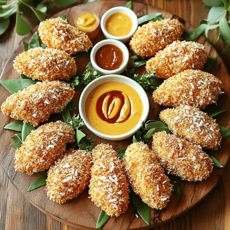 - 1 lb chicken breast - 1 cup all-purpose flour - 2 large eggs - 1 cup shredded unsweetened coconut - 1 cup panko breadcrumbs You start with fresh chicken breast. Cut it into strips. This ensures even cooking and easy handling. Then, gather flour, eggs, coconut, and panko breadcrumbs. These will help create a crispy, flavorful coating. - Garlic powder, paprika - Salt and pepper - Additional spices for flavor enhancement Seasoning is key. I use garlic powder and paprika for a nice kick. Adjust salt and pepper to your taste. Feel free to add other spices too, like cayenne for heat or Italian herbs for a twist. - Canola oil vs. vegetable oil - Tips on oil temperature for frying Choosing the right oil matters. Canola oil works well for frying. It has a high smoke point and neutral taste. Vegetable oil is a good option too. Heat your oil to about 350°F (175°C). This temperature is perfect for crisping the tenders without burning them. For the full recipe, check out the detailed instructions above. To start, gather three bowls. In the first bowl, mix the flour with garlic powder, paprika, salt, and pepper. This is your dry mix. In the second bowl, beat the eggs until smooth. This will help the coating stick well to the chicken. In the third bowl, combine shredded coconut and panko breadcrumbs. This mix adds crunch to your chicken tenders. Tip: Make sure you have enough space around each bowl. This will help keep things tidy as you coat the chicken. Now, take a chicken strip. First, dip it in the flour mix. Make sure to coat it fully and shake off any extra flour. Next, dip the floured chicken into the beaten eggs. Let the extra egg drip off. Finally, roll the chicken strip in the coconut and panko mix. Press down gently to help it stick. Repeat this for each chicken strip. Tip: Keep a steady hand to ensure an even coating. This is key to getting the best texture. Heat oil in a large skillet over medium heat. Aim for about 350°F (175°C). This is the right temperature for frying. Carefully place the breaded chicken strips into the hot oil. Do not overcrowd the pan. Fry the chicken tenders for about 4-5 minutes on each side. Look for a golden brown color. The internal temperature should reach 165°F (74°C) for safety. To check for doneness, you can cut one open. If it’s no longer pink, it’s done! Once cooked, use a slotted spoon to transfer the chicken to a paper towel-lined plate. This helps remove excess oil. Serve your crispy chicken tenders hot with your favorite dipping sauce. For the full recipe, check the earlier sections. To get that perfect crispy coating, press the coating onto the chicken. This step makes sure the breading sticks well. Panko breadcrumbs work best because they have a light and airy texture. This texture creates more surface area for crispiness when frying. Serve your chicken tenders with dipping sauces. I love honey mustard for its sweet and tangy flavor. Sweet chili sauce is another great option for those who like a little heat. For sides, consider crispy fries or a fresh salad. These pair nicely with the tenders. Avoid overcrowding the pan while frying. This can cause the oil temperature to drop, making the coating soggy. Also, be sure to season the chicken well before breading. Proper seasoning enhances the overall flavor and prevents bland bites. {{image_2}} You can spice up your chicken tenders in fun ways. For a spicy version, add cayenne or hot sauce to your flour mix. This adds heat and makes your tenders exciting. If you prefer sweet flavors, try a coconut twist. Mix a hint of lime zest into your coconut and panko mix. This creates a tropical vibe that brightens each bite. You don’t have to fry your chicken tenders. Baking them is a great option. Preheat your oven to 425°F (220°C). Place the breaded tenders on a baking sheet lined with parchment paper. Bake for 15-20 minutes, flipping halfway. They will be golden and crispy without the extra oil. You can also use an air fryer for a healthier option. Preheat the air fryer to 400°F (200°C). Place the tenders in a single layer in the basket. Cook for about 10-12 minutes, flipping halfway through. The tenders will turn out crispy without much oil. If you need a gluten-free option, use almond flour or a gluten-free flour blend instead of all-purpose flour. This makes the recipe safe for those with gluten sensitivities. For those who avoid dairy, try using a flax egg as a substitute for eggs. Mix one tablespoon of ground flaxseed with two tablespoons of water. Let it sit for about 5 minutes until it thickens. This works well for coating the chicken. These variations let you enjoy homemade chicken tenders in many fun and tasty ways. You can find the full recipe for crispy coconut chicken tenders to get started. To keep your chicken tenders fresh, store them in an airtight container. Place a paper towel at the bottom of the container. This will absorb moisture and help prevent sogginess. Seal the container tightly and refrigerate. Homemade chicken tenders last about three days in the fridge. When it’s time to enjoy your leftovers, you want them crispy again. The best way is to use an oven. Preheat your oven to 400°F (200°C). Place the chicken tenders on a baking sheet lined with parchment paper. Bake them for about 10-12 minutes. This method helps keep them crispy and warm. You can also freeze your chicken tenders for later. Let them cool completely before freezing. Arrange them on a baking sheet in a single layer. Freeze for about an hour, so they don’t stick together. Once frozen, transfer them to a freezer bag. Squeeze out as much air as possible. They can last up to three months in the freezer. To thaw, place them in the fridge overnight. Then, reheat in the oven as mentioned earlier. Enjoy your tasty homemade chicken tenders anytime! Homemade chicken tenders last about 3 to 4 days in the fridge. Store them in an airtight container. This keeps them safe from bacteria and helps them stay fresh. If you want to keep them longer, consider freezing. Yes, you can make chicken tenders ahead of time. You can bread them and store them in the fridge for a day. Just remember to cook them before serving. You can also freeze them before frying. This way, you can fry them fresh later. To make chicken tenders crunchy, use panko breadcrumbs. They give a light, crisp texture. Make sure to press the coating onto the chicken. This helps it stick well during frying. Fry at the right temperature, around 350°F. This ensures a golden and crunchy finish. Yes, you can use chicken thighs instead of breasts. Chicken thighs are juicier and have more flavor. They can also be a bit more tender. However, they may take longer to cook. Adjust your frying time to ensure they reach the right temperature. Now you have all the steps to make tasty homemade chicken tenders. We covered ingredients, frying tips, and common mistakes. Remember to season well and avoid overcrowding the pan for the best results. Feel free to get creative with flavors and cooking methods. With these tips, you’ll impress everyone at the dinner table. Enjoy crafting your perfect chicken tenders!