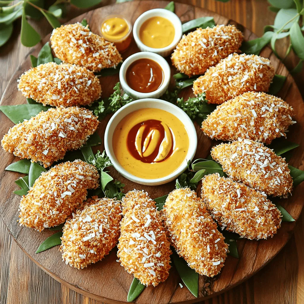 - 1 lb chicken breast - 1 cup all-purpose flour - 2 large eggs - 1 cup shredded unsweetened coconut - 1 cup panko breadcrumbs You start with fresh chicken breast. Cut it into strips. This ensures even cooking and easy handling. Then, gather flour, eggs, coconut, and panko breadcrumbs. These will help create a crispy, flavorful coating. - Garlic powder, paprika - Salt and pepper - Additional spices for flavor enhancement Seasoning is key. I use garlic powder and paprika for a nice kick. Adjust salt and pepper to your taste. Feel free to add other spices too, like cayenne for heat or Italian herbs for a twist. - Canola oil vs. vegetable oil - Tips on oil temperature for frying Choosing the right oil matters. Canola oil works well for frying. It has a high smoke point and neutral taste. Vegetable oil is a good option too. Heat your oil to about 350°F (175°C). This temperature is perfect for crisping the tenders without burning them. For the full recipe, check out the detailed instructions above. To start, gather three bowls. In the first bowl, mix the flour with garlic powder, paprika, salt, and pepper. This is your dry mix. In the second bowl, beat the eggs until smooth. This will help the coating stick well to the chicken. In the third bowl, combine shredded coconut and panko breadcrumbs. This mix adds crunch to your chicken tenders. Tip: Make sure you have enough space around each bowl. This will help keep things tidy as you coat the chicken. Now, take a chicken strip. First, dip it in the flour mix. Make sure to coat it fully and shake off any extra flour. Next, dip the floured chicken into the beaten eggs. Let the extra egg drip off. Finally, roll the chicken strip in the coconut and panko mix. Press down gently to help it stick. Repeat this for each chicken strip. Tip: Keep a steady hand to ensure an even coating. This is key to getting the best texture. Heat oil in a large skillet over medium heat. Aim for about 350°F (175°C). This is the right temperature for frying. Carefully place the breaded chicken strips into the hot oil. Do not overcrowd the pan. Fry the chicken tenders for about 4-5 minutes on each side. Look for a golden brown color. The internal temperature should reach 165°F (74°C) for safety. To check for doneness, you can cut one open. If it’s no longer pink, it’s done! Once cooked, use a slotted spoon to transfer the chicken to a paper towel-lined plate. This helps remove excess oil. Serve your crispy chicken tenders hot with your favorite dipping sauce. For the full recipe, check the earlier sections. To get that perfect crispy coating, press the coating onto the chicken. This step makes sure the breading sticks well. Panko breadcrumbs work best because they have a light and airy texture. This texture creates more surface area for crispiness when frying. Serve your chicken tenders with dipping sauces. I love honey mustard for its sweet and tangy flavor. Sweet chili sauce is another great option for those who like a little heat. For sides, consider crispy fries or a fresh salad. These pair nicely with the tenders. Avoid overcrowding the pan while frying. This can cause the oil temperature to drop, making the coating soggy. Also, be sure to season the chicken well before breading. Proper seasoning enhances the overall flavor and prevents bland bites. {{image_2}} You can spice up your chicken tenders in fun ways. For a spicy version, add cayenne or hot sauce to your flour mix. This adds heat and makes your tenders exciting. If you prefer sweet flavors, try a coconut twist. Mix a hint of lime zest into your coconut and panko mix. This creates a tropical vibe that brightens each bite. You don’t have to fry your chicken tenders. Baking them is a great option. Preheat your oven to 425°F (220°C). Place the breaded tenders on a baking sheet lined with parchment paper. Bake for 15-20 minutes, flipping halfway. They will be golden and crispy without the extra oil. You can also use an air fryer for a healthier option. Preheat the air fryer to 400°F (200°C). Place the tenders in a single layer in the basket. Cook for about 10-12 minutes, flipping halfway through. The tenders will turn out crispy without much oil. If you need a gluten-free option, use almond flour or a gluten-free flour blend instead of all-purpose flour. This makes the recipe safe for those with gluten sensitivities. For those who avoid dairy, try using a flax egg as a substitute for eggs. Mix one tablespoon of ground flaxseed with two tablespoons of water. Let it sit for about 5 minutes until it thickens. This works well for coating the chicken. These variations let you enjoy homemade chicken tenders in many fun and tasty ways. You can find the full recipe for crispy coconut chicken tenders to get started. To keep your chicken tenders fresh, store them in an airtight container. Place a paper towel at the bottom of the container. This will absorb moisture and help prevent sogginess. Seal the container tightly and refrigerate. Homemade chicken tenders last about three days in the fridge. When it’s time to enjoy your leftovers, you want them crispy again. The best way is to use an oven. Preheat your oven to 400°F (200°C). Place the chicken tenders on a baking sheet lined with parchment paper. Bake them for about 10-12 minutes. This method helps keep them crispy and warm. You can also freeze your chicken tenders for later. Let them cool completely before freezing. Arrange them on a baking sheet in a single layer. Freeze for about an hour, so they don’t stick together. Once frozen, transfer them to a freezer bag. Squeeze out as much air as possible. They can last up to three months in the freezer. To thaw, place them in the fridge overnight. Then, reheat in the oven as mentioned earlier. Enjoy your tasty homemade chicken tenders anytime! Homemade chicken tenders last about 3 to 4 days in the fridge. Store them in an airtight container. This keeps them safe from bacteria and helps them stay fresh. If you want to keep them longer, consider freezing. Yes, you can make chicken tenders ahead of time. You can bread them and store them in the fridge for a day. Just remember to cook them before serving. You can also freeze them before frying. This way, you can fry them fresh later. To make chicken tenders crunchy, use panko breadcrumbs. They give a light, crisp texture. Make sure to press the coating onto the chicken. This helps it stick well during frying. Fry at the right temperature, around 350°F. This ensures a golden and crunchy finish. Yes, you can use chicken thighs instead of breasts. Chicken thighs are juicier and have more flavor. They can also be a bit more tender. However, they may take longer to cook. Adjust your frying time to ensure they reach the right temperature. Now you have all the steps to make tasty homemade chicken tenders. We covered ingredients, frying tips, and common mistakes. Remember to season well and avoid overcrowding the pan for the best results. Feel free to get creative with flavors and cooking methods. With these tips, you’ll impress everyone at the dinner table. Enjoy crafting your perfect chicken tenders!