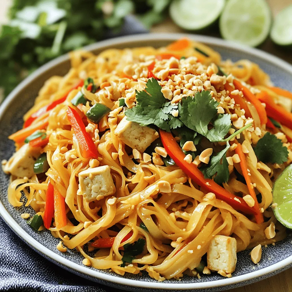 To make a tasty Vegetable Pad Thai, you need these ingredients: - 8 oz rice noodles - 2 tablespoons vegetable oil - 1 cup firm tofu, cubed - 2 cloves garlic, minced - 1 cup carrots, julienned - 1 red bell pepper, thinly sliced - 1 cup bean sprouts - 2 green onions, chopped - 2 eggs, lightly beaten (optional for a vegetarian version) - 3 tablespoons soy sauce - 1 tablespoon tamarind paste - 1 tablespoon brown sugar - 1 teaspoon chili powder (adjust to taste) - 1/4 cup crushed peanuts - Fresh cilantro for garnish - Lime wedges for serving You can change up the recipe with these optional ingredients: - Broccoli florets for more crunch - Snap peas for a sweet touch - Mushrooms for an earthy flavor - Sriracha sauce for extra heat - Fresh basil for a fragrant twist Each main ingredient adds key nutrients: - Rice noodles provide energy from carbs. - Tofu is high in protein and calcium. - Carrots are rich in vitamins A and C. - Bell peppers offer antioxidants and fiber. - Bean sprouts are low in calories and high in vitamins. - Eggs (if used) add protein and healthy fats. - Peanuts give healthy fats and protein. Using these ingredients, you create a balanced meal that is both delicious and nutritious. For the full recipe, check the cooking instructions to bring it all together! To start, cook the rice noodles. Follow the package instructions for the best results. Once cooked, drain them well. Rinsing them under cold water helps prevent sticking. It's key to set them aside while you prepare the other ingredients. These noodles are the heart of your dish, so make sure they're ready to go! Next, it's time for the tofu. Use firm tofu for this recipe. Cut it into small cubes. Heat vegetable oil in a large skillet or wok over medium-high heat. When the oil is hot, add the cubed tofu. Sauté until golden on all sides, roughly 5-7 minutes. This gives the tofu a nice, crispy texture. Once done, remove the tofu from the skillet and set it aside. This step adds a lovely protein to your Vegetable Pad Thai. Now onto the vegetables! In the same skillet, add minced garlic and sauté for about 30 seconds. This will make your kitchen smell great! Next, add julienned carrots and thinly sliced red bell pepper. Stir-fry these for 3-4 minutes. You want them to start softening but still stay crunchy. This balance keeps your dish fresh and vibrant. After that, you can move on to combining everything! For the full recipe, check out the instructions above. Start by soaking your rice noodles in warm water. This softens them before cooking. The key is to not overcook them. Follow the package instructions carefully. Drain and rinse the noodles with cold water. This helps them stay firm and prevents sticking. To control spice, start with less chili powder. You can always add more later. Mix the chili powder with the sauce. Taste it before adding to your noodles. If you want more heat, add fresh chili slices or chili flakes. Remember, you can always adjust as you cook. Prep your ingredients ahead of time. Chop vegetables and tofu before you start cooking. Use a large skillet for quick cooking and easy mixing. Keep the sauce ready in a bowl for fast addition. This way, you can make a delicious meal in under 30 minutes. For a good recipe to follow, check out the Full Recipe. {{image_2}} If you want a vegan version, skip the eggs. You can still enjoy great flavor. Replace eggs with extra tofu for protein and texture. Just add more cubed tofu while cooking. It will soak up the sauce nicely. This change keeps it filling and tasty. Tempeh and seitan are great protein swaps. Tempeh offers a nutty taste. Cut it into cubes and sauté it like tofu. Seitan has a chewy texture, which some prefer. Cube it and stir-fry until golden. Both options add a nice twist to your Vegetable Pad Thai. Feel free to mix in seasonal veggies. In spring, add snap peas or asparagus for crunch. Summer is perfect for zucchini or bell peppers. In fall, try adding pumpkin or butternut squash. Winter calls for hearty greens like kale or bok choy. These swaps keep your dish fresh and exciting. Use the full recipe for ideas on how to combine these flavors. To keep your Vegetable Pad Thai fresh, place it in an airtight container. This helps to lock in flavor and prevent it from drying out. Store it in the fridge for up to three days. If you notice any excess moisture, use a paper towel to absorb it before sealing the container. When you're ready to enjoy your leftovers, reheat them gently. You can use a skillet over low heat. Add a splash of water or soy sauce to keep it moist. Stir often to heat evenly. If you prefer, use a microwave. Heat in short bursts of 30 seconds, stirring in between. You can freeze Vegetable Pad Thai for later enjoyment. Place it in a freezer-safe container. Make sure to leave some space at the top for expansion. It can last up to three months in the freezer. To reheat, let it thaw overnight in the fridge. Then, use the same reheating tips as before for the best flavor. For the complete recipe, check out the Full Recipe. The best Pad Thai sauce blends sweet, salty, and tangy flavors. You can mix soy sauce, tamarind paste, and brown sugar. Start with three tablespoons of soy sauce, one tablespoon of tamarind paste, and one tablespoon of brown sugar. Stir this well to dissolve the sugar. You can add chili powder for a spicy kick. Taste it and adjust the flavors to fit your liking. Yes, you can use gluten-free noodles! Rice noodles are a great gluten-free option for Pad Thai. Just make sure to check the package for cooking instructions. If you prefer other gluten-free noodles, look for options made from mung beans or buckwheat. These can add unique flavors and textures to your dish. Vegetable Pad Thai lasts for about three to four days in the fridge. Store it in an airtight container to keep it fresh. You can enjoy it as a quick meal during the week. If it smells or looks off, it’s best to toss it out. You can serve Vegetable Pad Thai with several sides. A fresh green salad with lime dressing works well. You can also add spring rolls for extra crunch. If you want something warm, serve it with miso soup. These options will complement the flavors nicely. Yes, Vegetable Pad Thai can be healthy! It is packed with colorful veggies, protein from tofu, and healthy fats from peanuts. You control the sugar and salt by adjusting the sauce. It’s also a great way to enjoy a variety of nutrients in one dish. Eating it in moderation can fit well into a balanced diet. For more details on how to create this dish, check out the Full Recipe. In this post, we explored the flavorful world of vegetable Pad Thai. We covered essential ingredients, steps to prepare, and tips for a perfect dish. Remember, you can customize the meal with different proteins and spices. Storing leftover Pad Thai is easy, so enjoy it later! This dish is not just tasty; it’s healthy too. By following these steps, you can impress friends and family with your cooking skills. Dive into making your own Pad Thai and savor every bite!