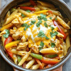 To make One Pot Chicken Fajita Pasta, gather these simple ingredients. They create a meal that is tasty and filling. - 2 boneless, skinless chicken breasts, cubed - 1 tablespoon olive oil - 1 onion, thinly sliced - 1 bell pepper (any color), sliced - 2 cloves garlic, minced - 1 teaspoon chili powder - 1 teaspoon cumin - 1/2 teaspoon paprika - Salt and pepper to taste - 8 oz (about 2 cups) uncooked penne pasta - 3 cups chicken broth - 1 can (14 oz) diced tomatoes, drained - 1 cup frozen corn - 1/2 cup shredded cheddar cheese - Fresh cilantro, for garnish Each item plays a key role in building flavor. The chicken is your protein, while the bell pepper and onion add a sweet crunch. The spices like chili powder and cumin give a warm kick. Using penne pasta makes it easy to cook and enjoy. The chicken broth adds depth, and the cheese brings creaminess. Don't forget the cilantro for a fresh finish! For the full recipe, check out the details above. First, heat the olive oil in a large pot over medium-high heat. Add the cubed chicken. Season it with salt, pepper, chili powder, cumin, and paprika. Sear the chicken until it turns golden brown, about 5 to 7 minutes. This step gives your dish great flavor. Once the chicken is cooked through, remove it from the pot and set it aside. In the same pot, add the sliced onion, bell pepper, and minced garlic. Stir them well. Cook for about 3 to 4 minutes. You want the vegetables to become tender but not mushy. Their sweetness will add depth to your dish. Now, it’s time to mix everything together. Add the uncooked penne pasta, chicken broth, drained diced tomatoes, and frozen corn to the pot. Stir to combine all ingredients evenly. Bring the mixture to a boil. Then, lower the heat to a simmer. Cover the pot and cook for about 12 to 15 minutes. Stir occasionally until the pasta is al dente and has absorbed most of the liquid. Finally, return the cooked chicken to the pot. Stir in the shredded cheddar cheese until it melts and blends with the pasta. For the full recipe, check the details above. To make tender chicken, cut it into small cubes. This helps it cook evenly. Season the chicken well with salt, pepper, and spices. Sear it until golden brown. This step locks in flavors. Be sure not to overcook it; this keeps it juicy. For the pasta, use uncooked penne. Add it to the pot with broth and other ingredients. This lets it soak up the flavors. Stir the mix often while it cooks. If the pasta seems dry, add a little more broth. This helps it cook perfectly al dente. Garnish your dish with fresh cilantro for a burst of color and flavor. You can also add lime wedges for a zesty kick. Pair the pasta with a side salad for added crunch. Fresh bread works well too, perfect for soaking up the sauce. If you're feeling adventurous, try adding some sliced jalapeños for heat. This dish is all about your taste, so make it your own! For the full recipe, check out the complete guide. {{image_2}} You can easily change the protein in this dish. Try shrimp or beef for a twist. Shrimp cooks fast and adds a nice flavor. Beef gives it a heartier taste. If you want a vegetarian version, use tofu or beans instead. Tofu absorbs flavors well, while beans add protein and fiber. Want more kick? Add hot sauce or jalapeños. They bring heat and extra flavor. You can also toss in more veggies. Zucchini and spinach work great in this dish. They enhance nutrition and color. Just remember to chop them into small pieces so they cook well with the pasta. For the full recipe, check out the One Pot Chicken Fajita Pasta . To keep your One Pot Chicken Fajita Pasta fresh, follow these steps. First, let the dish cool down. Then, place it in an airtight container. Store it in the fridge for up to three days. This helps maintain flavor and quality. If you want to keep it longer, freeze it. Use freezer-safe containers or bags. It can last for about two months in the freezer. When reheating pasta, you have a few good options. You can use the microwave or the stovetop. For the microwave, place the pasta in a bowl. Add a splash of water to keep it moist. Heat it in short bursts, stirring often. This helps heat it evenly. For the stovetop, use a skillet on low heat. Add a little water or broth. Stir gently until it warms through. This method keeps the pasta from getting too mushy. Enjoy your flavorful meal again! Yes, you can make this dish in advance. To do this, follow these tips: - Cook the pasta and chicken as usual. - Let the dish cool to room temp. - Store it in an airtight container in the fridge. - It stays fresh for about 3 days. - When ready to eat, heat it in a pot on low. Add a splash of broth to keep it moist. If you want more heat, try these ideas: - Add diced jalapeños when cooking the veggies. - Sprinkle in some cayenne pepper with the spices. - Stir in your favorite hot sauce just before serving. - Top with sliced fresh chili for a kick! Yes, you can use different pasta types. Here are some options: - Gluten-free pasta works well for those with gluten issues. - Fusilli or rotini can add fun shapes to your dish. - Whole wheat pasta gives extra fiber and a nutty taste. - Just keep an eye on cooking times, as they may vary. If the pasta seems too dry, follow these tips: - Add a little more chicken broth to the pot. - Stir well and heat gently to mix in moisture. - You can also add a splash of water if needed. - If you want creaminess, stir in some cream or sour cream. Feel free to check the Full Recipe for more details on making this delicious meal! This blog post shared a simple and tasty chicken pasta recipe. We covered key ingredients like chicken and spices. I detailed step-by-step cooking methods, from searing chicken to sautéing vegetables. Tips helped you perfect the dish, while variations allowed for creativity. Storing leftovers and reheating methods ensured you enjoy every bite later. Experiment with different flavors and ingredients. Cooking should be fun and flexible. Enjoy making this dish and share it with friends!