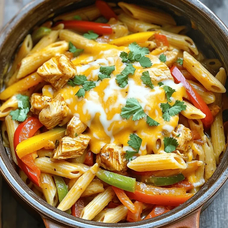 To make One Pot Chicken Fajita Pasta, gather these simple ingredients. They create a meal that is tasty and filling. - 2 boneless, skinless chicken breasts, cubed - 1 tablespoon olive oil - 1 onion, thinly sliced - 1 bell pepper (any color), sliced - 2 cloves garlic, minced - 1 teaspoon chili powder - 1 teaspoon cumin - 1/2 teaspoon paprika - Salt and pepper to taste - 8 oz (about 2 cups) uncooked penne pasta - 3 cups chicken broth - 1 can (14 oz) diced tomatoes, drained - 1 cup frozen corn - 1/2 cup shredded cheddar cheese - Fresh cilantro, for garnish Each item plays a key role in building flavor. The chicken is your protein, while the bell pepper and onion add a sweet crunch. The spices like chili powder and cumin give a warm kick. Using penne pasta makes it easy to cook and enjoy. The chicken broth adds depth, and the cheese brings creaminess. Don't forget the cilantro for a fresh finish! For the full recipe, check out the details above. First, heat the olive oil in a large pot over medium-high heat. Add the cubed chicken. Season it with salt, pepper, chili powder, cumin, and paprika. Sear the chicken until it turns golden brown, about 5 to 7 minutes. This step gives your dish great flavor. Once the chicken is cooked through, remove it from the pot and set it aside. In the same pot, add the sliced onion, bell pepper, and minced garlic. Stir them well. Cook for about 3 to 4 minutes. You want the vegetables to become tender but not mushy. Their sweetness will add depth to your dish. Now, it’s time to mix everything together. Add the uncooked penne pasta, chicken broth, drained diced tomatoes, and frozen corn to the pot. Stir to combine all ingredients evenly. Bring the mixture to a boil. Then, lower the heat to a simmer. Cover the pot and cook for about 12 to 15 minutes. Stir occasionally until the pasta is al dente and has absorbed most of the liquid. Finally, return the cooked chicken to the pot. Stir in the shredded cheddar cheese until it melts and blends with the pasta. For the full recipe, check the details above. To make tender chicken, cut it into small cubes. This helps it cook evenly. Season the chicken well with salt, pepper, and spices. Sear it until golden brown. This step locks in flavors. Be sure not to overcook it; this keeps it juicy. For the pasta, use uncooked penne. Add it to the pot with broth and other ingredients. This lets it soak up the flavors. Stir the mix often while it cooks. If the pasta seems dry, add a little more broth. This helps it cook perfectly al dente. Garnish your dish with fresh cilantro for a burst of color and flavor. You can also add lime wedges for a zesty kick. Pair the pasta with a side salad for added crunch. Fresh bread works well too, perfect for soaking up the sauce. If you're feeling adventurous, try adding some sliced jalapeños for heat. This dish is all about your taste, so make it your own! For the full recipe, check out the complete guide. {{image_2}} You can easily change the protein in this dish. Try shrimp or beef for a twist. Shrimp cooks fast and adds a nice flavor. Beef gives it a heartier taste. If you want a vegetarian version, use tofu or beans instead. Tofu absorbs flavors well, while beans add protein and fiber. Want more kick? Add hot sauce or jalapeños. They bring heat and extra flavor. You can also toss in more veggies. Zucchini and spinach work great in this dish. They enhance nutrition and color. Just remember to chop them into small pieces so they cook well with the pasta. For the full recipe, check out the One Pot Chicken Fajita Pasta . To keep your One Pot Chicken Fajita Pasta fresh, follow these steps. First, let the dish cool down. Then, place it in an airtight container. Store it in the fridge for up to three days. This helps maintain flavor and quality. If you want to keep it longer, freeze it. Use freezer-safe containers or bags. It can last for about two months in the freezer. When reheating pasta, you have a few good options. You can use the microwave or the stovetop. For the microwave, place the pasta in a bowl. Add a splash of water to keep it moist. Heat it in short bursts, stirring often. This helps heat it evenly. For the stovetop, use a skillet on low heat. Add a little water or broth. Stir gently until it warms through. This method keeps the pasta from getting too mushy. Enjoy your flavorful meal again! Yes, you can make this dish in advance. To do this, follow these tips: - Cook the pasta and chicken as usual. - Let the dish cool to room temp. - Store it in an airtight container in the fridge. - It stays fresh for about 3 days. - When ready to eat, heat it in a pot on low. Add a splash of broth to keep it moist. If you want more heat, try these ideas: - Add diced jalapeños when cooking the veggies. - Sprinkle in some cayenne pepper with the spices. - Stir in your favorite hot sauce just before serving. - Top with sliced fresh chili for a kick! Yes, you can use different pasta types. Here are some options: - Gluten-free pasta works well for those with gluten issues. - Fusilli or rotini can add fun shapes to your dish. - Whole wheat pasta gives extra fiber and a nutty taste. - Just keep an eye on cooking times, as they may vary. If the pasta seems too dry, follow these tips: - Add a little more chicken broth to the pot. - Stir well and heat gently to mix in moisture. - You can also add a splash of water if needed. - If you want creaminess, stir in some cream or sour cream. Feel free to check the Full Recipe for more details on making this delicious meal! This blog post shared a simple and tasty chicken pasta recipe. We covered key ingredients like chicken and spices. I detailed step-by-step cooking methods, from searing chicken to sautéing vegetables. Tips helped you perfect the dish, while variations allowed for creativity. Storing leftovers and reheating methods ensured you enjoy every bite later. Experiment with different flavors and ingredients. Cooking should be fun and flexible. Enjoy making this dish and share it with friends!