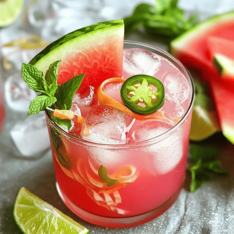 - 2 cups seedless watermelon, cubed - 1/4 cup fresh lime juice (about 2 limes) - 1 tablespoon agave syrup (adjust to taste) - 1 jalapeño, sliced (seeds removed for less heat) - Sparkling water or club soda - Ice cubes The key to a great Spicy Watermelon Margarita Mocktail starts with fresh ingredients. I love using ripe seedless watermelon. It gives a sweet and juicy base. Fresh lime juice adds a bright, tangy flavor. Agave syrup is my go-to for sweetness. You can adjust the amount based on how sweet you like your drink. For a kick, I add sliced jalapeño. Make sure to remove the seeds if you prefer less heat. Finally, sparkling water or club soda adds a fizzy touch. It makes the drink light and refreshing. Ice cubes keep everything chilled and enjoyable on a hot day. - Lime wedges - Watermelon slices - Fresh mint leaves Garnishes elevate your drink. I often use lime wedges for a pop of color and extra zest. Watermelon slices add a fun and fruity touch. Fresh mint leaves give a nice aroma and freshness. These garnishes not only look great but also enhance the flavor. They make the mocktail feel special and inviting. Enjoy creating your Spicy Watermelon Margarita Mocktail with these simple yet vibrant ingredients. For a full recipe, refer to the section above. To start, you want to blend the watermelon and lime juice. I suggest using 2 cups of cubed seedless watermelon. Add 1/4 cup of fresh lime juice to the blender. Blend until the mix is smooth and vibrant. It should look like a bright pink smoothie. Next, strain the mixture through a fine sieve into a large pitcher. This step removes the pulp, giving you a smooth drink. Discard the pulp and keep the juice. Now it's time to add sweetness and spice. Add 1 tablespoon of agave syrup to the mixture. Adjust this amount based on your taste. Then, slice one jalapeño. If you want less heat, make sure to remove the seeds. Stir the jalapeño slices into the watermelon-lime juice mix. Let the jalapeño sit in the mixture for about 10 minutes. This time allows the spicy flavor to infuse into the juice. If you prefer a milder drink, you can remove the jalapeño slices sooner. Taste as you go to find your perfect heat level. When you’re ready to serve, fill glasses with ice cubes. Pour the strained watermelon mixture over the ice until each glass is about two-thirds full. This keeps the drink chilled and refreshing. Top each glass with sparkling water or club soda to fill it up. Give it a gentle stir to mix everything. Finally, garnish your mocktail with a lime wedge, a watermelon slice, and a sprig of fresh mint. This adds a nice touch and makes it look beautiful. For the full recipe, check out the instructions above. Enjoy your fresh and spicy watermelon margarita mocktail! To choose the perfect ripe watermelon, look for a few key signs. First, pick it up; it should feel heavy for its size. Next, check the skin for a yellow spot. This spot shows where it rested on the ground and ripened. A smooth surface usually means good quality. Avoid watermelons with dents or soft spots. Balancing sweetness and spiciness is crucial for this mocktail. You can add more agave syrup if it’s too spicy. Start with a little, then taste and adjust. For varied heat levels, try different peppers. Use a poblano for mild heat or a serrano for more kick. Each pepper brings a unique flavor that can enhance your drink. Presentation makes a big difference. Use fun glassware to impress your guests. You can try mason jars or colorful tumblers. Garnishing is key, too! Add a lime wedge or a watermelon slice on the rim. Fresh mint leaves not only look great but also add a refreshing scent. These small touches turn a simple drink into a stunning treat. For the full recipe, you can refer to the earlier section. {{image_2}} You can switch up the fruit in your spicy watermelon margarita mocktail. Try using fresh pineapple for a sweet twist. Pineapple adds a tropical flair that pairs well with the spice. You can also use cucumber for a cool, refreshing taste. Cucumber lightens the drink and balances the heat from the jalapeño. If you want a different sweet flavor, consider using honey or simple syrup. Honey brings a rich, floral note to your drink. It can add depth without masking the fruit. Simple syrup is easy to make and blends well in beverages. Just mix equal parts sugar and water until dissolved. Adjust the level of sweetness to fit your taste. Adding herbs to your mocktail can give it an exciting twist. Fresh basil or rosemary can enhance the flavor. Basil offers a sweet, peppery taste that complements the watermelon. Rosemary adds a piney, aromatic quality that works well with the lime. Muddle the herbs in the bottom of your glass before adding the drink for the best results. To store leftover watermelon, wrap it tightly in plastic wrap. This keeps it fresh for about 3 to 5 days. Place the wrapped watermelon in the fridge. Cut pieces should go in an airtight container. This method helps prevent the watermelon from drying out. If your watermelon starts to smell or look mushy, it's time to toss it out. For the prepared mocktail, store it in a pitcher with a lid. Keep it in the fridge for up to 24 hours. However, the longer it sits, the less fresh it tastes. If you plan to store it, don’t add the sparkling water yet. This keeps the drink fizzy and refreshing. Just before serving, pour the mocktail over ice and top it with sparkling water. You can prepare the drink ahead for parties. Blend the watermelon and lime juice a day before. Store it in the fridge until you're ready to serve. You can also slice the jalapeño ahead of time. Just remember to keep it in an airtight container. On the day of your gathering, mix everything together and enjoy! For the best flavor, infuse the jalapeño just before serving. This method gives a fresh taste. Check out the Full Recipe for more details. Yes, you can make this mocktail ahead of time. Mix the watermelon and lime juice in advance. Store it in the fridge for up to two hours. Add the jalapeño slices just before serving. This keeps the flavor fresh and spicy. If you want to store it longer, keep the jalapeños out. You can also prep your garnishes ahead. To adjust the sweetness, change the amount of agave syrup. Start with one tablespoon, then taste. If it’s not sweet enough, add more agave little by little. You can also use honey or simple syrup as a sweetener. If you want a less sweet drink, skip the syrup. This mocktail is flexible to suit your taste. You can get creative with garnishes! Try using fresh basil or rosemary for a twist. Slices of cucumber also add a refreshing touch. You can even use chili powder on the rim for extra spice. Lime zest adds color and flavor, too. Feel free to mix and match based on your mood! This blog post covered how to create a Spicy Watermelon Margarita Mocktail. We explored key ingredients like watermelon, lime juice, jalapeño, and agave syrup. I shared steps for making and garnishing your drink, plus tips for choosing the best watermelon and balancing flavors. Final thoughts: Feel free to experiment with variations and garnishes. Enjoy crafting and sharing this refreshing mocktail for any occasion!