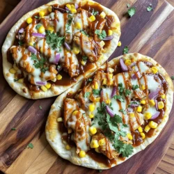 - Flatbreads (or naan) - Cooked chicken and BBQ sauce - Toppings like cheese and vegetables For this BBQ chicken flatbread, you need simple and tasty ingredients. Here’s what to gather: - 2 flatbreads or naan: These are your base. They should be soft yet sturdy. - 1 cup cooked chicken, shredded: You can use leftover chicken or rotisserie chicken. - 1 cup BBQ sauce: Choose your favorite, whether homemade or store-bought. - 1 cup mozzarella cheese, shredded: This will melt beautifully and add creaminess. - 1/2 cup red onion, thinly sliced: This adds a nice crunch and flavor. - 1/2 cup corn kernels: Use fresh, frozen, or canned for sweetness. - 1/4 cup fresh cilantro, chopped: This gives a fresh taste and bright color. - 1 tablespoon olive oil: Use this to brush the flatbreads. - Salt and pepper to taste: These will enhance the flavors. This list makes it easy to whip up your BBQ chicken flatbread. Each ingredient plays a role in taste and texture. Want to see how to make it? Check out the Full Recipe for all the steps! 1. Preheating the oven First, set your oven to 400°F (200°C). This helps get the flatbreads nice and crispy. 2. Mixing chicken with BBQ sauce In a bowl, take 1 cup of shredded chicken. Pour in 1 cup of BBQ sauce. Mix them well until the chicken is fully coated. 3. Preparing the flatbreads Grab 2 flatbreads or naan. Brush them lightly with 1 tablespoon of olive oil. Add a pinch of salt and pepper to taste. 1. Spreading the chicken mixture Evenly spread the BBQ chicken mixture on each flatbread. Leave a small border around the edges for a neat look. 2. Adding cheese and toppings Sprinkle 1 cup of shredded mozzarella cheese on top of the chicken. Then, add 1/2 cup of thinly sliced red onion and 1/2 cup of corn kernels evenly over the cheese. 1. Baking duration and temperature Place the flatbreads on a baking sheet lined with parchment paper. Bake for 12-15 minutes until the cheese is bubbly and golden brown. 2. Cooling and garnishing Once baked, take them out and let them cool for a couple of minutes. Before serving, garnish with 1/4 cup of chopped fresh cilantro for added flavor and color. To cook your BBQ chicken flatbread evenly, follow these tips: - Preheat your oven to 400°F (200°C) for the best results. - Use a baking sheet lined with parchment paper. This helps prevent sticking. - Brush your flatbreads lightly with olive oil. This adds flavor and helps them crisp up. - Bake for 12-15 minutes. Keep an eye on the cheese. It should be bubbly and golden. For a crispy flatbread, consider these steps: - Thinly roll or stretch the flatbreads. Thinner bread gets crispy faster. - Avoid stacking the toppings too high. This can weigh down the bread. - If you like extra crunch, bake the flatbreads without toppings for 5 minutes first. Presentation matters! Here are some ideas to serve your flatbread: - Use a wooden cutting board to create a rustic look. - Slice the flatbreads into wedges for easy sharing. - Drizzle extra BBQ sauce on top for added flavor and a nice visual. Pair your flatbread with these side dishes: - A fresh green salad adds a nice crunch. - Corn on the cob works well, too, with the BBQ theme. - Chips and guacamole can be a fun side for a casual meal. To take your BBQ chicken flatbread to the next level: - Experiment with different BBQ sauces. Try a spicy or smoky sauce for a twist. - Add jalapeños for heat. They pair well with the sweetness of the BBQ sauce. - Mix in other cheeses, like cheddar or gouda, for a richer flavor. Using these tips, you can make your BBQ chicken flatbread even more amazing. Check out the Full Recipe for more details. {{image_2}} You can easily change the protein in BBQ chicken flatbread. For vegetarians, use grilled veggies or black beans. These options add great flavor and texture. If you want to stick with meats, try pulled pork or shredded beef. Both bring a different taste to the dish. If you need gluten-free options, look for gluten-free flatbreads. Many stores sell them now. You can also use a cauliflower crust for a lighter choice. For cheese lovers who avoid dairy, there are many dairy-free cheese alternatives. Try almond or cashew-based cheeses. They melt well and taste great. Swapping ingredients can keep your BBQ chicken flatbread fresh and fun. Use seasonal vegetables like bell peppers, zucchini, or spinach. They add color and nutrition. You can also experiment with different BBQ sauces. A spicy chipotle sauce or a tangy mustard sauce can change the whole flavor. Don't be afraid to try new things! For the full recipe, check out the [Full Recipe]. To keep your BBQ chicken flatbread fresh, wrap it tightly in plastic wrap or foil. Place it in an airtight container. This helps seal in moisture and flavor. Store it in the fridge for up to three days. When you're ready to eat, reheat it in the oven at 350°F. This keeps the flatbread crispy and the cheese melty. Heat for about 10 minutes, or until it's warmed through. You can freeze your flatbreads for a quick meal later. Before freezing, let them cool completely. Wrap each flatbread in plastic wrap and then in aluminum foil to prevent freezer burn. Store them in the freezer for up to three months. When you want to enjoy them, take one out and let it thaw in the fridge overnight. Then, reheat it in the oven, as mentioned before. BBQ chicken flatbreads taste best when fresh. They last about three days in the fridge. Look for signs of spoilage, like an off smell or a change in texture. If the flatbread feels soggy or the toppings look dry, it’s time to toss it. Always trust your senses; if something seems off, don’t risk it. What can I substitute for flatbread? You can use naan, pita, or even tortillas. These options work well and can hold the toppings. Can I use raw chicken for this recipe? No, it is best to use cooked chicken. Cooking the chicken first keeps it safe and tender. How is BBQ chicken flatbread typically served? I serve it warm, cut into wedges. You can add extra BBQ sauce on top for flavor. What to do if the flatbread is soggy? If your flatbread is soggy, try baking it longer. You can also pre-bake the flatbread slightly before adding toppings. How can I make it spicier? Add sliced jalapeños or a dash of hot sauce to the BBQ chicken mix. This adds heat and flavor. For detailed guidance, check the [Full Recipe](#). BBQ chicken flatbreads make a tasty meal. We covered the main ingredients, from chicken to toppings. I shared easy steps for prep, assembly, and baking. Plus, I included tips for perfect results and fun variations. You can easily modify it for different diets or flavors. Store leftovers right to keep them fresh. With the right care, they taste great later. Enjoy your creating and flavors, and don't forget to share your unique twists!