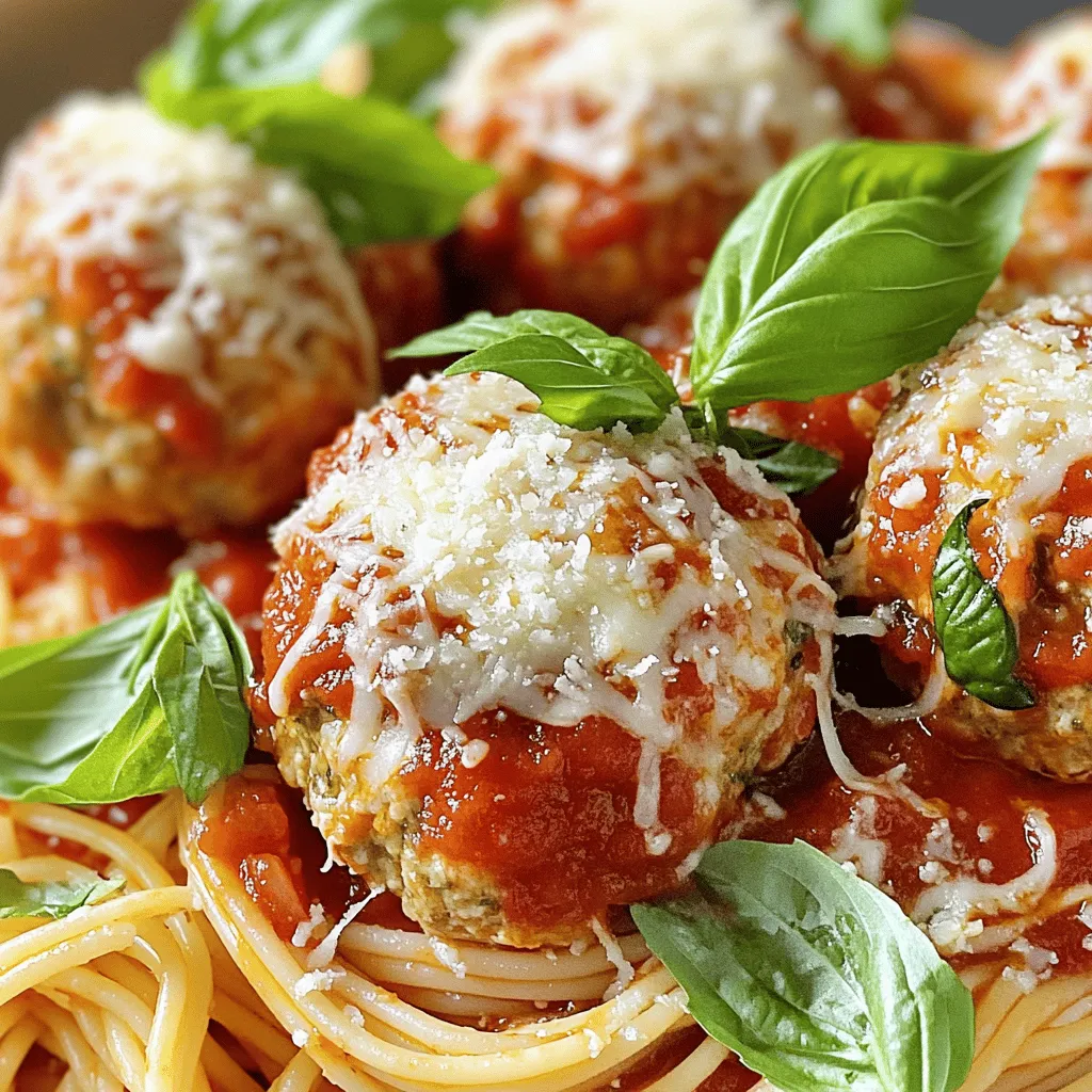 To make tasty chicken Parmesan meatballs, you need these key ingredients: - 1 lb ground chicken - 1 cup breadcrumbs (preferably Italian-seasoned) - ½ cup grated Parmesan cheese - ½ cup shredded mozzarella cheese - 1 large egg - 2 cloves garlic, minced - 1 teaspoon dried oregano - 1 teaspoon dried basil - ½ teaspoon salt - ¼ teaspoon black pepper - 1 cup marinara sauce - Fresh basil for garnish These ingredients create a rich and flavorful base for the meatballs. The ground chicken keeps them light, while the cheeses add creaminess and depth. The herbs bring in a lovely aroma and taste. You can add a few optional ingredients to fit your taste: - Red pepper flakes for heat - Fresh parsley for a fresh twist - Sautéed onions for sweetness - Spinach for added nutrition Feel free to get creative! Each addition can change the flavor and keep things interesting. Here are some tools that will help you make these meatballs: - Mixing bowl - Baking sheet - Parchment paper - Measuring cups and spoons - Meatball scoop or your hands Using these tools makes the process quick and easy. You’ll have everything ready to help you create these delicious chicken Parmesan meatballs. For the full recipe, check out the detailed steps. Making Chicken Parmesan meatballs is quick and easy. You need to gather your ingredients. Then, mix them in a bowl. After that, shape the mixture into meatballs. Finally, bake them in the oven until golden brown. 1. Preheat the oven: Start by preheating your oven to 400°F (200°C). This ensures even cooking. Line a baking sheet with parchment paper. This step helps with easy cleanup. 2. Mix the ingredients: In a large bowl, combine the ground chicken, breadcrumbs, Parmesan, mozzarella, egg, garlic, oregano, basil, salt, and black pepper. Use your hands for mixing. Make sure everything is well combined. 3. Shape the meatballs: With clean hands, take a portion of the mixture. Form it into a ball about 1.5 inches wide. Place each ball on the lined baking sheet. 4. Bake the meatballs: Put the baking sheet in the oven. Bake the meatballs for 20-25 minutes. They should be cooked through and have a nice golden brown color. 5. Heat the sauce: While the meatballs bake, pour the marinara sauce into a small saucepan. Heat it over medium heat. Stir occasionally to prevent sticking. 6. Coat the meatballs: Once the meatballs are done, take them out of the oven. Carefully move them to the saucepan with the marinara sauce. Gently toss the meatballs to coat them evenly. 7. Serve: Place the meatballs on a plate. You can sprinkle fresh basil and extra Parmesan on top if you like. For the full recipe, check out the entire guide. - Preheat oven: 400°F (200°C) - Bake meatballs: 20-25 minutes - Prep time: 15 minutes - Total time: 35 minutes This method makes sure your Chicken Parmesan meatballs are tasty and easy to prepare. Enjoy your cooking! To get the best texture in your chicken Parmesan meatballs, follow these tips: - Use fresh ground chicken. It keeps the meatballs moist. - Don’t overmix the ingredients. This helps the meatballs stay tender. - Shape them gently. A light touch makes a big difference. - Bake rather than fry. Baking gives a nice crust without added fat. Avoid these common pitfalls for perfect meatballs: - Using too much breading. It can dry out the meatballs. - Skipping the egg. It binds the mixture and keeps it moist. - Not measuring spices. Too little or too much can change the taste. - Overcooking them. Keep an eye on the time; they should be juicy. Enhance the flavor of your chicken Parmesan meatballs with these ideas: - Add fresh herbs like parsley or thyme for a burst of freshness. - Use garlic powder for a quick flavor boost. - Mix in some red pepper flakes for a touch of heat. - Serve with a sprinkle of extra Parmesan and fresh basil for a lovely finish. For the full details on making these tasty chicken Parmesan meatballs, check out the Full Recipe. {{image_2}} You can swap ground chicken for other meats. Ground turkey works great and stays juicy. Ground beef gives a richer flavor. Ground pork adds a nice touch of sweetness. Mix meats for a special taste. Each meat changes the flavor and texture. For a meat-free version, try lentils or chickpeas. Mash cooked lentils and mix with breadcrumbs and spices. Use grated zucchini for moisture. If you want a vegan option, use flaxseed meal and water as a binder. These options are tasty and healthy! You can give your meatballs a twist by adding spices. Try adding cumin and coriander for a Middle Eastern vibe. For an Italian twist, add sun-dried tomatoes and Italian herbs. A bit of ginger and soy sauce can give them an Asian flair. Each twist makes your dish unique. For more details on making these meatballs, check the Full Recipe. To keep your chicken Parmesan meatballs fresh, place them in an airtight container. Make sure they cool down first to avoid steam buildup. Store them in the fridge for up to three days. If you want to enjoy them later, freezing is a great option. To freeze the meatballs, first let them cool completely. Then, place them in a single layer on a baking sheet. Freeze them for about an hour. Once frozen, transfer the meatballs to a freezer-safe bag. They can last for up to three months. When you're ready, just pull them out and use them in your favorite dishes. When reheating, you have a few options. For the best taste, use the oven. Preheat it to 350°F (175°C), then place the meatballs on a baking sheet. Heat them for about 15 minutes. You can also use the microwave. Just place the meatballs on a plate and cover them. Heat for one to two minutes, checking often. Enjoy your chicken Parmesan meatballs as if they were fresh from the oven! Serve Chicken Parmesan meatballs with a rich marinara sauce. You can lay them on a bed of spaghetti. This adds a nice touch. Top with fresh basil and extra Parmesan for flavor. You can also use them in a sub roll. This makes a tasty meatball sandwich. Yes, you can make Chicken Parmesan meatballs ahead of time. Prepare them and store in the fridge for a day. For longer storage, freeze them in an airtight container. Just remember to thaw before cooking. This saves time on busy days. Many sides go well with Chicken Parmesan meatballs. A side salad adds freshness. Garlic bread is a perfect match for dipping. Roasted veggies can add color and crunch. You might also enjoy a creamy polenta or a light risotto on the side. Check the meatballs after 20-25 minutes in the oven. They should be golden brown and firm to the touch. A meat thermometer is a great tool. Insert it into the center; it should read 165°F (74°C). This ensures they are safe to eat. In this post, we covered how to make Chicken Parmesan Meatballs, from needed ingredients to tips for success. I shared ways to customize your meatballs and avoid common mistakes. Different flavor options and storage tips help you meal prep easily. Remember, cooking is fun and creative! Explore different tools and variations to make this dish your own. Enjoy your tasty Chicken Parmesan Meatballs and impress your friends and family!