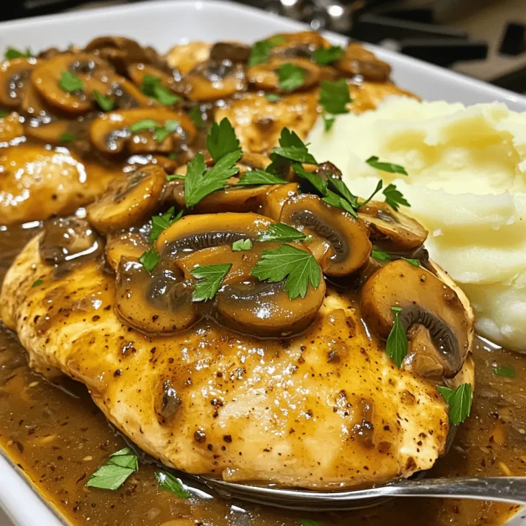 Here’s what you need for an easy Chicken Marsala. Gather these simple items to get started: - 2 boneless, skinless chicken breasts - 1/2 cup all-purpose flour - Salt and pepper, to taste - 2 tablespoons olive oil - 1 tablespoon butter - 8 oz mushrooms, sliced (button or cremini) - 1 cup chicken broth - 1 tablespoon balsamic vinegar - 2 cloves garlic, minced - 1 teaspoon dried oregano - Fresh parsley, chopped (for garnish) These ingredients make a tasty dish that’s both filling and flavorful. The chicken breasts give you protein, while the mushrooms add a nice earthiness. The balsamic vinegar brings a tangy twist. You can find most of these items in your pantry or local store. If you want to make this dish your own, try using different kinds of mushrooms or adding herbs you love. For the full recipe, check out the detailed steps that follow. To start, you need to flatten the chicken breasts. Use a meat mallet or a rolling pin. Make them about 1/2 inch thick for even cooking. Next, season the flour with salt and pepper. Place the flour in a shallow dish. Dredge each chicken breast in the seasoned flour. Shake off any extra flour. Now, heat olive oil and butter in a large skillet. Set the heat to medium-high. Wait until the butter melts and becomes bubbly. Add the chicken breasts to the skillet. Cook each side for about 4-5 minutes until golden brown. Make sure they are cooked through. Once done, remove the chicken and set it aside. In the same skillet, add the sliced mushrooms. Cook them until they are tender and browned, which takes about 5-7 minutes. Then, stir in the minced garlic and cook for one more minute. The smell will be amazing! Pour in the chicken broth and balsamic vinegar. Scrape up any browned bits from the bottom. Add the dried oregano and bring the mixture to a simmer. Return the chicken to the skillet. Let it simmer in the sauce for an additional 2-3 minutes. This helps the chicken absorb all the great flavors. Taste the sauce and adjust the seasoning if needed. Once heated through, garnish the dish with fresh parsley. Enjoy your delicious Easy Chicken Marsala! You can find the full recipe above for more details. To make your chicken marsala shine, follow these cooking tips: - Cooking Times: Cook each chicken breast for about 4-5 minutes on each side. This helps them turn golden and stay juicy. Check with a meat thermometer; the chicken should reach 165°F (75°C). - Sautéing Mushrooms: When you sauté mushrooms, give them space in the pan. This helps them brown well. Cook them for about 5-7 minutes until they are tender. Stir them often to avoid burning. Plating can make your dish more appealing: - Attractive Plating: Place the chicken on the plate first. Spoon the rich mushroom sauce over the top. Add some fresh parsley for a pop of color. - Ideal Side Dishes: Serve chicken marsala with creamy mashed potatoes or steamed veggies. Both pair well with the savory sauce. Avoid these common errors to enhance your dish: - Overcooking Chicken: Watch the clock! Overcooked chicken becomes dry. Stick to the recommended cooking times. - Not Seasoning Adequately: Season your flour well with salt and pepper. This step adds flavor right from the start. Don’t skip it! {{image_2}} You can switch up the mushrooms in this recipe. Button and cremini mushrooms work well, but you can also try shiitake or portobello for a deeper flavor. Each type brings its own taste to the dish. For the sauce, consider using different liquids. If you don’t have chicken broth, vegetable broth is a good choice. You can even use a splash of apple juice for a sweet twist. If you need a gluten-free option, use almond flour instead of all-purpose flour. It works well for dredging the chicken. You will still get a nice crust and flavor. For those watching their carbs, you can skip the flour altogether. Just season the chicken with salt and pepper before cooking. This keeps it low-carb while still tasty. Want to add more flavor? Try using fresh herbs like thyme or rosemary. They give the dish a fresh, vibrant taste. You can also add a pinch of red pepper flakes for a little heat. Instead of chicken broth, consider using white wine. It adds a rich depth to the sauce. Just be sure to let it simmer to cook out the alcohol. This change makes the dish even more special. For the full recipe, check out the savory Chicken Marsala. To keep your Chicken Marsala fresh, store leftovers in an airtight container. Make sure to let the dish cool down before sealing it. This helps prevent moisture buildup. In the fridge, Chicken Marsala lasts for up to three days. If you want to save it for longer, freezing is a great option. To freeze Chicken Marsala, place it in a freezer-safe container. Use a portion that you can eat in one meal. This way, you can thaw only what you need. It can stay good for up to three months in the freezer. When you're ready to eat, just thaw it in the fridge overnight before reheating. When it's time to reheat your Chicken Marsala, you want to keep it tasty. I recommend using a skillet for the best results. Heat it over medium-low heat, and add a splash of chicken broth to keep it moist. Stir often to prevent sticking. If you prefer the microwave, use a microwave-safe dish. Cover it with a microwave-safe lid or wrap. Heat in short bursts, about one minute at a time. Check the temperature between bursts. Aim for an internal temperature of 165°F to ensure it's hot all the way through. Reheating Chicken Marsala this way helps maintain its rich flavor and texture. Enjoy your meal just as you did the first time! What to serve with Chicken Marsala? You can serve Chicken Marsala with creamy mashed potatoes or steamed vegetables. Both sides add nice balance and flavor. A fresh salad also works well. Can I replace chicken with another protein? Yes, you can use pork or turkey. These proteins can soak up the sauce and still taste great. Just adjust cooking times based on the protein you choose. How long does it take to make Chicken Marsala? It takes about 30 minutes from start to finish. This includes prep and cooking time. It’s quick and perfect for busy nights. Is Chicken Marsala a healthy recipe? Yes, Chicken Marsala can be healthy. It features lean protein and mushrooms. You can cut down on fat by using less butter or oil. Can I make Chicken Marsala ahead of time? Yes, you can prepare Chicken Marsala ahead. Just store the chicken and sauce separately. Reheat before serving for the best taste. How do I thicken the sauce if needed? To thicken the sauce, mix a bit of cornstarch with water. Stir it into the sauce and simmer until it thickens. What's the best way to ensure chicken stays juicy? Flattening the chicken helps it cook evenly. Don't overcook it, as this can dry it out. Always check for doneness with a meat thermometer. Aim for 165°F (75°C). We covered how to make Chicken Marsala step by step. You learned about the main ingredients, cooking methods, and common errors to avoid. I also shared tips on serving and variations for different diets. This dish is rich in flavor and easy to prepare. With practice, you’ll impress family and friends. Enjoy your cooking and have fun with this classic meal!