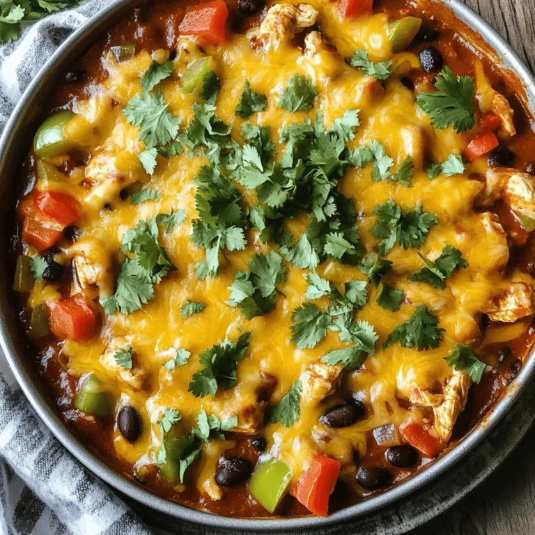 - Diced chicken breasts - Enchilada sauce - Black beans - Corn - Cheese - Cumin - Chili powder - Salt and pepper - Fresh cilantro Gather these ingredients before you start cooking. The diced chicken breasts form the base of the dish. They cook quickly and soak up all the flavors. Enchilada sauce adds depth and spice. Black beans and corn give texture and nutrition. The cheese is the star, melting into a gooey topping. Next, you'll need seasonings. Cumin and chili powder bring warmth and richness. Adding salt and pepper enhances all the flavors. These simple ingredients make your meal stand out. If you want to add a fresh touch, use cilantro as a garnish. It adds color and a burst of flavor. You can find the full recipe for Cheesy Chicken Enchilada Skillet in the article. This dish is not only tasty but also quick to make. Enjoy cooking! To start, heat the olive oil in a large skillet over medium heat. You want the oil hot, but not smoking. Next, add the diced chicken. Season it with salt, pepper, cumin, and chili powder. Cook the chicken for about 5 to 7 minutes. Make sure it is no longer pink in the center. Stir occasionally to brown the chicken evenly. Once your chicken is cooked, add the chopped onion, minced garlic, and diced bell pepper to the skillet. The colors of the bell pepper can be any shade you like. This adds a nice touch! Sauté the mixture for about 3 to 4 minutes. You want the vegetables to soften but not get mushy. Stir them often to cook evenly and release their flavors. Now it’s time to bring everything together. Stir in the enchilada sauce, black beans, corn, and cooked rice. Mix all the ingredients well. Make sure everything is coated with the sauce. Heat the mixture through for about 5 minutes. It should be hot and ready for the next step. For the full recipe, check the section above! To make sure your chicken is just right, avoid overcooking. Cook the diced chicken for about 5-7 minutes. Stir it often until it turns white and no longer pink. Use a meat thermometer to check doneness; it should reach 165°F (75°C). This ensures your chicken is safe to eat and juicy. Melting cheese is a key step for a creamy finish. After cooking, broil the skillet to melt the cheese. Place it under the broiler for 2-3 minutes. Watch closely to prevent burning. The cheese should bubble and turn golden brown, adding a delicious layer of flavor. To make your dish pop, add extra spices. A pinch of smoked paprika or cayenne can boost the heat. You can also mix different cheese types. Try Monterey Jack for creaminess or Pepper Jack for a spicy kick. These simple changes can take your Cheesy Chicken Enchilada Skillet from good to great. For the full recipe, check the earlier section! {{image_2}} You can make this dish meat-free by swapping chicken for tofu or beans. Tofu works great. Just press it first to remove extra water. Cut it into small cubes and cook it in the skillet until golden. You can also add more black beans for protein. This keeps it filling and tasty! If you like heat, add jalapeños or hot sauce. Dice fresh jalapeños and toss them in with the onion. You can also drizzle hot sauce on top before serving. This gives your Cheesy Chicken Enchilada Skillet a nice kick. Adjust the spice to your taste! Feel free to use different veggies like zucchini or spinach. Chop these vegetables and add them with the onion and garlic. They add color and nutrition. You can mix in other favorites too. Try corn or even diced tomatoes. Each swap makes the dish unique! For the full recipe, check the earlier section on ingredients and instructions. To store leftovers, let them cool completely. Then, place the Cheesy Chicken Enchilada Skillet in an airtight container. This keeps it fresh for later meals. Make sure to eat it within 3 to 4 days for the best taste. If you want to freeze it, first cool it down. Then, transfer the skillet to a freezer-safe container. You can also use freezer bags. Seal tightly, removing air to prevent freezer burn. When it’s time to eat, thaw it in the fridge overnight. Reheat it on the stove over low heat. Stir occasionally until warmed through. In the fridge, the Cheesy Chicken Enchilada Skillet stays fresh for about 3 to 4 days. If you freeze it, it can last up to 2 to 3 months. Just remember, while it may still taste good after that time, the quality may drop. Enjoy your delicious meals! For the full recipe, check out the detailed instructions above. Yes, you can prep the Cheesy Chicken Enchilada Skillet in advance. You can cook the chicken and veggies, then mix in the sauce, beans, corn, and rice. Store it in the fridge for up to two days. When you're ready to eat, just heat it up on the stove. You can add cheese and broil it right before serving. This makes for an easy meal on busy days. You have many tasty options for sides. Here are some ideas: - Mexican rice: A perfect match with the flavors. - Guacamole: Adds creaminess and taste. - Salad: A fresh side with lettuce, tomatoes, and avocado. - Tortilla chips: Crunchy and fun to munch on. - Sour cream: A cool dip that enhances the dish. Yes, it is kid-friendly! To make it even better for children: - Mild sauce: Use a mild enchilada sauce to reduce spice. - Less seasoning: Cut down on cumin and chili powder. - Add veggies: Include veggies that your kids like, like sweet corn or peas. - Cut chicken small: This makes it easy for little mouths to eat. These tweaks help kids enjoy the meal and ask for more! You learned how to make a tasty Cheesy Chicken Enchilada Skillet. We covered key ingredients, including chicken, sauce, and spices. You also know how to prepare, cook, and store your dish. Plus, we shared tips to ensure perfect chicken and melted cheese. Remember, you can adjust this recipe with different ingredients. Whether you prefer it spicy or vegetarian, this dish adapts well. Enjoying your cooking journey is just as important as the meal itself. Try it out, share it with friends, and savor every bite!