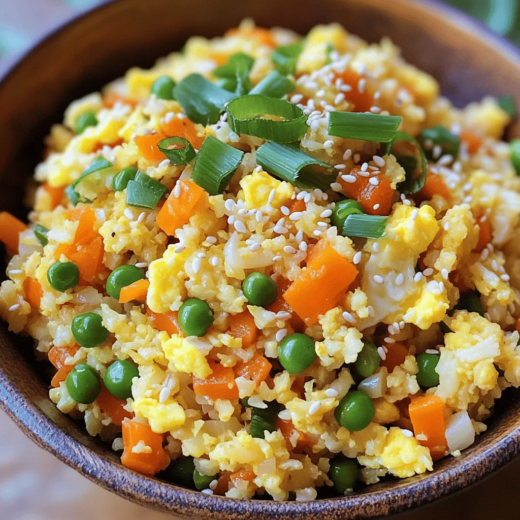 - 1 medium head of cauliflower - 2 tablespoons olive oil - 2 large eggs - 1 cup mixed vegetables (carrots, peas, bell peppers) - 3 green onions - 3 cloves garlic - 2 tablespoons soy sauce or tamari - 1 teaspoon sesame oil - Salt and pepper - Optional: 1 tablespoon ginger Cauliflower fried rice is simple and tasty. You need a medium head of cauliflower. This will become your rice base. Grate it or use a food processor to achieve rice-sized pieces. Next, gather olive oil, eggs, and mixed vegetables. I often use carrots, peas, and bell peppers. These add color and nutrition. Green onions give it a fresh taste. Use both the white and green parts for the best flavor. Don't forget the garlic! It adds depth to the dish. For seasoning, soy sauce or tamari brings umami. Sesame oil adds a nice nutty touch. Finish with salt and pepper. Ginger is optional but gives extra zing. You can find the full recipe online. It provides clear steps to make this dish perfect. Enjoy cooking! - Start with a medium head of cauliflower. Cut it into small florets. - Use a grater or a food processor to make it rice-sized. - Once done, set the cauliflower aside for cooking. - Heat two tablespoons of olive oil in a large skillet over medium heat. - Add three cloves of minced garlic and, if you like, one tablespoon of minced ginger. Sauté for about 30 seconds until fragrant. - Push the garlic to one side of the pan. Add two beaten eggs. Scramble the eggs until just set. Mix them into the garlic. - Now, add one cup of mixed vegetables. Stir-fry for about 2-3 minutes until they soften slightly. - Mix the grated cauliflower into the skillet with the vegetables and eggs. Stir well. - Drizzle two tablespoons of soy sauce and one teaspoon of sesame oil over the mixture. Stir everything together for another 3-5 minutes. The cauliflower should be tender but still a bit crunchy. - Season with salt and pepper to taste. Before serving, fold in the green parts of three sliced green onions. For a detailed guide, you can check the full recipe. Enjoy your cooking! - Avoid overcooking cauliflower: Keep an eye on the cauliflower as it cooks. You want it tender but still a bit crunchy. This gives the dish great texture. - Best oil to use for frying: I recommend using olive oil for its flavor and health benefits. It has a high smoke point that works well for frying. - Heat control tips: Start with medium heat. If it’s too hot, your garlic can burn quickly. If it’s too low, the cauliflower won’t cook properly. - Recommended spices and herbs: Use garlic and ginger for a robust flavor. Fresh herbs like cilantro can brighten the dish. A pinch of red pepper flakes adds a nice kick. - Best sauces to enhance taste: Soy sauce or tamari adds depth. You can also try coconut aminos for a sweeter taste. A dash of sesame oil brings out nutty flavors. - Serving ideas: Serve your cauliflower fried rice in a large bowl. This makes it easy for everyone to dig in. You can also use smaller bowls for individual servings. - Garnishing tips for visual appeal: Top your dish with sliced green onions and sesame seeds. These provide color and extra texture. A sprinkle of chopped cilantro can also make it pop. For the full recipe, check out the provided instructions. {{image_2}} You can easily make vegan cauliflower fried rice by skipping the eggs. Use a little extra oil or add some tofu for protein. This keeps the dish hearty and filling. For gluten-free options, choose tamari instead of soy sauce. Tamari offers a similar taste but is safe for gluten-sensitive diets. Feel free to mix in other vegetables. You can try broccoli, bell peppers, or peas. They add color and flavor to your dish. For protein-rich additions, consider tofu, cooked chicken, or shrimp. Each option boosts the dish's nutrition and gives it a satisfying bite. Spice things up by adding chili flakes or sriracha. This gives your dish a nice kick. For an Asian-inspired twist, add ingredients like bok choy, sesame seeds, or even a splash of rice vinegar. These elements enhance the dish's overall taste and make it even more exciting. For the Full Recipe, follow the detailed steps above to create a delicious meal. To store leftovers, let the cauliflower fried rice cool down first. Then, place it in an airtight container. You can keep it in the fridge for about 3 to 5 days. If you want to keep it fresh longer, add a layer of plastic wrap before sealing the lid. This helps keep moisture in and air out. Use glass or plastic containers that are safe for food storage. They should seal well to prevent spills and odors. For freezing cauliflower fried rice, let it cool completely. Portion it into freezer-safe bags or containers. Squeeze out as much air as you can to avoid freezer burn. You can freeze it for up to 3 months. When you’re ready to eat, take it out and thaw in the fridge overnight. For quick reheating, you can microwave it directly from frozen. Heat it for 3 to 5 minutes, stirring halfway through. This helps it warm evenly. Enjoy your tasty meal later! To make cauliflower rice, you start by cutting a medium head of cauliflower into smaller florets. Next, you can use a grater or a food processor to chop the florets into rice-sized pieces. This process takes just a few minutes. Once done, set the cauliflower rice aside for cooking. Fresh cauliflower rice has a great texture and flavor. Yes, you can use frozen cauliflower rice. It saves time and is easy to find. Just make sure to thaw it before cooking. Drain any excess water to avoid soggy fried rice. Using frozen rice can make meal prep faster and still taste great. A serving of cauliflower fried rice has about 150 calories. This number can change based on added ingredients. It is a low-calorie option compared to regular fried rice. With mixed vegetables and eggs, you get a nutritious meal without many calories. If you need a soy sauce substitute, you have options. You can use tamari for a gluten-free choice. Coconut aminos is another great option for a sweeter taste. You can also try making a mix of vegetable broth and a splash of vinegar for flavor. These substitutes still keep your dish tasty while fitting your diet. Cauliflower fried rice is easy to make and fun to eat. You learned how to prepare the dish and add your favorite vegetables. Remember to keep your cauliflower from overcooking for the best texture. You can also adjust the flavors to suit your taste. Whether you store it or freeze it, this dish stays tasty. Get creative with different proteins and spices to make it your own. Enjoy making this healthy meal that fits your needs and cravings!