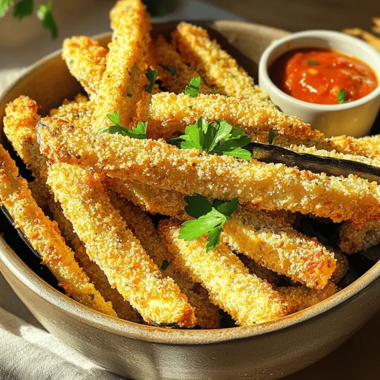 - 1 medium-sized eggplant, cut into fries - 1 cup breadcrumbs (panko for extra crunch) - 1/2 cup all-purpose flour - 2 large eggs, beaten - 1 teaspoon garlic powder - 1 teaspoon onion powder - 1 teaspoon smoked paprika - Salt and pepper to taste - Olive oil spray To make crispy air fryer eggplant fries, you need fresh and simple ingredients. Start with one medium-sized eggplant. Slice it into fry shapes. This gives you the perfect bite-sized pieces. Next, grab one cup of breadcrumbs. I recommend using panko breadcrumbs. They add a delightful crunch. Then, you need half a cup of all-purpose flour. This helps the fries hold onto the coating. You will also need two large eggs. Beat them well in a bowl. The egg wash helps the breadcrumbs stick nicely to the eggplant. Now, for the seasoning! Garlic powder adds a nice kick, while onion powder brings sweetness. Don’t forget smoked paprika. It gives a great smoky flavor. Add salt and pepper to taste to enhance all the flavors. Lastly, keep some olive oil spray handy. It helps the fries get that golden, crispy finish. For the full recipe, check out the entire guide on making these tasty treats. To start, preheat your air fryer to 400°F (200°C). This step is key for crispy fries. While that heats, set up your dredging station. You need three bowls: one with flour, one for beaten eggs, and one for breadcrumbs mixed with seasonings. This setup makes coating easy and fun. Now let’s get to coating the fries. First, dip each eggplant fry into the flour mixture. Make sure to shake off any extra flour. Next, dip it in the beaten eggs. Finally, coat it well in the breadcrumb mixture. Press gently to make sure the crumbs stick. This is where the magic happens! Once coated, arrange the fries in the air fryer basket. Be careful not to overcrowd them. This helps them cook evenly. Lightly spray the fries with olive oil spray. This step ensures they get that perfect crispy texture. Air fry for about 12-15 minutes. Flip them halfway through to brown both sides. They should come out golden and crunchy. Enjoy your crispy air fryer eggplant fries with your favorite dip! For more details, check the Full Recipe. To get the best crunch, I always use panko breadcrumbs. They add great texture. Regular breadcrumbs can work, but panko gives more bite. Make sure to coat the fries evenly for a nice crunch. Another key tip is to use olive oil spray. It helps the fries crisp up in the air fryer. A light, even spray ensures they cook well without being greasy. You want that golden look and satisfying crunch. For dips, marinara sauce or garlic aioli pairs perfectly with eggplant fries. The rich flavors complement the crispy outside. You can also try tzatziki for a cool, refreshing option. When serving, garnish the fries with fresh parsley. This adds color and a hint of flavor. A sprinkle of parmesan cheese can also elevate the dish. Presentation matters, and these touches make your fries pop. You can prepare the fries in advance. Coat them and place them in the fridge for up to a day. When you’re ready to cook, just pop them in the air fryer. For reheating, the air fryer works best. Set it to 350°F (175°C) for about five minutes. This keeps them crispy without drying them out. Avoid the microwave if you can; it makes them soggy. If you want the full recipe, check it out! {{image_2}} You can change the taste of your eggplant fries easily. Add spices like cayenne pepper for heat or Italian herbs for a classic twist. For a fun flavor, try using curry powder or cumin. You can also switch up the breadcrumbs. Use gluten-free breadcrumbs if needed. They work just as well and keep the fries crispy. Eggplant is great, but you can use other veggies too. Zucchini, sweet potatoes, or carrots all make tasty fries. Just cut them into similar shapes for even cooking. If you pick a softer veggie, like zucchini, adjust the cooking time. These might need less time in the air fryer to avoid mushiness. You can serve these fries in many fun ways. Create a sandwich by placing the fries in a bun with your favorite toppings. Pair them with some fresh veggies and a creamy sauce. Another idea is to sprinkle the fries on top of a salad. They add a tasty crunch and a nice twist to your greens. Try them with a side of marinara sauce or garlic aioli for dipping. For the full recipe, check the previous sections. To keep your eggplant fries fresh, store them in an airtight container. Make sure the fries are completely cool before sealing them. This step helps prevent sogginess. You can keep them in the fridge for up to three days. If you want to reheat them, use the air fryer again for the best crispiness. You can freeze both raw and cooked eggplant fries. To freeze raw fries, place them in a single layer on a baking sheet. Freeze until solid, then transfer them to a freezer bag. For cooked fries, let them cool first. Then, store them in an airtight container or bag. When you're ready to enjoy them, thaw the raw fries in the fridge overnight. Cook them directly from frozen in the air fryer for about 15-20 minutes. If you have cooked fries, reheat them in the air fryer for 5-10 minutes until crispy. Eggplant fries stored in the fridge last about three days. If frozen, they can last up to three months. Always check for signs of spoilage, like off smells or a slimy texture. If you see these signs, throw them away to stay safe. To make eggplant fries crispy, follow these tips: - Preheat your air fryer to 400°F (200°C). This helps create a nice crunch. - Use panko breadcrumbs instead of regular ones. They add extra crunch. - Lightly spray the fries with olive oil before cooking. This helps them crisp up. - Cook in a single layer. Avoid overcrowding the basket. This ensures even cooking. - Flip the fries halfway through cooking. This helps both sides get crispy. By following these steps, you will get perfect crispy eggplant fries every time! Yes, you can use an egg substitute. Some great options include: - Flaxseed meal mixed with water (1 tablespoon flaxseed meal, 2.5 tablespoons water). - Unsweetened applesauce (1/4 cup per egg). - Silken tofu blended until smooth (1/4 cup per egg). These substitutes work well for coating the fries. They help the breadcrumbs stick just like eggs do. Crispy eggplant fries are tasty with various dipping sauces. Here are some popular choices: - Marinara sauce: A classic that adds a rich flavor. - Garlic aioli: A creamy and garlicky option that pairs well. - Ranch dressing: Adds a cool and tangy twist. - Spicy sriracha mayo: For those who like some heat. Feel free to mix and match sauces to find your favorite! Crispy air fryer eggplant fries are easy to make and fun to enjoy. We covered the main ingredients and the step-by-step process. You learned how to season and coat the fries for maximum crunch. Remember to use panko breadcrumbs and olive oil spray for the best results. Explore different flavors and serving ideas to make this dish your own. These fries store well, and you can easily reheat them. With these tips, you’ll impress your family and friends. Enjoy your crispy treats and the cooking adventure!