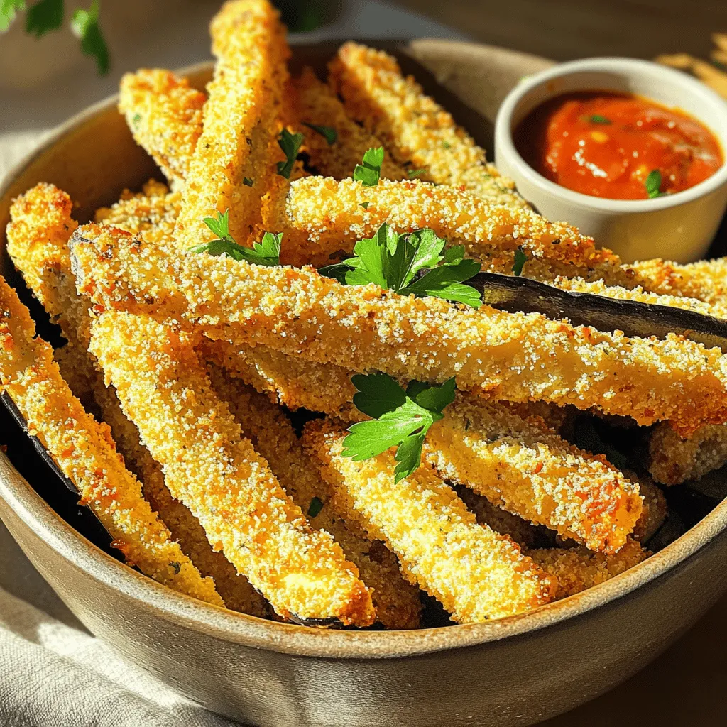 - 1 medium-sized eggplant, cut into fries - 1 cup breadcrumbs (panko for extra crunch) - 1/2 cup all-purpose flour - 2 large eggs, beaten - 1 teaspoon garlic powder - 1 teaspoon onion powder - 1 teaspoon smoked paprika - Salt and pepper to taste - Olive oil spray To make crispy air fryer eggplant fries, you need fresh and simple ingredients. Start with one medium-sized eggplant. Slice it into fry shapes. This gives you the perfect bite-sized pieces. Next, grab one cup of breadcrumbs. I recommend using panko breadcrumbs. They add a delightful crunch. Then, you need half a cup of all-purpose flour. This helps the fries hold onto the coating. You will also need two large eggs. Beat them well in a bowl. The egg wash helps the breadcrumbs stick nicely to the eggplant. Now, for the seasoning! Garlic powder adds a nice kick, while onion powder brings sweetness. Don’t forget smoked paprika. It gives a great smoky flavor. Add salt and pepper to taste to enhance all the flavors. Lastly, keep some olive oil spray handy. It helps the fries get that golden, crispy finish. For the full recipe, check out the entire guide on making these tasty treats. To start, preheat your air fryer to 400°F (200°C). This step is key for crispy fries. While that heats, set up your dredging station. You need three bowls: one with flour, one for beaten eggs, and one for breadcrumbs mixed with seasonings. This setup makes coating easy and fun. Now let’s get to coating the fries. First, dip each eggplant fry into the flour mixture. Make sure to shake off any extra flour. Next, dip it in the beaten eggs. Finally, coat it well in the breadcrumb mixture. Press gently to make sure the crumbs stick. This is where the magic happens! Once coated, arrange the fries in the air fryer basket. Be careful not to overcrowd them. This helps them cook evenly. Lightly spray the fries with olive oil spray. This step ensures they get that perfect crispy texture. Air fry for about 12-15 minutes. Flip them halfway through to brown both sides. They should come out golden and crunchy. Enjoy your crispy air fryer eggplant fries with your favorite dip! For more details, check the Full Recipe. To get the best crunch, I always use panko breadcrumbs. They add great texture. Regular breadcrumbs can work, but panko gives more bite. Make sure to coat the fries evenly for a nice crunch. Another key tip is to use olive oil spray. It helps the fries crisp up in the air fryer. A light, even spray ensures they cook well without being greasy. You want that golden look and satisfying crunch. For dips, marinara sauce or garlic aioli pairs perfectly with eggplant fries. The rich flavors complement the crispy outside. You can also try tzatziki for a cool, refreshing option. When serving, garnish the fries with fresh parsley. This adds color and a hint of flavor. A sprinkle of parmesan cheese can also elevate the dish. Presentation matters, and these touches make your fries pop. You can prepare the fries in advance. Coat them and place them in the fridge for up to a day. When you’re ready to cook, just pop them in the air fryer. For reheating, the air fryer works best. Set it to 350°F (175°C) for about five minutes. This keeps them crispy without drying them out. Avoid the microwave if you can; it makes them soggy. If you want the full recipe, check it out! {{image_2}} You can change the taste of your eggplant fries easily. Add spices like cayenne pepper for heat or Italian herbs for a classic twist. For a fun flavor, try using curry powder or cumin. You can also switch up the breadcrumbs. Use gluten-free breadcrumbs if needed. They work just as well and keep the fries crispy. Eggplant is great, but you can use other veggies too. Zucchini, sweet potatoes, or carrots all make tasty fries. Just cut them into similar shapes for even cooking. If you pick a softer veggie, like zucchini, adjust the cooking time. These might need less time in the air fryer to avoid mushiness. You can serve these fries in many fun ways. Create a sandwich by placing the fries in a bun with your favorite toppings. Pair them with some fresh veggies and a creamy sauce. Another idea is to sprinkle the fries on top of a salad. They add a tasty crunch and a nice twist to your greens. Try them with a side of marinara sauce or garlic aioli for dipping. For the full recipe, check the previous sections. To keep your eggplant fries fresh, store them in an airtight container. Make sure the fries are completely cool before sealing them. This step helps prevent sogginess. You can keep them in the fridge for up to three days. If you want to reheat them, use the air fryer again for the best crispiness. You can freeze both raw and cooked eggplant fries. To freeze raw fries, place them in a single layer on a baking sheet. Freeze until solid, then transfer them to a freezer bag. For cooked fries, let them cool first. Then, store them in an airtight container or bag. When you're ready to enjoy them, thaw the raw fries in the fridge overnight. Cook them directly from frozen in the air fryer for about 15-20 minutes. If you have cooked fries, reheat them in the air fryer for 5-10 minutes until crispy. Eggplant fries stored in the fridge last about three days. If frozen, they can last up to three months. Always check for signs of spoilage, like off smells or a slimy texture. If you see these signs, throw them away to stay safe. To make eggplant fries crispy, follow these tips: - Preheat your air fryer to 400°F (200°C). This helps create a nice crunch. - Use panko breadcrumbs instead of regular ones. They add extra crunch. - Lightly spray the fries with olive oil before cooking. This helps them crisp up. - Cook in a single layer. Avoid overcrowding the basket. This ensures even cooking. - Flip the fries halfway through cooking. This helps both sides get crispy. By following these steps, you will get perfect crispy eggplant fries every time! Yes, you can use an egg substitute. Some great options include: - Flaxseed meal mixed with water (1 tablespoon flaxseed meal, 2.5 tablespoons water). - Unsweetened applesauce (1/4 cup per egg). - Silken tofu blended until smooth (1/4 cup per egg). These substitutes work well for coating the fries. They help the breadcrumbs stick just like eggs do. Crispy eggplant fries are tasty with various dipping sauces. Here are some popular choices: - Marinara sauce: A classic that adds a rich flavor. - Garlic aioli: A creamy and garlicky option that pairs well. - Ranch dressing: Adds a cool and tangy twist. - Spicy sriracha mayo: For those who like some heat. Feel free to mix and match sauces to find your favorite! Crispy air fryer eggplant fries are easy to make and fun to enjoy. We covered the main ingredients and the step-by-step process. You learned how to season and coat the fries for maximum crunch. Remember to use panko breadcrumbs and olive oil spray for the best results. Explore different flavors and serving ideas to make this dish your own. These fries store well, and you can easily reheat them. With these tips, you’ll impress your family and friends. Enjoy your crispy treats and the cooking adventure!