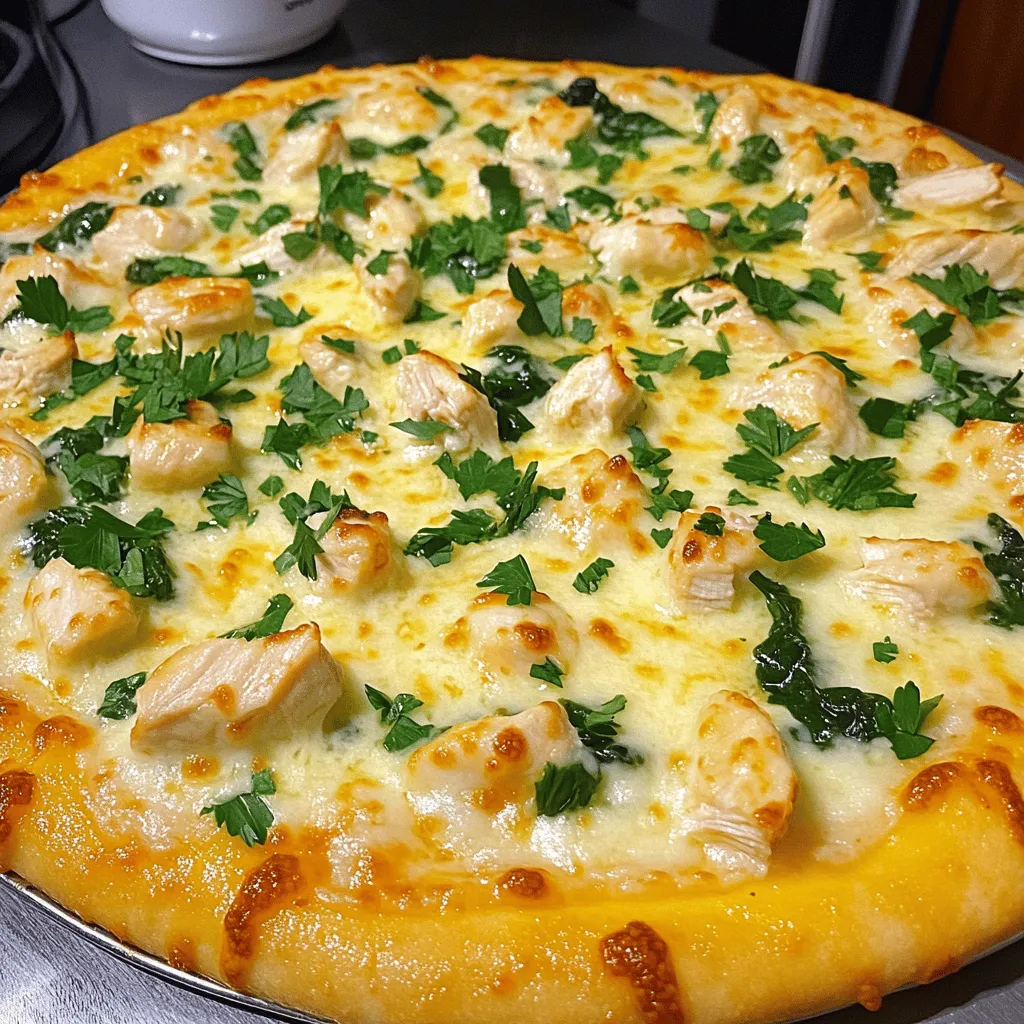 - 1 pre-made pizza dough (or homemade if preferred) - 1 cup cooked chicken breast, diced - 1 cup Alfredo sauce (store-bought or homemade) - 1 ½ cups mozzarella cheese, shredded - ½ cup Parmesan cheese, grated - 1 cup spinach leaves, roughly chopped - 1 teaspoon garlic powder - ½ teaspoon black pepper - ¼ teaspoon salt - Fresh parsley for garnish (optional) To make a tasty Chicken Alfredo Pizza, gather your ingredients first. I like to use pre-made dough for convenience, but homemade dough adds a personal touch. You need cooked chicken breast, diced into small pieces. This gives you a nice protein boost. Alfredo sauce is key to this dish. Store-bought is fine, but homemade makes it special. Cheese is crucial too, so have mozzarella and Parmesan ready. Fresh spinach adds color and a healthy twist. Don't forget the garlic powder, black pepper, and salt for flavor. Finally, fresh parsley is optional but adds a nice look. With these ingredients, you're all set for a creamy and tasty pizza experience. Want the full recipe? Check the Full Recipe section for step-by-step guidance. - Preheat the oven to 475°F (245°C) and prepare your baking surface. - Roll out pizza dough on a floured surface and transfer it to your baking sheet or pizza stone. - Spread Alfredo sauce evenly over the dough, leaving a small border. - Sprinkle garlic powder, black pepper, and salt for added flavor. - Add the diced chicken and chopped spinach evenly over the sauce. - Top with mozzarella and Parmesan cheese before baking. - Bake for 12-15 minutes until cheese bubbles and the crust turns golden. - Let cool slightly and garnish with fresh parsley before slicing. This dish combines creamy Alfredo with tender chicken and fresh spinach. You will love the rich flavors! For a full recipe, check out the details above. - Use homemade Alfredo sauce for enhanced flavor. This sauce makes the pizza creamy and rich. - Don’t overload with toppings to avoid a soggy crust. Keep it simple for the best bite. - Let dough rise if using homemade to achieve the best texture. This step adds air and fluffiness to your crust. - Dust your surface to prevent sticking while rolling. A little flour helps the dough glide easily. - Pair with a side salad for a complete meal. A fresh salad balances the richness of the pizza. - Best served hot; reheat for leftovers to keep the cheese melty. This way, you enjoy that gooey goodness again! {{image_2}} You can switch up the protein on your pizza for fun. Shrimp adds a sweet touch. Bacon gives a nice crunch. Both options taste great with Alfredo sauce. If you want a meatless meal, try mushrooms or bell peppers. They soak up sauce well and add nice texture. Cheese can change your pizza's flavor. Mixing cheeses is a great idea! Try adding cheddar for a sharp bite. Feta cheese gives a tangy taste, too. If you prefer no dairy, look for dairy-free cheese options. They melt well and taste good on your pizza. While Alfredo is classic, other sauces can be fun. Pesto brings a fresh, herbal flavor. White garlic sauce adds a rich twist. For those who like heat, a red pepper Alfredo sauce is perfect. It spices things up and adds depth. Experimenting with sauces can create new favorite flavors. Keep your leftover pizza in an airtight container. It will stay fresh in the fridge for up to 3 days. This way, you can enjoy your Homemade Chicken Alfredo Pizza later without losing its creamy taste. For longer storage, freeze pizza slices. Wrap each slice in plastic wrap, then place them in a freezer bag. This helps keep them fresh. Your pizza tastes best within 1-2 months. After that, it might lose some flavor. To reheat, the oven is your best friend. It keeps the crust crispy and the cheese melty. If you need a quick fix, the microwave works too. Just remember that the oven gives you better texture. Yes, you can use gluten-free pizza dough available in stores. Many brands make tasty options. Just check the label to ensure it fits your diet. You can also make your own gluten-free dough if you prefer. To make a simple creamy Alfredo sauce, you need a few easy ingredients. Here’s a quick recipe: - 1 cup heavy cream - ½ cup butter - 1 cup Parmesan cheese, grated - Salt and pepper to taste 1. In a saucepan, melt the butter over low heat. 2. Add the cream and stir for about 5 minutes. 3. Gradually whisk in the Parmesan cheese until smooth. 4. Season with salt and pepper. This sauce works great for your pizza or other pasta dishes too! Some tasty sides to serve with Chicken Alfredo Pizza include: - Caesar salad for a nice crunch - Garlic bread for dipping - Steamed vegetables for a healthy balance These sides complement the creamy pizza perfectly. Enjoy! This blog post covered how to make a delicious Chicken Alfredo Pizza. We discussed ingredients, preparation, baking, and storage tips. You learned that using fresh ingredients makes a big difference in flavor. Try different proteins or sauces to keep it exciting. Don’t shy away from leftovers; they can be just as tasty with some care. Enjoy the taste you created yourself, and share it with friends and family for a fun meal!