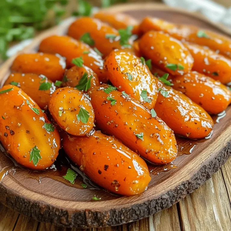 - 1 pound of baby carrots (or sliced regular carrots) - 3 tablespoons pure maple syrup - 2 tablespoons unsalted butter - 1 tablespoon olive oil - 1 teaspoon cinnamon - 1/2 teaspoon salt - 1/4 teaspoon black pepper - Fresh parsley or thyme for garnish You need simple, fresh ingredients to make maple glazed carrots. I love using baby carrots for their sweet taste and tender bite. If you can't find them, sliced regular carrots work perfectly too. Maple syrup adds a natural sweetness, while butter and olive oil create a rich glaze. Cinnamon, salt, and black pepper bring balance to the dish. Fresh herbs like parsley or thyme add a pop of color and flavor. When you gather these ingredients, you're set for a delightful side dish. Each bite will burst with flavor and warmth. You can find the full recipe within this article, so let’s get cooking! - Preheat your oven to 400°F (200°C). - In a large mixing bowl, combine maple syrup, melted butter, olive oil, cinnamon, salt, and black pepper. Whisk until smooth. This simple mix brings a warm flavor. - Toss baby carrots in the maple glaze until fully coated. Make sure each carrot gets a nice layer. This step is key for flavor. - Spread the glazed carrots on a parchment-lined baking sheet. Lay them out in a single layer for even cooking. - Roast for 20-25 minutes, stirring halfway through. This helps them cook evenly and caramelize. The sweet aroma will fill your kitchen! You might want your carrots sweeter or less sweet. To change the sweetness, try these ideas: - Add more maple syrup for extra sweetness. - Use less maple syrup if you prefer a milder taste. - Mix in a pinch of brown sugar for a deeper flavor. - Taste the glaze before adding the carrots. Adjust as needed. Even cooking helps get the best flavor. Here are some tips: - Cut carrots into similar sizes. This helps them cook at the same rate. - Spread the carrots out on the baking sheet. They should not touch each other. - Stir the carrots halfway through roasting. This helps them caramelize evenly. - If you can, use a dark baking sheet. It helps the carrots roast better. You can add more flavors to your carrots. Here are some great ideas: - Sprinkle some garlic powder for a savory touch. - Try adding a pinch of nutmeg for warmth. - Fresh herbs like thyme or rosemary work well. - Toasted nuts like pecans or walnuts add texture and taste. - A dash of cayenne pepper gives a nice kick if you like heat. For the complete recipe, check out the Maple-Glazed Carrots Delight! {{image_2}} You can mix in other veggies for a tasty twist. Sweet potatoes add a nice texture. Brussels sprouts work well, too. Try parsnips for a unique flavor. Just cut them into similar sizes for even cooking. Toss them in the maple glaze just like the carrots. Roasting is not the only way to cook them. You can sauté the carrots on the stovetop. Heat olive oil in a pan, add the carrots, and pour in the glaze. Cook for about 10 minutes until tender. Grilling is also a fun option. Place the glazed carrots on skewers and grill them for a smoky flavor. To make this dish vegan, swap the butter for coconut oil or vegan margarine. Ensure your maple syrup is pure and not mixed with other sweeteners. For a gluten-free version, this recipe is already safe. Just check any added ingredients for gluten. Enjoy this maple glazed treat in many ways! To store leftover maple glazed carrots, let them cool first. Place them in an airtight container. Store in the fridge for up to four days. This keeps them fresh and tasty. If you want to enjoy them later, make sure they are well sealed. When you reheat, avoid the microwave if possible. Instead, use the oven for best results. Preheat your oven to 350°F (175°C). Place the carrots on a baking sheet. Warm them for about 10 minutes. This method keeps the flavor and adds a nice texture. You can freeze maple glazed carrots, but they may change in texture. Start by letting them cool completely. Place them in a freezer-safe bag. Remove as much air as possible before sealing. They can last up to three months. To thaw, place them in the fridge overnight before reheating. This helps keep their taste bright and lovely. Yes, you can use regular carrots. Just slice them into even pieces. Aim for about 1-inch lengths. This helps them cook evenly. Baby carrots are sweet and tender, but regular carrots work great too. They add a lovely crunch to the dish. To make these carrots vegan, replace the butter with vegan margarine or coconut oil. Both options give a nice richness. You can also skip the butter entirely and use a splash more olive oil. The maple syrup stays the same, keeping that sweet flavor intact. These carrots pair well with many main dishes. Try serving them with roasted chicken or grilled salmon. They also complement vegetarian meals like quinoa or lentil dishes. The sweetness of the carrots balances savory flavors. They add color and flair to your plate. You can find the complete recipe in "Maple-Glazed Carrots Delight 🥕." It includes all the steps and tips for making these tasty carrots. This recipe for maple-glazed carrots is simple and full of flavor. You can prep them in no time and roast them to perfection. Remember, you can adjust the sweetness and mix in other veggies to suit your taste. Store leftovers correctly to keep them fresh, or even freeze them for later. For more tips, check the FAQs. Enjoy your tasty carrots and share them with friends!