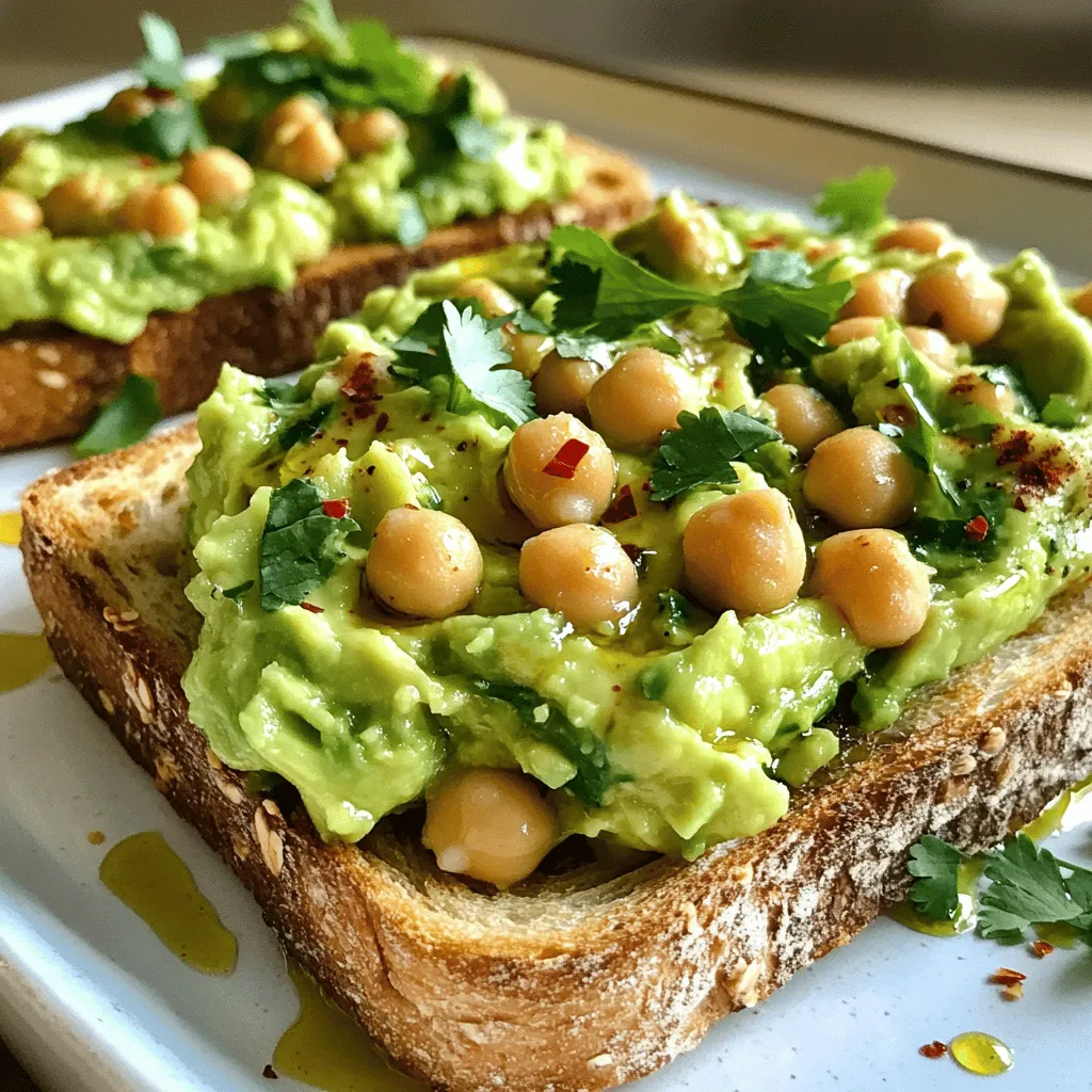 - 1 can chickpeas - 1 ripe avocado - 1 small garlic clove - 1 tablespoon lemon juice - 1 tablespoon tahini - 4 slices whole grain bread - Olive oil for drizzling - Fresh cilantro or parsley - Red pepper flakes - Ground cumin - Salt and pepper To make Chickpea Avocado Smash Toast, gather these ingredients. Start with a can of chickpeas. Rinse and drain them well. Then, pick a ripe avocado. It should feel soft when you press it gently. Next, grab a small garlic clove. I use fresh garlic for a strong flavor. Squeeze in a tablespoon of lemon juice for a zesty kick. Lastly, add a tablespoon of tahini. This gives the toast a nice creaminess. Now, prepare your bread. I like whole grain for its nutty taste. You can use any bread you enjoy. Olive oil adds a lovely richness. Fresh cilantro or parsley will brighten up the dish. If you want a little heat, consider adding red pepper flakes. Ground cumin adds a warm depth. Don’t forget to season with salt and pepper to taste. These ingredients come together to create a delightful and easy meal. For the full recipe, refer to the detailed instructions provided. - Step 1: Mash the chickpeas Start with a medium bowl. Add the rinsed chickpeas. Use a fork or potato masher to mash them. Aim for a slightly chunky texture. This gives a nice bite to your toast. - Step 2: Add and mash the avocado Cut the ripe avocado in half and remove the pit. Scoop the flesh into the same bowl. Mash it together with the chickpeas. You can choose to make it smooth or keep it chunky, depending on your taste. - Step 3: Stir in garlic, lemon juice, tahini, and spices Now, add the minced garlic, lemon juice, and tahini. Sprinkle in the ground cumin. Mix everything well until it is combined. This step adds flavor and richness to the spread. - Step 4: Season to taste Taste your mixture. Add salt and pepper to enhance the flavors. If you want a kick, sprinkle in some red pepper flakes. Adjust it to your liking. - Step 5: Toast the bread While mixing, you can toast your slices of whole grain bread. Aim for your preferred crispiness. A good toast is key for a great base. - Step 6: Spread the chickpea avocado mixture and garnish Once the bread is toasted, spread a generous amount of the chickpea and avocado mix on each slice. Drizzle a little olive oil over the top. Finally, add fresh cilantro or parsley for a pop of color and fresh taste. Enjoy this delightful dish with your favorite drink! For the detailed ingredient list, check out the Full Recipe. To make your chickpea avocado smash just right, think about texture. Do you like it smooth or chunky? For a smooth mix, mash both chickpeas and avocado well. If you want a chunkier feel, just mash the chickpeas lightly. This keeps some bits intact. To enhance flavors, add a pinch of salt and pepper. You can also try a splash of lemon juice. This brightens the taste and makes it fresher. For some heat, sprinkle in red pepper flakes. Garnishing makes your toast look great. I love using fresh cilantro or parsley. Just sprinkle some on top for color. You can also add a drizzle of olive oil for shine and flavor. For serving, place your toast on a nice plate. You could add a side salad or some sliced tomatoes. This gives more color and makes a full meal. Your chickpea avocado smash can change to fit your taste. Swap chickpeas for white beans or lentils. Both give a creamy texture. If you want protein, add a poached egg on top. It adds creaminess and richness. You can even try adding cooked bacon for extra flavor. These tweaks make each bite special. For the full recipe, check out the details above. {{image_2}} You can switch up the bread for your Chickpea Avocado Smash Toast. Sourdough gives a tangy bite. Rye adds a nutty flavor. If you need gluten-free options, try gluten-free bread. Each type of bread changes the taste and feel of your toast. To make your toast even better, think about adding spices and herbs. A pinch of smoked paprika can bring a nice warmth. Fresh herbs, like basil or dill, can brighten the dish. You can also add extra veggies. Chopped tomatoes or sliced radishes give a fresh crunch and color. Want a creamier texture? Use cashew cream instead of tahini. This keeps the dish vegan and adds richness. For a protein boost, mix in some cooked quinoa or lentils. These small changes can make your toast more filling and nutritious. For more tips, check out the Full Recipe. To store leftover Chickpea Avocado Smash, place it in an airtight container. This keeps it fresh and prevents it from browning. Make sure to use a clean spoon to scoop out the spread. If you see any brown spots, just stir it before using. This dish tastes best within two days. For long-term storage, you can freeze the avocado-chickpea spread. Put it in a freezer-safe container. Leave some space at the top for expansion. To maintain freshness, wrap the container in plastic wrap before sealing it. When ready to use, let it thaw in the fridge overnight. Reheating toast is simple. The best way is to use a toaster or an oven. This keeps the toast crispy. If you use a microwave, the toast may get soggy. For quick reheating, place the toast in the microwave for 10-15 seconds. However, I recommend the oven for the best texture. Just pop it in for a few minutes at 350°F (175°C) until warm. Try this Chickpea Avocado Smash Toast recipe for a tasty meal! You can find the Full Recipe above. What can I use instead of tahini? If you do not have tahini, you can use peanut butter or almond butter. These nut butters add creaminess and flavor. You can also skip it entirely for a lighter taste. Can I make this recipe in advance? Yes, you can prepare the chickpea and avocado mix ahead of time. Store it in an airtight container in the fridge. Use it within one day for the best flavor and freshness. Health benefits of chickpeas and avocados Chickpeas are rich in protein and fiber. They help keep you full longer. Avocados provide healthy fats and vitamins. They support heart health and skin. Together, they make a nutritious meal. Caloric breakdown per serving One serving of Chickpea Avocado Smash Toast has about 250 to 300 calories. This includes the toast, chickpeas, and avocado. You can adjust the toppings to manage calories if needed. What to serve with Chickpea Avocado Smash Toast? This dish pairs well with fresh salads or soups. You can also serve it with sliced veggies for a crunchy side. Try adding some sliced tomatoes or cucumbers for a refreshing touch. Ideas for beverages that complement the dish Enjoy your toast with a glass of fresh juice. Lemonade or orange juice works well. For something warm, herbal tea or a light coffee is a great choice. This blog post walked you through making a tasty Chickpea Avocado Smash Toast. You learned about key ingredients like chickpeas, avocado, and tahini. I gave you step-by-step instructions to create the perfect spread and tips to enhance flavor and texture. Feel free to personalize your toast with different toppings and breads. Remember, this dish is flexible and can fit various diets. Now, enjoy making this healthy treat that is simple yet delicious!