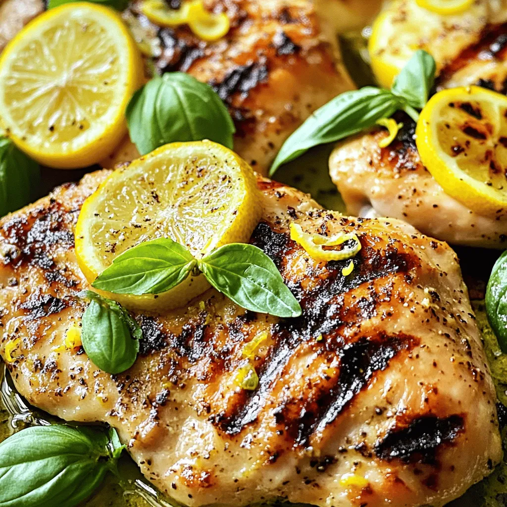 - 4 boneless, skinless chicken breasts - 1/4 cup fresh lemon juice - Zest of 1 lemon - 1/4 cup olive oil - 3 cloves garlic, minced - 1 cup fresh basil leaves, chopped - 1 teaspoon honey - Salt and pepper to taste - Lemon slices, for garnish - Fresh basil leaves, for garnish When making Lemon Basil Chicken, the right ingredients make all the difference. The chicken is the star. I use boneless, skinless chicken breasts for a tender bite. The lemon juice adds a zing, while the zest gives it a bright aroma. Olive oil keeps the chicken moist and adds flavor. Next, garlic is a must. It brings warmth and depth. Fresh basil leaves are key, too. They add a fragrant note that pairs well with lemon. A touch of honey balances the tartness of the lemon. Don’t forget salt and pepper to enhance all the flavors. For garnish, I like to use lemon slices and more fresh basil. They not only add color but also a fresh taste. This simple yet vibrant mix creates a dish that is easy to prepare and full of flavor. You can find the full recipe in the article. To start, gather your ingredients. In a large bowl, mix these items: - 1/4 cup fresh lemon juice - Zest of 1 lemon - 1/4 cup olive oil - 3 cloves garlic, minced - 1 teaspoon honey - 1 cup fresh basil leaves, chopped - Salt and pepper to taste Whisk them together well. This blend creates a bright, tangy flavor that makes the chicken stand out. Next, take 4 boneless, skinless chicken breasts and place them in the bowl. Make sure each piece is well coated in the marinade. Cover the bowl with plastic wrap and refrigerate it. Let it sit for at least 30 minutes, or up to 2 hours for a stronger flavor. This step is key for juicy, tasty chicken. When you're ready to cook, preheat your grill or stovetop grill pan to medium-high heat. Take the chicken out of the marinade. Let any extra marinade drip off before you grill. Discard the leftover marinade. Grill the chicken for about 6-7 minutes on each side. Use a meat thermometer to check that the internal temperature reaches 165°F (75°C). The chicken should have nice grill marks when done. Once cooked, remove the chicken from the grill. Let it rest for 5 minutes before slicing. This helps keep it juicy. Now, you can serve the chicken warm, garnished with fresh lemon slices and basil leaves for a lovely touch. For the full recipe, refer to the section above. Enjoy your Lemon Basil Chicken! Marinating chicken adds great flavor. Here are some best practices: - Use a bowl or a large bag for marinating. - Make sure the chicken is fully covered in the marinade. - For best results, marinate the chicken for at least 30 minutes. - You can marinate up to 2 hours for a stronger taste. - Always refrigerate while marinating to keep it safe. To get perfect grill marks and tender chicken, follow these tips: - Preheat your grill to medium-high heat. This helps create those nice char marks. - Remove excess marinade before grilling. Too much liquid can cause steaming. - Grill the chicken for about 6-7 minutes on each side. - Use a meat thermometer to check for a safe 165°F (75°C). - Let the chicken rest for 5 minutes after cooking. This keeps it juicy. Garnishing makes your dish look great. Here are some ideas: - Slice fresh lemons and place them on the side. - Add a few whole basil leaves for pops of green. - Arrange the chicken nicely on the plate. - Drizzle a bit of olive oil for shine and flavor. - Serve on colorful dishes to enhance the meal's appeal. For the complete recipe, check out the Full Recipe. {{image_2}} You can switch chicken for other meats or tofu. Pork tenderloin works well with this recipe. Just adjust cooking times to ensure it cooks through. For a plant-based option, try firm tofu. Press it first to remove excess water. Then, marinate just like the chicken. It will soak up the lemon and basil flavors nicely. Feel free to get creative with herbs or citrus. Instead of basil, try fresh parsley or cilantro for a different taste. You can also use lime juice and zest instead of lemon. This swap gives a zesty twist to the dish. Experiment with other herbs like thyme or dill, too. Each choice adds a unique flavor profile. Pair Lemon Basil Chicken with light sides. A fresh salad with mixed greens is a great choice. You can add cherry tomatoes, cucumbers, and a simple vinaigrette. Rice or quinoa also makes a perfect base. They soak up the tasty juices from the chicken. For a heartier option, serve with roasted vegetables. Carrots, zucchini, and bell peppers work well. These sides keep the meal bright and flavorful. For the full recipe, check out the complete Lemon Basil Chicken guide. To store leftovers, place chicken in an airtight container. Make sure it cools down first. This keeps it fresh and safe. It can last in the fridge for up to three days. When you’re ready to eat, just take it out. Check for any off smells or changes in color before eating. If you want to save the cooked chicken longer, freezing is a great option. Wrap each piece tightly in plastic wrap or foil. Then, place them in a freezer bag. Make sure to remove as much air as possible. This chicken can last up to three months in the freezer. When you want to use it, thaw it in the fridge overnight. You can also use the microwave for quick thawing. Just be careful not to cook it during thawing. To reheat your Lemon Basil Chicken, the oven works best. Preheat the oven to 350°F (175°C). Place the chicken on a baking sheet and cover it with foil. Heat for about 20 minutes or until it’s warm. You can also use a skillet on low heat with a splash of water. This keeps it moist and tasty. Avoid using the microwave if you want to keep the texture. Enjoy your leftovers just as much as when they were fresh! To know if the chicken is done, check its internal temperature. Use a meat thermometer. The safe temperature is 165°F (75°C). You can also look for visual cues. The meat should be white and juices should run clear, not pink. You can use dried basil, but the taste changes. Fresh basil has a bright flavor. Dried basil is stronger and more muted. If you use dried, use less. A good rule is one teaspoon of dried for every tablespoon of fresh. Lemon Basil Chicken pairs well with many sides. Here are some great options: - Steamed rice - Quinoa salad - Roasted vegetables - Garlic bread These sides complement the chicken’s bright flavor and make a complete meal. For the complete Lemon Basil Chicken recipe, check out the [Full Recipe]. This article provided a step-by-step guide to making Lemon Basil Chicken. We covered key ingredients, cooking tips, and storage methods. You now know how to marinate and grill chicken for the best flavor. Remember, fresh ingredients make a big difference. Experiment with alternative proteins or flavor swaps to suit your taste. This dish is not just delicious; it’s also easy to share with family and friends. Now, get cooking! Enjoy your tasty meal with the perfect blend of lemon and basil.