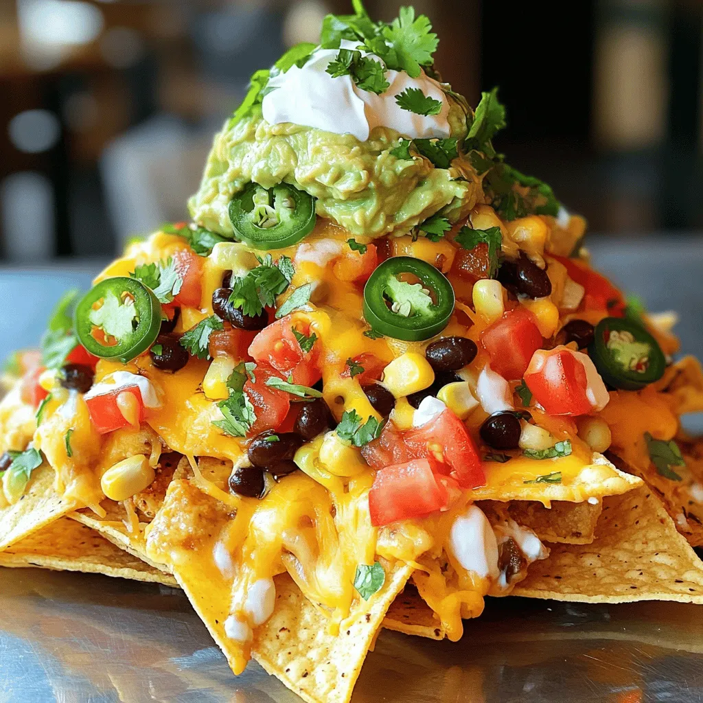 To make loaded nachos, you need some key items. Here’s what you’ll want: - 1 bag of tortilla chips - 1 cup shredded cheddar cheese - 1 cup black beans, rinsed and drained - 1 cup diced tomatoes - 1 jalapeño, sliced - ½ cup corn (fresh or canned) These ingredients form the base of your loaded nachos. Tortilla chips provide the crunch. Cheese adds the melty goodness. Black beans give you protein, while tomatoes and corn add freshness. After your base is ready, it’s time for toppings! Here are some great ideas: - ½ cup guacamole - ½ cup sour cream - ¼ cup fresh cilantro, chopped Guacamole brings creaminess and flavor. Sour cream adds a cool touch. Chopped cilantro gives a bright flavor and a nice pop of color. Want to kick up the taste? Try adding these seasonings: - 1 teaspoon taco seasoning - Salt and pepper to taste Taco seasoning adds a nice spice. Don’t forget to adjust salt and pepper to fit your taste. These small tweaks can make a big difference! For the full recipe, check out the loaded nachos fiesta guide. First, preheat your oven to 350°F (175°C). This step is key for melting the cheese well. Next, spread the tortilla chips on a large baking sheet. Make sure the chips are in a single layer. This helps them bake evenly. Now, sprinkle the shredded cheddar cheese over the chips. Try to cover as many chips as you can. In a small bowl, mix the black beans, diced tomatoes, corn, taco seasoning, salt, and pepper. This mixture adds great flavor. Spoon the bean and tomato mix over the cheese-covered chips. Then, add the jalapeño slices on top for a spicy kick. Bake in the oven for about 10 minutes. Keep an eye on them until the cheese melts and bubbles. Once done, take them out carefully. Layering is important for great nachos. Start with chips and cheese. Then, add your mix of beans and veggies. Avoid piling too high. A good layer makes for even cooking. If you want extra toppings, add them after baking. This keeps them fresh. For a twist, try adding some olives or green onions. They add color and taste. Serve your nachos right after you take them out of the oven. Top them with guacamole and sour cream. Sprinkle chopped cilantro on top for a fresh touch. You can serve them with extra toppings on the side. This lets everyone customize their plate. Nachos are best enjoyed hot and shared with friends. For the full recipe, check the section above. To make great loaded nachos, use fresh ingredients. Choose a sturdy tortilla chip to hold toppings. Layer them well for a better bite. Start with chips, then add cheese and toppings. This keeps everything balanced. Bake until the cheese melts, but don’t overdo it. Keep an eye on your nachos so they don’t burn. Soggy chips ruin nachos. To prevent this, avoid wet toppings. Rinse black beans and drain corn well. When you layer, add cheese on top of chips first. This creates a barrier. Bake the nachos right before serving. Serve them fresh for a crispy crunch that everyone loves. Make your nachos look as good as they taste. Use a large, colorful platter. Spread the chips evenly for a nice base. Top with bright colors like red tomatoes and green cilantro. Consider drizzling sour cream and guacamole in fun patterns. This makes your dish pop and impresses guests. For the full recipe, check out the Loaded Nachos Fiesta. {{image_2}} For a tasty vegetarian twist, skip the meat. Use more beans and fresh veggies. You can add avocado slices or roasted peppers. I love adding a mix of beans like pinto and kidney. These options give you extra flavor and protein. Top with your favorite cheese for a rich taste. Don't forget to add guacamole and salsa for an added kick. If you crave meat, there are many choices! Ground beef is a classic. Just cook it with taco seasoning for great flavor. You can also use shredded chicken or pulled pork. Each meat brings its own unique taste. Mix in some chorizo for a spicy twist. The meat adds heartiness to the nachos. For spice lovers, think beyond jalapeños. Try adding diced habaneros or a dash of hot sauce. You can even use spicy cheese blends. A sprinkle of crushed red pepper adds a nice kick. For an extra layer of flavor, consider adding chipotle peppers in adobo sauce. These options make your nachos exciting and full of heat! To store leftover loaded nachos, let them cool first. Place them in an airtight container. You can use plastic wrap or foil, too. Keep them in the fridge. This helps keep the chips fresh for a bit longer. When you are ready to eat the leftovers, it's best to reheat them in the oven. Preheat your oven to 350°F (175°C). Spread the nachos on a baking sheet. Heat them for about 10 minutes. This helps make the cheese gooey again and keeps the chips from getting too soft. You can also use a microwave, but the texture won’t be as nice. Most of the ingredients in loaded nachos can last a few days. Here’s a quick guide: - Tortilla chips: Store in a cool, dry place. They can last for weeks if sealed well. - Shredded cheese: Use within 5 to 7 days after opening. Keep it in the fridge. - Black beans: If opened, use within 3 to 5 days. Unopened cans last for months. - Diced tomatoes: Use fresh ones within 3 to 5 days. Canned lasts longer. - Jalapeños: Fresh ones last about a week. Pickled jalapeños last longer. - Corn: Fresh corn lasts 3 to 5 days. Canned corn has a long shelf life. - Guacamole: Best used within 1 to 2 days for freshness. - Sour cream: Use within a week after opening. - Cilantro: Use fresh within a few days. It wilts quickly. - Taco seasoning: This can last for months if sealed tight. By following these tips, you can keep your nachos tasty and safe to eat! For the full recipe, check out the earlier sections. The best types of cheese for loaded nachos are cheddar and Monterey Jack. Both melt well and add great flavor. You can also mix in some pepper jack for a spicy kick. If you want something unique, try queso blanco or a creamy cheese sauce. They enhance the taste and texture of your nachos. Yes, you can prepare some parts of loaded nachos in advance. You can cook the beans, chop the veggies, and make the guacamole ahead of time. Just store them in airtight containers in the fridge. When you’re ready, layer the chips, cheese, and toppings, then bake. This way, you can enjoy fresh nachos without too much hassle. If you don’t have taco seasoning, you can make your own. Mix equal parts of chili powder, cumin, and garlic powder. Add a pinch of salt and pepper for extra flavor. You can also use paprika or onion powder to enhance the taste. This homemade mix works great in your loaded nachos. For the full recipe, check out the Loaded Nachos Fiesta! Loaded nachos are fun and easy to make. You learned about key ingredients, from cheese to toppings. I shared tips for perfect layers and how to keep your chips crunchy. We explored tasty variations, like vegetarian and spicy options. Plus, I provided ways to store leftovers and maintain freshness. Remember, the best nachos are all about creativity and personal taste. Enjoy making them your own!