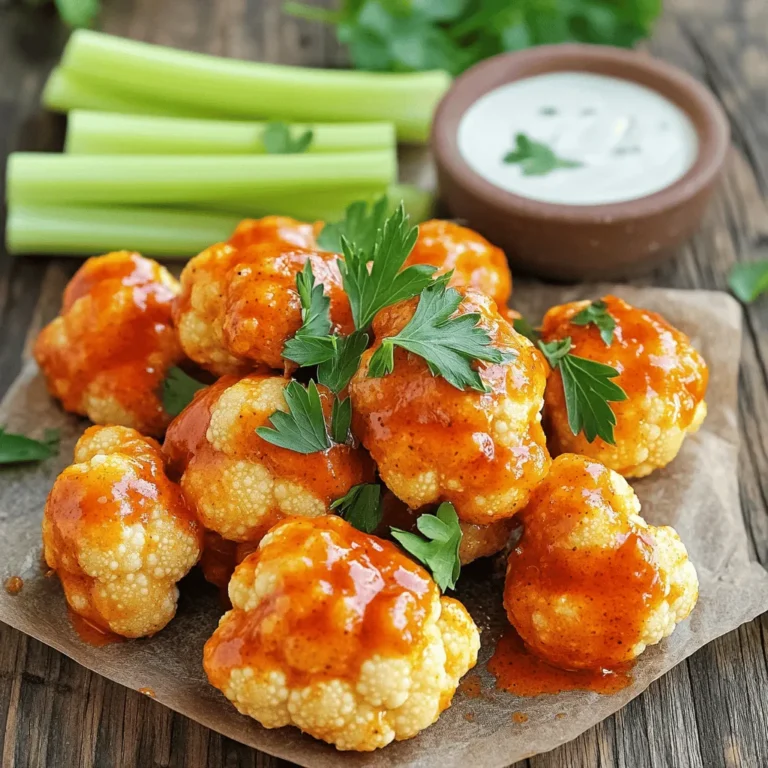 To make tasty Cauliflower Buffalo Wings, you need a few key items: - 1 medium cauliflower head, cut into bite-sized florets - 1 cup all-purpose flour - 1 cup almond milk (or any plant-based milk) - 1 teaspoon garlic powder - 1 teaspoon onion powder - 1 teaspoon paprika - 1/2 teaspoon cayenne pepper (adjust for spice level) - 1/2 teaspoon salt - 1/2 teaspoon black pepper - 1 cup buffalo sauce (store-bought or homemade) - 2 tablespoons unsalted butter or vegan butter, melted - Fresh parsley, chopped (for garnish) - Celery sticks (for serving) - Ranch or blue cheese dressing (for serving) You can add fun flavors to your wings. Here are some ideas: - Use smoked paprika for a deeper taste. - Swap almond milk for coconut milk for a creamier texture. - Add nutritional yeast for a cheesy flavor. Dipping sauces make these wings even better. Try these: - Classic ranch dressing pairs well with the spice. - Blue cheese dressing adds a rich taste. - A zesty yogurt sauce cools down the heat. These ingredients create a crunchy, spicy snack. You can find the full recipe in the article to guide you through each step. Enjoy! First, grab a medium cauliflower head. Cut it into bite-sized florets. Make sure they are all roughly the same size. This helps them cook evenly. Rinse the florets under cold water. Drain them well and set them aside. In a large bowl, combine the flour, garlic powder, onion powder, paprika, cayenne pepper, salt, and black pepper. Mix these dry ingredients well with a whisk. Next, slowly pour in the almond milk. Whisk until you have a smooth batter. The batter should be thick enough to coat the florets. If it seems too runny, add a little more flour. Preheat your oven to 450°F (232°C). Line a baking sheet with parchment paper. Now, dip each floret into the batter. Make sure each piece gets a good coating. Place the coated florets on the baking sheet. Leave some space between them. Bake for 20 minutes or until golden brown and crispy. While they bake, mix the buffalo sauce and melted butter in a bowl. After 20 minutes, take the cauliflower out. Toss the crispy wings in the buffalo sauce mixture until coated. Return them to the oven for 10-15 more minutes. They should be crispy and the sauce thickened. Serve them hot, garnished with fresh parsley, and enjoy with celery sticks and your favorite dressing. For the full recipe, check out the details provided earlier! To make your cauliflower buffalo wings crispy, use a thick batter. A thick coat helps create that crunch we all love. Make sure to leave space between each floret on the baking sheet. This ensures hot air can circulate around them. If you want extra crispiness, bake them a little longer. Just keep an eye on them to avoid burning. Buffalo wings are known for their heat. If you prefer milder wings, reduce the cayenne pepper. For a spicy kick, add more buffalo sauce after baking. Taste the sauce before you dip the cauliflower. This way, you can find the right heat for your palate. Remember, you can always add more spice, but it's hard to take it away! Baking is the easiest and healthiest way to cook these wings. It keeps them crispy without much oil. If you want to fry, heat oil in a pan and cook until golden brown. Air frying is another great option. It gives a nice crunch with less oil. Whichever method you choose, just ensure the wings are evenly cooked. Follow the full recipe to explore these cooking methods! {{image_2}} You can switch up the flavor of your cauliflower buffalo wings by trying different sauces. Instead of classic buffalo sauce, you might enjoy a sweet chili sauce for a milder taste. For a smoky twist, try a chipotle sauce. Honey mustard also adds a unique zing. You can mix sauces too! Combine buffalo and honey for sweet and spicy wings. If you need gluten-free options, use almond flour or chickpea flour instead of all-purpose flour. Both work well and still give you a nice crispy texture. Make sure your buffalo sauce is gluten-free too. Many brands offer gluten-free choices, so check the label. You can add more flavor to your batter with extra seasonings. Try adding cumin for a warm taste or nutritional yeast for a cheesy flavor. A pinch of oregano or thyme can also enhance the dish. Experiment with spices you love. Each change gives a new twist to your cauliflower buffalo wings. For a full recipe, check out the ingredients and instructions in the main section! To store your Cauliflower Buffalo Wings, let them cool completely. Place them in an airtight container. You can keep them in the fridge for up to 3 days. For longer storage, freeze the wings. Use a freezer-safe bag or container. They can last up to 3 months in the freezer. Make sure to label the bags with the date. This step helps you use them before they go bad. When you’re ready to enjoy your wings again, preheat your oven to 400°F (204°C). Place the wings on a baking sheet lined with parchment paper. Heat for about 10-15 minutes. This method keeps the wings crispy. You can also reheat them in an air fryer. Set the air fryer to 350°F (177°C) for about 5-7 minutes. Just check on them to avoid burning. To keep your Cauliflower Buffalo Wings fresh, store them in the fridge right after cooling. Avoid leaving them out for too long. Reheat only what you plan to eat. If you have leftover sauce, store it separately. This keeps everything tasting great. Enjoy your delicious cauliflower wings at their best! For the detailed recipe, check the Full Recipe section. Yes, you can prepare them ahead of time. Make the batter and coat the cauliflower. Store the coated florets in the fridge. Bake them when you’re ready to serve. They will still be tasty! Serve them hot and crispy. I like to add fresh parsley on top for color. Pair them with celery sticks for crunch. Don’t forget your favorite ranch or blue cheese dressing for dipping! Yes, you can freeze leftovers. Once they cool down, place them in an airtight container. When you want to eat them, reheat them in the oven for extra crispiness. This keeps them tasty! Making homemade buffalo sauce is easy! Combine 1 cup of hot sauce with 2 tablespoons of melted butter. Mix well until smooth. You can adjust spice by adding more hot sauce if you like it spicy. This sauce adds a great kick! You can find the full recipe in the article for even more details. In this post, we covered how to make delicious Cauliflower Buffalo Wings. We explored the key ingredients, step-by-step instructions, and useful tips for perfect texture. We discussed flavor options and storage methods to keep your wings fresh. Enjoy these tasty wings for your next party or snack. You'll impress everyone with your cooking skills. Try different dips and seasonings to find your favorite combo!