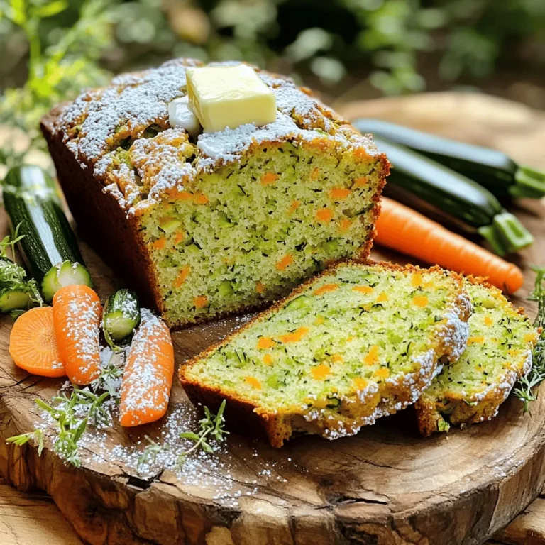 For this delicious Zucchini Carrot Bread, gather the following ingredients: - 2 cups grated zucchini (about 2 medium zucchinis) - 1 cup grated carrots (about 2 medium carrots) - 1 ½ cups all-purpose flour - 1 teaspoon baking soda - 1 teaspoon baking powder - ½ teaspoon salt - 1 teaspoon ground cinnamon - ½ teaspoon ground nutmeg - ¾ cup granulated sugar - ½ cup brown sugar, packed - 3 large eggs - ½ cup vegetable oil - 1 teaspoon vanilla extract - ½ cup chopped walnuts or pecans (optional) - ½ cup raisins or dried cranberries (optional) Grate the zucchini and carrots using a box grater. Make sure to drain the zucchini and carrots. This step is key to avoid sogginess. You can also add optional ingredients. Walnuts or pecans give a nice crunch. Raisins or dried cranberries add sweetness. Feel free to mix and match based on your taste! This loaf serves about 10 people. Each slice has roughly 230 calories. It contains: - 5g protein - 11g fat - 30g carbs Zucchini and carrots are packed with vitamins. They provide Vitamin A, Vitamin C, and potassium. These nutrients boost your immune system and support vision. Plus, zucchini has a lot of water, which keeps you hydrated. Carrots are great for healthy skin and eyes. This bread is not just tasty; it’s good for you too! First, let's prepare the zucchini and carrots. Grate 2 medium zucchinis and 2 medium carrots using a box grater or food processor. After grating, place them in a clean kitchen towel. Squeeze the towel to remove excess moisture. This step is key to keeping your bread from being soggy. Next, in a large bowl, mix the dry ingredients. Combine 1 ½ cups of all-purpose flour, 1 teaspoon of baking soda, 1 teaspoon of baking powder, ½ teaspoon of salt, 1 teaspoon of ground cinnamon, and ½ teaspoon of ground nutmeg. Whisk these together until well blended. In another bowl, mix the wet ingredients. Whisk together ¾ cup of granulated sugar, ½ cup of packed brown sugar, 3 large eggs, ½ cup of vegetable oil, and 1 teaspoon of vanilla extract until smooth. Now, slowly add the wet mixture to the dry mixture. Stir gently until just combined. Avoid overmixing, as this can make the bread tough. Pour the batter into your greased loaf pan. Smooth the top with a spatula. Bake in a preheated oven at 350°F for 50-60 minutes. To check for doneness, insert a toothpick into the center of the bread. If it comes out clean or with a few moist crumbs, your bread is ready. Once baked, let the bread cool in the pan for about 10 minutes. Then, transfer it to a wire rack to cool completely. Enjoy the wonderful smell as it fills your kitchen! Draining excess moisture from the zucchini and carrots is key. If you skip this step, your bread may turn out soggy. Here’s how to do it right: After grating, place the veggies in a clean towel and twist to squeeze out the liquid. This will help keep your bread light and fluffy. Measuring flour accurately is also important. Use the spoon-and-level method for best results. Spoon flour into a dry measuring cup, then level it off with a knife. Avoid packing the flour, as this can lead to too much flour in your mix. To boost flavor, add spices like cinnamon or nutmeg. A teaspoon of vanilla extract can also make a big difference. If you enjoy crunch, toss in some chopped walnuts or pecans. Fresh ingredients, like ripe zucchini and vibrant carrots, enhance taste and nutrition. Always pick the best, as it shows in your final bread. For those wanting something sweet, consider adding raisins or dried cranberries. They add a lovely burst of flavor and texture. This little extra touch can make your zucchini carrot bread stand out. Check out the Full Recipe for more detailed steps! {{image_2}} You can boost the flavor of your zucchini carrot bread in fun ways. Adding spices like ginger or cloves gives it a warm kick. A splash of almond extract can make it sweet and nutty. If you want to mix in some fruit, try adding crushed pineapple. It adds moisture and a hint of sweetness. You can even throw in some chocolate chips for a rich twist. Think about what flavors you love and get creative! If you're looking for gluten-free options, swap the all-purpose flour for almond or coconut flour. You can also use a gluten-free flour blend. For a vegan twist, replace the eggs with flax eggs. Just mix one tablespoon of ground flaxseed with three tablespoons of water and let it sit for a few minutes. To cut down on sugar, use applesauce or mashed bananas instead. These swaps will keep your bread tasty while fitting your diet. Check out the Full Recipe for more details! To keep your zucchini carrot bread fresh, wrap it tightly in plastic wrap. This keeps moisture in and air out. You can also place it in an airtight container. For long-term storage, slice the bread and freeze it. Use freezer bags and remove as much air as possible. This way, you can enjoy slices later without losing flavor. At room temperature, the bread lasts about three days. If you keep it in the fridge, it can last up to a week. Always check for signs of spoilage. Look for mold or an off smell. If the bread feels dry or crumbly, it might not be good anymore. Enjoy your zesty zucchini carrot bread while it's fresh! Yes, you can use frozen zucchini and carrots. Just make sure to thaw them first. Drain any extra water after thawing. This step is key, as excess moisture can make the bread too wet. If you skip this, your zucchini carrot bread might end up soggy. The flavor stays great, so don’t worry about that! To make the bread denser, use less flour or add a bit of extra zucchini. You can also try adding more sugar. For a fluffier texture, add an extra egg or use cake flour instead of all-purpose flour. Be careful not to overmix; this can make the bread tough. Mix just until combined for the best result. Yes, you can double the recipe easily. Just use twice the amount of each ingredient. Make sure to use a larger loaf pan or two pans. Bake time might change, so check both loaves with a toothpick. If you use two pans, they may bake faster. Follow the Full Recipe for the best results! In this post, we covered how to make a delicious bread using zucchini and carrots. You learned the best ingredients and methods to prepare them. We discussed the nutrition benefits and provided step-by-step baking instructions. I also shared tips for flavor and storage, along with variations to suit your taste. Remember, fresh ingredients lead to great flavor. Follow the guidance to avoid common mistakes, and you'll achieve a wonderful loaf every time. Enjoy your baking journey!