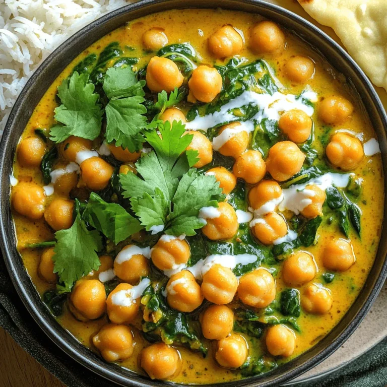 For a great chickpea curry, you need: - 2 cups canned chickpeas, drained and rinsed - 1 medium onion, finely chopped - 3 cloves garlic, minced - 1 tablespoon ginger, grated - 1 can (14 oz) coconut milk - 1 can (14 oz) diced tomatoes - 2 tablespoons curry powder - 1 teaspoon turmeric powder - 1 teaspoon cumin powder - 1 teaspoon garam masala - 2 cups spinach, fresh - 2 tablespoons vegetable oil - Salt and pepper to taste - Fresh cilantro for garnish - Cooked basmati rice or naan for serving To make your chickpea curry even tastier, consider adding: - A splash of lemon juice for brightness - Green chilies for heat - Bell peppers for extra crunch - Peas or carrots for added sweetness These options let you tailor the dish to your taste. You can mix and match to find your favorite combo. Chickpeas are a great source of protein and fiber. They help keep you full longer. Coconut milk adds healthy fats, making the dish creamy. Spinach is packed with vitamins and minerals. It boosts your health and adds color to the meal. This chickpea curry recipe is not just easy; it’s also good for you! Enjoying this dish means you get a tasty meal while nourishing your body. For the complete recipe, check out the Full Recipe section. Start by gathering all your ingredients. This makes cooking easier and faster. You need: - 2 cups canned chickpeas, drained and rinsed - 1 medium onion, finely chopped - 3 cloves garlic, minced - 1 tablespoon ginger, grated - 1 can (14 oz) coconut milk - 1 can (14 oz) diced tomatoes - 2 tablespoons curry powder - 1 teaspoon turmeric powder - 1 teaspoon cumin powder - 1 teaspoon garam masala - 2 cups spinach, fresh - 2 tablespoons vegetable oil - Salt and pepper to taste - Fresh cilantro for garnish - Cooked basmati rice or naan for serving Chop the onion, mince the garlic, and grate the ginger. This helps the flavors blend well. To cook, heat vegetable oil in a large pot over medium heat. Add the chopped onion and sauté for about 5-7 minutes until it becomes soft and translucent. Then, stir in the minced garlic and grated ginger. Cook for another 1-2 minutes. This step fills your kitchen with a delightful aroma. Next, add the curry powder, turmeric, cumin, and garam masala. Stir these spices into the onion mix. This makes the spices release their full flavors. Pour in the canned diced tomatoes and stir. Let this cook for about 5 minutes. Now, add your rinsed chickpeas and coconut milk. Stir well and bring the pot to a gentle simmer. Let it cook for 15-20 minutes. This allows the flavors to meld together nicely. In the last few minutes, fold in the fresh spinach. Cook until it wilts. Season with salt and pepper to taste. - Onion Stage: Look for a soft and translucent texture after sautéing. - Spice Stage: You should smell a rich, warm aroma when spices hit the onions. - Tomato Stage: The mixture should bubble and thicken slightly after cooking with tomatoes. - Chickpea Stage: The curry should be creamy and fragrant before adding spinach. By following these steps, you create a delicious chickpea curry. For the full experience, serve it over rice or with warm naan. Enjoy your meal! Making chickpea curry is simple, but a few mistakes can ruin it. Here are some common ones: - Skipping the spices: Always toast your spices. This brings out their true flavor. - Not cooking the onion enough: Sauté onions until they are soft. This builds a good base. - Ignoring the salt: Salt enhances flavor. Don’t forget to add it to your dish. - Using dry chickpeas: Canned chickpeas save time and are easy to use. To take your curry to the next level, use these expert tips: - Quality coconut milk: Choose full-fat coconut milk for a rich, creamy texture. It makes a big difference. - Add acid: A squeeze of lemon or lime juice brightens the dish. This balances the flavors well. - Experiment with greens: While spinach is great, try adding kale or Swiss chard for variety. - Garnish wisely: Fresh cilantro adds a pop of color and flavor. Don’t skip this step! When serving chickpea curry, consider these tasty options: - Basmati rice: This fragrant rice pairs perfectly with the curry. It soaks up the sauce well. - Warm naan: Soft naan is great for scooping up curry. It adds a lovely texture. - Side salad: A fresh salad with cucumber and tomatoes cools the palate and adds crunch. - Yogurt or raita: A dollop of yogurt or raita balances the spices. It adds creaminess too. For the full recipe, refer to the section above. Enjoy your cooking journey! {{image_2}} Chickpea curry changes from place to place. In India, you find chana masala. This dish uses lots of spices, like cumin and coriander. In the Middle East, they make a simpler curry. They often add tahini for a creamy texture. In North Africa, chickpeas mix with spices like saffron and cinnamon. Each style shows how local tastes shape the dish. It’s fun to explore these flavors and find your favorite! Chickpea curry is great for everyone. If you love dairy, you can add yogurt or cream. This makes the dish richer and creamier. For vegans, stick with coconut milk. It gives the curry the same creamy feel without animal products. You can also add tofu or tempeh for extra protein. Both options keep the dish full of flavor and nourishment. Spices create the magic in chickpea curry. You can change the taste with simple swaps. For a warm flavor, use garam masala, turmeric, and cumin. If you want heat, add chili powder or cayenne pepper. For a fresh touch, try adding coriander and lemon juice. Each blend brings a new vibe. You can even create your own special blend! Experiment to find what you love best. Check out the full recipe for more ideas. After enjoying your meal, let the chickpea curry cool down. Once it's cool, transfer the curry to an airtight container. Store it in the fridge. It will stay fresh for up to four days. Make sure to label the container with the date. This way, you won't forget when you made it. When you are ready to eat the leftovers, take the curry out of the fridge. You can heat it on the stove or in the microwave. If you use the stove, add a splash of water to prevent it from sticking. Heat it over medium heat until it’s warm. Stir frequently to ensure it heats evenly. In the microwave, use a microwave-safe bowl and cover it. Heat in short bursts of one minute, stirring in between. This keeps it moist and tasty. If you want to save chickpea curry for later, freezing is a great option. First, let it cool completely. Then, pour it into a freezer-safe container or bag. Make sure to remove as much air as possible. Label it with the date to keep track. The curry can last up to three months in the freezer. When you’re ready to eat it, take it out and let it thaw in the fridge overnight. Reheat it the same way as leftovers. Enjoy your tasty chickpea curry any time! For the full recipe, check out the details provided earlier. Chickpea curry is a hearty dish made with chickpeas, spices, and sometimes coconut milk. It has a creamy texture and rich flavor. This dish is popular in many cultures. You can find it in Indian, Middle Eastern, and Caribbean cuisines. I love how versatile it is. You can adjust the spices to fit your taste. Yes, you can make chickpea curry without coconut milk. Use vegetable broth instead for a lighter version. You can also use almond milk or cashew cream for a creamy texture. Each option gives a different flavor, but it still tastes great. I often switch it up based on what I have at home. Chickpea curry lasts about 3 to 5 days in the fridge. Store it in an airtight container to keep it fresh. Reheat it on the stove or in the microwave when you’re ready to eat. The flavors deepen as it sits, making it even tastier! If you need a substitute, you can use white beans or lentils. Black beans also work well. Each of these will change the flavor and texture slightly, but they all pair well with curry spices. Try different options to find your favorite! The best sides are basmati rice or warm naan. Both soak up the curry's sauce nicely. You can also serve it with a fresh salad or yogurt. These sides add balance and make your meal more filling. Enjoy experimenting with different combinations! Chickpea curry is easy to make and tasty. You learned about key ingredients, cooking steps, and helpful tips. You saw variations and how to store it for later. Remember, a good dish starts with solid ingredients and smart cooking. With practice, you can perfect your chickpea curry. Explore different spices and serving ideas to keep it fun. Enjoy every bite of your homemade meal!