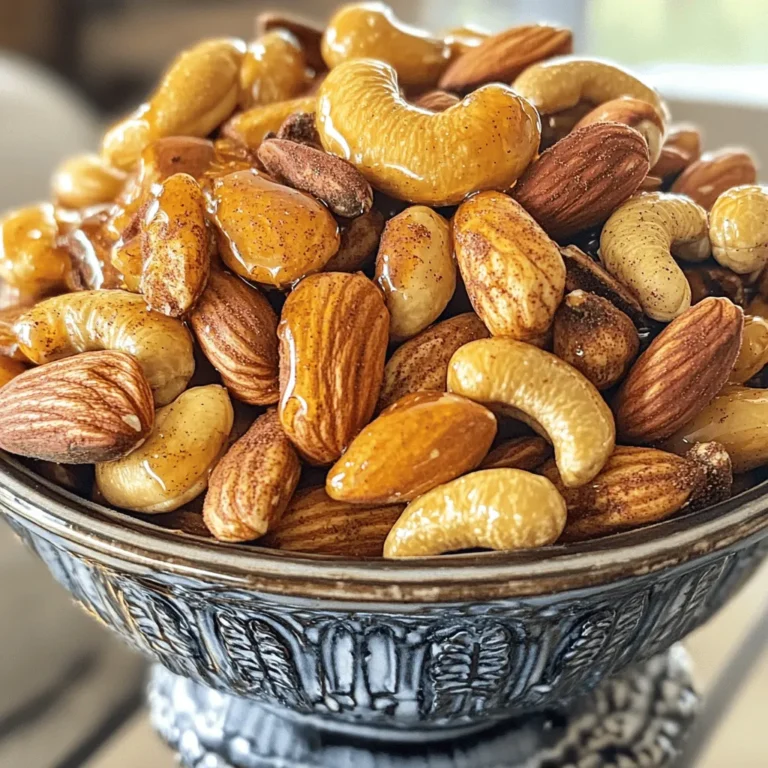 To make sweet and spicy roasted nuts, gather these simple ingredients: - 2 cups mixed nuts (almonds, cashews, pecans, and walnuts) - 2 tablespoons olive oil - 3 tablespoons honey - 1 teaspoon ground cinnamon - 1/2 teaspoon cayenne pepper (adjust to taste) - 1/2 teaspoon smoked paprika - 1/2 teaspoon sea salt - 1/4 cup brown sugar - 1 teaspoon vanilla extract - A pinch of black pepper These ingredients create a perfect blend of flavors. The mixed nuts provide a crunchy base. Olive oil helps the spices stick. Honey adds sweetness, while spices like cinnamon and cayenne give a kick. When you use fresh ingredients, your nuts taste better. You can adjust the cayenne to make them spicier or milder. This recipe is flexible, so feel free to swap in your favorite nuts! For the complete process, you can check the Full Recipe. Enjoy the burst of flavors in every bite! - Preheat your oven to 350°F (175°C) and line a baking sheet with parchment paper. - In a large mixing bowl, combine the mixed nuts and olive oil. Toss until coated. - In a small bowl, whisk together honey, spices, and seasonings until smooth. - Pour the mixture over the nuts, spread on the baking sheet, and roast for 15-20 minutes. - Stir the nuts halfway through to get even cooking. Keep an eye on them to avoid burning. When golden brown and fragrant, they are ready. - Once done, remove them from the oven and let them cool on the baking sheet. They will harden as they cool. - After cooling, break apart any clumps and store in an airtight container. Check out the Full Recipe for more detailed steps. To get the best taste from your sweet and spicy roasted nuts, start with fresh ingredients. Fresh nuts and spices make a big difference. If you love spice, adjust the cayenne pepper to your liking. It can add a nice kick or just a hint of heat. Keep a close eye on the nuts as they roast. Nuts can go from golden to burned very quickly. Stir them halfway through roasting to ensure even cooking. This helps them roast perfectly without any burnt bits. For a beautiful display, serve the nuts in decorative bowls or jars. This adds a nice touch to any table. You can also package them in clear bags with ribbons for gifts. They look great and taste even better! {{image_2}} You can mix up the nuts for fun. Use pecans and walnuts for a richer flavor. Both nuts add a nice crunch and depth. You can also try hazelnuts or pistachios for a new twist. Each nut brings its unique taste, making your snack even better. Don’t be afraid to play with flavors. Swap honey for maple syrup if you want a different sweetness. Maple syrup adds a nice, earthy touch. You can also try new spices. Nutmeg or chili powder can change the taste a lot. Adjust these spices based on what you like best. This way, you can make the recipe your own. - Store in an airtight container to keep your nuts fresh. - Keep your container in a cool, dry place. You can also refrigerate for a longer shelf life. - You can enjoy these nuts for up to 2 weeks at room temperature. Yes, you can make these nuts ahead of time. They store well for up to two weeks. Just keep them in an airtight container. This makes them perfect for parties or snacks on busy days. The best nuts for this recipe are: - Almonds - Cashews - Pecans - Walnuts You can mix and match these nuts based on your preference. Each nut adds its own flavor and texture. To reduce sweetness, cut back on the brown sugar or honey. You can also add more salt or spices. This balance will keep the flavor nice and savory. Yes, this recipe can be made vegan. Simply replace honey with maple syrup or agave nectar. This keeps the sweet and spicy combo without using any animal products. For the full recipe and step-by-step instructions, check out the Sweet and Spicy Roasted Nuts recipe in one place. This blog post shared a simple recipe for sweet and spicy roasted nuts. You learned about the key ingredients and step-by-step instructions. We discussed tips for flavor and how to store them. You can mix nuts and spices to fit your taste. Whether for a party or a snack, these nuts are a hit. Enjoy making this tasty treat your own, and share it with friends!