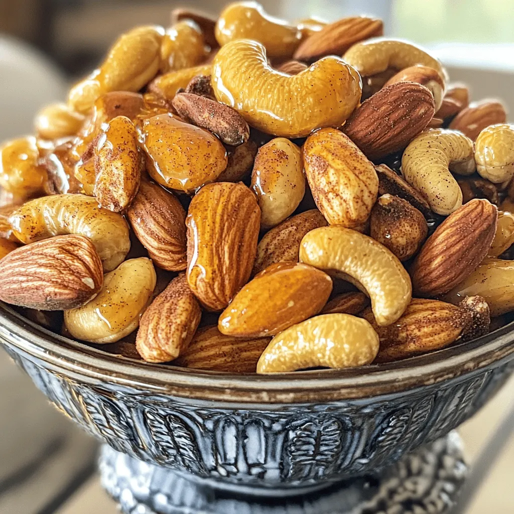 To make sweet and spicy roasted nuts, gather these simple ingredients: - 2 cups mixed nuts (almonds, cashews, pecans, and walnuts) - 2 tablespoons olive oil - 3 tablespoons honey - 1 teaspoon ground cinnamon - 1/2 teaspoon cayenne pepper (adjust to taste) - 1/2 teaspoon smoked paprika - 1/2 teaspoon sea salt - 1/4 cup brown sugar - 1 teaspoon vanilla extract - A pinch of black pepper These ingredients create a perfect blend of flavors. The mixed nuts provide a crunchy base. Olive oil helps the spices stick. Honey adds sweetness, while spices like cinnamon and cayenne give a kick. When you use fresh ingredients, your nuts taste better. You can adjust the cayenne to make them spicier or milder. This recipe is flexible, so feel free to swap in your favorite nuts! For the complete process, you can check the Full Recipe. Enjoy the burst of flavors in every bite! - Preheat your oven to 350°F (175°C) and line a baking sheet with parchment paper. - In a large mixing bowl, combine the mixed nuts and olive oil. Toss until coated. - In a small bowl, whisk together honey, spices, and seasonings until smooth. - Pour the mixture over the nuts, spread on the baking sheet, and roast for 15-20 minutes. - Stir the nuts halfway through to get even cooking. Keep an eye on them to avoid burning. When golden brown and fragrant, they are ready. - Once done, remove them from the oven and let them cool on the baking sheet. They will harden as they cool. - After cooling, break apart any clumps and store in an airtight container. Check out the Full Recipe for more detailed steps. To get the best taste from your sweet and spicy roasted nuts, start with fresh ingredients. Fresh nuts and spices make a big difference. If you love spice, adjust the cayenne pepper to your liking. It can add a nice kick or just a hint of heat. Keep a close eye on the nuts as they roast. Nuts can go from golden to burned very quickly. Stir them halfway through roasting to ensure even cooking. This helps them roast perfectly without any burnt bits. For a beautiful display, serve the nuts in decorative bowls or jars. This adds a nice touch to any table. You can also package them in clear bags with ribbons for gifts. They look great and taste even better! {{image_2}} You can mix up the nuts for fun. Use pecans and walnuts for a richer flavor. Both nuts add a nice crunch and depth. You can also try hazelnuts or pistachios for a new twist. Each nut brings its unique taste, making your snack even better. Don’t be afraid to play with flavors. Swap honey for maple syrup if you want a different sweetness. Maple syrup adds a nice, earthy touch. You can also try new spices. Nutmeg or chili powder can change the taste a lot. Adjust these spices based on what you like best. This way, you can make the recipe your own. - Store in an airtight container to keep your nuts fresh. - Keep your container in a cool, dry place. You can also refrigerate for a longer shelf life. - You can enjoy these nuts for up to 2 weeks at room temperature. Yes, you can make these nuts ahead of time. They store well for up to two weeks. Just keep them in an airtight container. This makes them perfect for parties or snacks on busy days. The best nuts for this recipe are: - Almonds - Cashews - Pecans - Walnuts You can mix and match these nuts based on your preference. Each nut adds its own flavor and texture. To reduce sweetness, cut back on the brown sugar or honey. You can also add more salt or spices. This balance will keep the flavor nice and savory. Yes, this recipe can be made vegan. Simply replace honey with maple syrup or agave nectar. This keeps the sweet and spicy combo without using any animal products. For the full recipe and step-by-step instructions, check out the Sweet and Spicy Roasted Nuts recipe in one place. This blog post shared a simple recipe for sweet and spicy roasted nuts. You learned about the key ingredients and step-by-step instructions. We discussed tips for flavor and how to store them. You can mix nuts and spices to fit your taste. Whether for a party or a snack, these nuts are a hit. Enjoy making this tasty treat your own, and share it with friends!