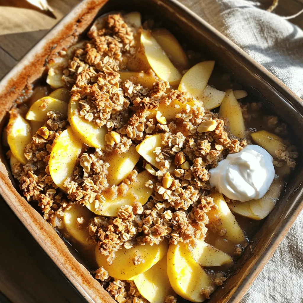 - 4 large apples (Granny Smith or Honeycrisp), peeled, cored, and sliced - 1 tablespoon lemon juice - ½ teaspoon ground cinnamon - ½ teaspoon nutmeg - ½ cup rolled oats - ½ cup almond flour - ¼ cup chopped walnuts or pecans - 2 tablespoons honey or maple syrup - 3 tablespoons coconut oil, melted - Pinch of salt Apples are full of fiber and vitamin C. They help keep your heart healthy. Lemon juice adds a fresh taste and boosts vitamin C. Cinnamon helps control blood sugar levels. Nutmeg can improve your digestion. Rolled oats provide whole grains and energy. Almond flour is low in carbs and high in protein. It is a great gluten-free option. Walnuts or pecans add healthy fats and protein. Honey or maple syrup gives natural sweetness without refined sugar. Lastly, coconut oil offers healthy fats that can boost energy. If you're allergic to nuts, use sunflower seeds instead of walnuts or pecans. For a gluten-free version, ensure your oats are certified gluten-free. You can also swap almond flour with oat flour. If you prefer a vegan option, replace honey with agave syrup. Start by washing your apples. I love using Granny Smith or Honeycrisp apples. They are crisp and tart. Peel, core, and slice the apples into thin pieces. This helps them cook evenly. Next, place the sliced apples in a large bowl. Add one tablespoon of lemon juice. This keeps the apples fresh. Then, sprinkle in half a teaspoon of ground cinnamon and nutmeg. These spices add great flavor. Toss everything together so the apples are well coated. Finally, spread the apple mixture in a greased 9x9-inch baking dish. In another bowl, combine half a cup of rolled oats and half a cup of almond flour. Next, add a quarter cup of chopped walnuts or pecans for crunch. Drizzle in two tablespoons of honey or maple syrup for sweetness. Pour in three tablespoons of melted coconut oil. This helps the topping crisp up nicely. Add a pinch of salt to balance the flavors. Mix all the ingredients until they look crumbly. This will be your delicious crisp topping. Now it’s time to bake! Preheat your oven to 350°F (175°C). Take your apple mixture and spread the crisp topping evenly over it. Place the baking dish in the oven. Bake for 25 to 30 minutes. You want the apples to be tender and the top to be golden brown. While it bakes, your kitchen will smell amazing! Once done, let it cool for a few minutes before serving. Enjoy your healthy apple crisp warm, perhaps with a scoop of low-sugar ice cream. For more details, check the Full Recipe. When picking apples, choose ones that are firm and fresh. I love using Granny Smith or Honeycrisp apples. They give the best balance of sweet and tart. Look for apples without bruises or soft spots. This ensures they stay crisp in your dish. Fresh apples bring out the best flavor in your healthy apple crisp. Spices can transform your apple crisp. I use ground cinnamon and nutmeg for a warm taste. A half teaspoon of each adds just the right kick. You can also try adding ginger or allspice for extra flavor. Don’t forget to mix the spices well with the apples. This evenly spreads the taste and makes every bite special. To get a crunchy topping, combine rolled oats and almond flour. These ingredients create a great texture. Use melted coconut oil for added richness. You want the topping to be crumbly, not too wet. If it’s too dry, add a splash of honey or maple syrup. Bake until the top turns golden brown. This ensures a tasty crunch on top of soft, tender apples. For the full recipe, check the complete guide. {{image_2}} You can easily make this healthy apple crisp vegan and gluten-free. To go vegan, simply replace the honey or maple syrup with agave syrup. For a gluten-free option, use certified gluten-free oats and almond flour. These swaps keep the dish tasty but cater to different diets. While apples are the star, you can mix in other fruits. Pears add a sweet touch. Berries like blueberries or raspberries bring a tart flavor. Just remember to adjust the sugar based on the fruit's sweetness. This makes your apple crisp even more exciting and colorful! Nuts add a great crunch to your crisp. You can use walnuts or pecans, but don’t stop there! Try almonds or hazelnuts for a unique twist. You could even mix different nuts for a fun texture. Just chop them up and sprinkle them into the topping for extra flavor. For the full recipe, check out the Healthy Apple Crisp. After you enjoy your Healthy Apple Crisp, store the leftovers in an airtight container. This keeps them fresh. Place the container in the fridge. It will last for about 3 to 4 days. Make sure to let it cool before sealing it up. When you're ready to eat your leftovers, preheat your oven to 350°F (175°C). Place the apple crisp in a baking dish. Cover it with foil to keep it moist. Heat for about 10-15 minutes. You can also microwave individual servings for about 30-60 seconds. Just watch it to avoid overheating. If you have extra apple crisp, you can freeze it. First, let it cool completely. Then, cut it into portions and wrap each piece in plastic wrap. Place these in a freezer-safe bag. They will stay good for up to 3 months. When you want to eat one, thaw it in the fridge overnight before reheating. Enjoy your tasty treat anytime! For the full recipe, refer back to the main section. Yes, you can use sugar substitutes. Some great options are stevia, monk fruit, or erythritol. These sweeteners work well without adding excess calories. Just make sure to check the conversion ratios. They may be sweeter than regular sugar. Start with a smaller amount and taste as you go. This will help you find the right balance. Healthy Apple Crisp lasts about 3 to 5 days in the fridge. Store it in an airtight container to keep it fresh. If you leave it uncovered, the topping can get soggy. You want to enjoy that crispness! When you reheat it, the apples may become softer, but the flavor stays great. Absolutely! You can make it ahead of time. Just prepare it and cover it well. Store it in the fridge for up to a day before baking. When you’re ready to serve, just pop it in the oven. Bake as directed in the Full Recipe. This is a great way to save time on busy days or for special occasions! In this article, we explored how to make a delicious apple crisp. We reviewed essential ingredients and their benefits, covered step-by-step instructions, and provided tips for picking the best apples. You learned about vegan options and how to store leftovers. Remember, this dish is versatile and easy to adapt. Whether you choose different fruits or toppings, your apple crisp can shine. Don't be afraid to get creative and enjoy every bite. Happy baking!