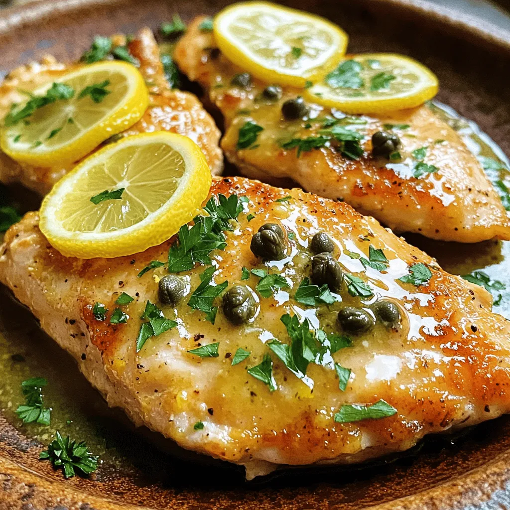 To make a tasty chicken piccata, you need a few simple ingredients. Each one plays a key role in building flavor. Here’s what you will need: - Chicken breasts: Use 4 boneless, skinless chicken breasts. They cook quickly and stay juicy. - Flour and seasonings: Combine 1/2 cup of all-purpose flour with 1 teaspoon of salt, 1/2 teaspoon of black pepper, 1/4 teaspoon of garlic powder, and 1/4 teaspoon of paprika. This mix gives the chicken a nice crust. - Olive oil and liquids: You'll need 3 tablespoons of olive oil for cooking. For the sauce, gather 1/4 cup of low-sodium chicken broth and 2 tablespoons of fresh lemon juice. These add depth and tang to the dish. - Garnishes: Fresh parsley, chopped, and lemon slices make great toppings. They add color and freshness. With these ingredients, you can create a flavorful meal in just a short time. If you want the complete guide, check out the Full Recipe. Start by flattening the chicken breasts. Use a meat mallet or a rolling pin. Place the chicken between two sheets of plastic wrap. This helps the chicken cook evenly. Aim for about half an inch thick. Thin chicken cooks faster and stays juicy. Next, coat the chicken in seasoned flour. In a shallow dish, mix flour with salt, black pepper, garlic powder, and paprika. Dredge each chicken breast in the mixture. Make sure it’s fully covered. Shake off any extra flour. This step gives the chicken a crispy crust. Now, heat olive oil in a large skillet over medium heat. Once the oil is hot, add the coated chicken breasts. Cook them for about 4-5 minutes on each side. Look for that golden brown color. This means your chicken is ready. Remove the chicken from the skillet and set it aside on a plate. In the same skillet, add chicken broth, lemon juice, and capers. Stir to mix everything together. Scrape up any tasty bits stuck to the bottom of the skillet. Let this mixture simmer for 2-3 minutes. This helps the flavors blend and the sauce to thicken slightly. Return the cooked chicken to the skillet. Spoon some sauce over each piece. Cook for another 1-2 minutes to warm the chicken. When ready, remove from heat. Sprinkle with fresh parsley. Serve with lemon slices on the side for a zesty kick. For the full recipe, check the details provided. To make your chicken piccata sing with flavor, start by seasoning it well. Here are my tips: - Use salt and pepper: A good sprinkle of salt and pepper adds basic flavor. - Add garlic powder: This gives a nice depth without being too strong. - Try paprika: It adds a hint of sweetness and color to the dish. - Marinate if possible: Let the chicken sit in lemon juice and seasonings for 15-30 minutes. This can make a big difference in taste. The sauce should be smooth and slightly thick. Here’s how to get that perfect texture: - Use low-sodium broth: This keeps the flavor strong without being too salty. - Let it simmer: Simmering the sauce for a few minutes helps it reduce and thicken. - Adjust with flour: If your sauce is too thin, add a little more flour to help it thicken. Just whisk it in slowly. You can switch up how you cook chicken piccata for different flavors: - Grill the chicken: This adds a smoky taste that pairs well with the lemon. - Bake it: Cooking in the oven can make it juicy and tender. - Try a slow cooker: This gives you tender chicken that absorbs all the flavors. For the full recipe, check out the details I shared earlier! {{image_2}} You can make your chicken piccata even better by adding fresh herbs. Herbs like thyme, basil, or oregano can boost the flavor. Just chop them finely and mix them into the flour before dredging the chicken. This small change can add a new layer of taste. Fresh herbs not only taste great but also make your dish look beautiful. If you want to switch things up, consider using different proteins. Instead of chicken, you can use fish like salmon or tilapia. You could also try veal for a richer taste. Just be sure to adjust the cooking time. Fish cooks faster than chicken, so keep an eye on it. This way, you can enjoy a new twist on the classic recipe. Making chicken piccata gluten-free is easy. You can use almond flour or rice flour instead of regular flour for dredging. Both options give a nice crisp texture. Just ensure that all your other ingredients are gluten-free too. This way, everyone can enjoy your tasty chicken piccata. For the full recipe, check out the section above. To keep your Chicken Piccata fresh, store leftovers in an airtight container. Place it in the fridge within two hours of cooking. This helps prevent bacteria growth. You can keep it in the fridge for up to three days. When you're ready to eat, reheat it gently in a skillet. This keeps the chicken juicy and the sauce flavorful. You can freeze Chicken Piccata for later use. First, let it cool completely. Then, place it in a freezer-safe container or bag. Make sure to remove as much air as possible. This helps prevent freezer burn. It will stay good for up to three months. To reheat, thaw it in the fridge overnight. Then, warm it in a skillet over medium heat, adding a splash of chicken broth for moisture. Chicken Piccata is great for meal prep. You can cook a big batch at once. Divide it into single servings and store them in the fridge or freezer. Pair it with rice or veggies for a complete meal. This way, you have delicious meals ready for busy days. You can also use the Full Recipe to create tasty variations throughout the week. Chicken Piccata is a simple and tasty dish that features chicken, lemon, and capers. It comes from Italy, where cooks always seek fresh flavors. The dish has a bright, zesty taste from lemon juice and a savory element from capers. It is a classic that many love for its quick preparation and bold flavor. To make Chicken Piccata dairy-free, skip any butter and cream. Instead, use olive oil to cook the chicken. You can also enhance flavor with a touch of extra lemon juice or a splash of white wine. This way, you still get that rich taste without any dairy. Yes, you can use chicken thighs instead of breasts. Thighs have more flavor and stay moist during cooking. Just be sure to adjust the cooking time since thighs may take a bit longer to cook through. They can make your Chicken Piccata even more delicious! For the full recipe, check here: [Full Recipe]. You’ve learned how to make Chicken Piccata from scratch. We covered the key ingredients, like chicken, flour, and seasonings. I shared step-by-step instructions for prepping, dredging, cooking, and making the sauce. Plus, I offered tips to ensure flavor and sauce thickness. Now, you can try different proteins or gluten-free options. Store leftovers with ease and plan for future meals. This dish can be simple or fancy, making it perfect for any occasion. Enjoy your cooking journey and impress your friends and family!