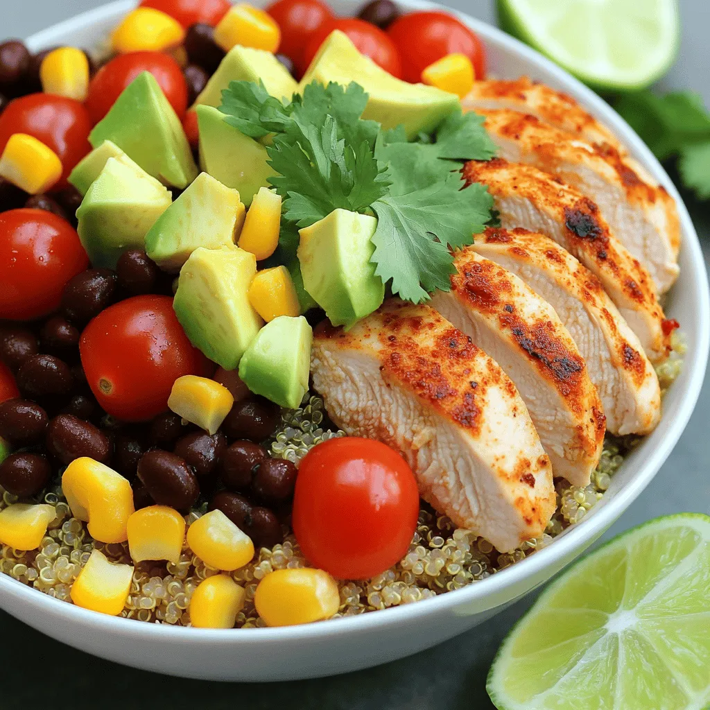 - 2 boneless, skinless chicken breasts - 1 tablespoon olive oil - 1 teaspoon chili powder - 1 teaspoon cumin - 1 teaspoon garlic powder - Salt and pepper to taste - 1 cup quinoa or brown rice, cooked - 1 can black beans, rinsed and drained - 1 cup corn, frozen or fresh - 1 red bell pepper, diced The main ingredients for Easy Chicken Burrito Bowls start with chicken. You need two boneless, skinless chicken breasts. This meat cooks quickly and stays juicy. Olive oil helps the spices stick and adds flavor. Keep chili powder, cumin, and garlic powder on hand. These spices give the chicken a tasty kick. Don't forget salt and pepper to season well. Next, choose your base. Quinoa or brown rice works great. Both provide good texture and nutrients. Then, add a mix of black beans, corn, and diced red bell pepper. This mix makes the bowl colorful and healthy. - Avocado and cherry tomatoes - Fresh cilantro and lime wedges For a finishing touch, consider optional toppings. Avocado adds creaminess to the bowl. Diced cherry tomatoes offer sweetness and color. Fresh cilantro enhances the flavor, making it bright and fresh. Finally, lime wedges give a zesty kick. Squeeze some on top for an extra burst of flavor. You can find the Full Recipe for these Easy Chicken Burrito Bowls to guide you through each step. Enjoy making this simple and flavorful meal! To start, I season the chicken breasts. I use olive oil, chili powder, cumin, garlic powder, salt, and pepper. Make sure to cover each piece well. This adds great flavor. Next, I heat a skillet over medium-high heat. Once it's hot, I add the seasoned chicken. I cook each side for about 6-7 minutes. The chicken is done when the inside reaches 165°F (75°C). After cooking, I let it rest for 5 minutes. This keeps it juicy. While the chicken cooks, I prepare quinoa or brown rice. I follow the package instructions for the best results. In a large bowl, I mix black beans, corn, diced red bell pepper, and halved cherry tomatoes. I rinse and drain the black beans first. This step is key for good flavor. I gently mix all the veggies together. Now, it’s time to build the burrito bowls! I start with a base of quinoa or brown rice in each bowl. On top, I add the black bean and vegetable mix. Then, I slice the cooked chicken and layer it right on top. Finally, I add diced avocado for creaminess. I finish with fresh cilantro for a pop of color. Serve with lime wedges on the side, and you have a tasty meal! For the complete guide, check out the Full Recipe. To make juicy chicken, I recommend using a good amount of spices. The spices add flavor and help keep the meat moist. The key is to season your chicken breasts well before cooking. Use olive oil to coat the chicken. This helps the spices stick and adds richness. I often use chili powder, cumin, and garlic powder for a tasty kick. You can adjust these spices to match your taste. Resting the chicken is very important. Once you cook it, let it sit for about five minutes. This allows the juices to redistribute. If you cut it too soon, the juices will run out. You want every bite to be full of flavor. You can swap out ingredients based on what you like. If you don’t have quinoa, use brown rice or even cauliflower rice. Want more veggies? Try adding zucchini, spinach, or even roasted sweet potatoes. These swaps make your bowl unique and fun! Adjust the spice levels to suit your taste. If you like heat, add some jalapeños or hot sauce. For a milder dish, skip the chili powder or use a smaller amount. Remember, it’s all about what you enjoy! For the full recipe, check out the Easy Chicken Burrito Bowls. {{image_2}} For those who prefer not to eat chicken, you have great options. You can use tofu, tempeh, or jackfruit as meat substitutes. These ingredients soak up flavors well. Simply season them like you would the chicken. If you want extra protein, consider adding lentils or chickpeas. They add a nice texture and taste. You can change the flavors of your burrito bowl easily. Swap out the chili powder for taco seasoning or smoked paprika. Add some salsa or hot sauce for a spicy kick. Want to go global? Try adding curry powder for an Indian twist. You can also use teriyaki sauce for a fun Asian vibe. Each change brings a new taste adventure! To keep your Easy Chicken Burrito Bowls fresh, store them in airtight containers. This helps prevent moisture loss and keeps flavors strong. Make sure to separate the chicken from the rice and beans if possible. This way, each part stays tasty longer. Place the containers in the fridge and use them within three to four days for the best quality. For longer storage, you can freeze the chicken and veggie mix in separate bags. Wrap them tightly to avoid freezer burn. Frozen meals can last up to three months. Just remember to label your containers with the date. To reheat your burrito bowls, the microwave is quick and easy. Place the bowl in the microwave for about 1-2 minutes. Stir halfway to heat evenly. If you want a crispy texture, use the oven. Preheat it to 350°F (175°C) and heat in a covered dish for about 15-20 minutes. Make sure to check the chicken reaches 165°F (75°C) for safety. Add a splash of water before reheating to keep the rice moist. This keeps your meal flavorful and prevents it from drying out. Enjoy your meal just as you made it! Yes, you can easily meal prep these bowls. Prepare all your ingredients in advance. Cook the chicken, quinoa, and veggies ahead of time. Store them in separate containers. When ready to eat, just mix and heat. This saves time during busy days. Yes, you can freeze the burrito bowls. Use airtight containers to keep them fresh. Make sure to cool the bowls completely before freezing. To thaw, place them in the fridge overnight. Reheat in the microwave or on the stove. Some great side dishes to pair with burrito bowls include: - Tortilla chips and salsa - Guacamole for dipping - A fresh side salad - Mexican street corn - Cilantro lime rice These sides will enhance the flavors and make your meal even better. Enjoy! This article covered how to make easy chicken burrito bowls. We discussed key ingredients like chicken, quinoa, and veggies. You learned how to cook the chicken and prepare a tasty base. Customizing your bowl with toppings like avocado can add flair. I also shared tips for storing and reheating leftovers. Overall, these bowls are versatile and can be tailored to your taste. Enjoy creating fun variations and exploring new flavors. Your perfect burrito bowl is just a recipe away!