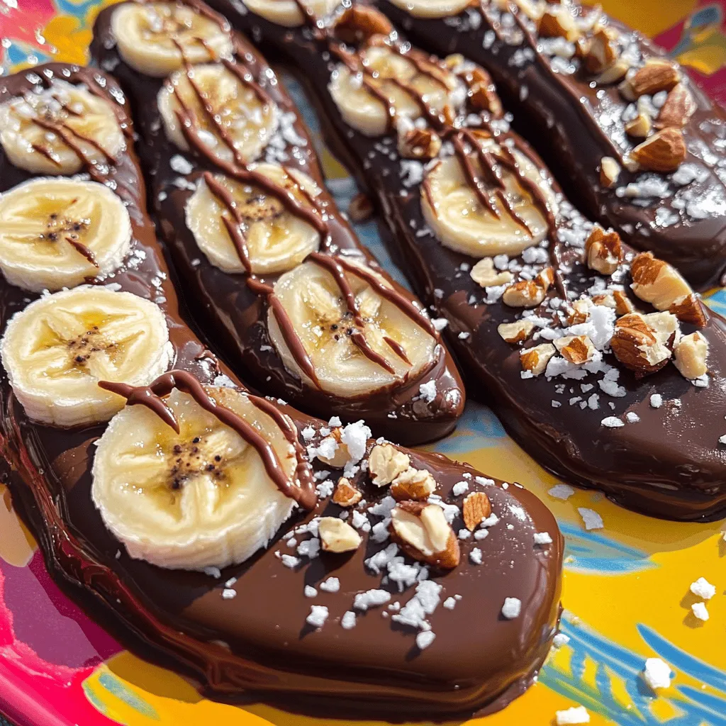 To create these chocolate dipped frozen bananas, you will need a few simple items. Here is the list: - 4 ripe bananas - 1 cup dark chocolate chips - 1 tablespoon coconut oil - 1/4 cup crushed nuts (such as almonds or walnuts) - 1/4 cup shredded coconut (unsweetened) - Sea salt for garnish (optional) These ingredients come together to make a delicious and refreshing treat. Bananas are naturally sweet and healthy. Dark chocolate adds richness, while coconut oil helps the chocolate melt smoothly. You can choose your favorite nuts and coconut for added crunch and flavor. Sprinkle a little sea salt on top for a sweet-salty twist! This recipe is perfect for summer or any time you want a cool snack. Check out the Full Recipe for detailed instructions on how to make this delightful treat! Start by peeling the bananas. Slice them in half or into thick rounds. This makes them fun to eat. Next, insert a wooden skewer or toothpick into each piece. This step helps with dipping. Now, arrange your banana pieces on a baking sheet lined with parchment paper. Make sure they are not touching. Place the baking sheet in the freezer for about 1 to 2 hours. You want the bananas to be solid and ready for chocolate. In a microwave-safe bowl, combine 1 cup of dark chocolate chips and 1 tablespoon of coconut oil. This mix will make the chocolate smooth. Heat in the microwave in 30-second bursts. Stir after each round until the chocolate is fully melted. Once the bananas are frozen, take them out of the freezer. Dip each piece into the melted chocolate. Use a fork for an even coat. Quickly roll or sprinkle crushed nuts or shredded coconut on top. Do this before the chocolate hardens for the best results. After decorating, place the chocolate-dipped bananas back on the baking sheet. Return them to the freezer for about 30 minutes. This time allows the chocolate to set completely. After that, your chocolate-dipped bananas are ready to enjoy! For the full recipe, check out the earlier section. To get a smooth chocolate coating, proper melting is key. Start with good quality chocolate chips. Combine them with coconut oil in a bowl. Heat this mixture in short bursts. Use the microwave for 30 seconds at a time. Stir after each heating. This method helps prevent burning. The goal is to have a glossy, fluid chocolate. If it appears thick, it needs more time. For a fun presentation, arrange your chocolate-dipped bananas on a bright platter. Use colorful plates to make the treat stand out. You can also drizzle any leftover melted chocolate over the bananas. This adds style and a touch of extra flavor. You might also consider adding fresh fruit or mint leaves as a garnish. Want to kick up the flavor? Try adding spices or extracts to the melted chocolate. A hint of cinnamon can add warmth. A splash of vanilla gives a nice depth. These small changes can elevate your frozen bananas. Experimenting is part of the fun! {{image_2}} You can use different types of chocolate for your frozen bananas. Milk chocolate is sweet and creamy. It adds a fun flavor to the bananas. Dark chocolate has a rich taste. It is less sweet and gives a bold flavor. You can also try white chocolate. It is very sweet and pairs well with toppings. Each type of chocolate brings its own twist. Toppings can really enhance your chocolate-dipped bananas. You can use various nuts like pecans or hazelnuts. They add crunch and flavor. Sprinkles bring color and fun. You can also crush cookies to sprinkle on top. Dried fruit, like raisins or cranberries, adds a chewy texture. Mix and match toppings to find your favorite combo. Bananas are great, but other fruits work too! Strawberries are a popular choice. They are juicy and sweet. Pineapple chunks also dip well. They add a tropical twist. You can even try apples or pear slices. Each fruit brings its unique taste and texture. Get creative and see what you enjoy! For more details on making these delicious treats, check out the Full Recipe. To keep your chocolate-dipped bananas fresh, wrap each piece in plastic wrap or foil. Place them in a freezer-safe bag or container. This helps prevent freezer burn and keeps them tasty. Make sure to remove as much air as you can from the bag. Store them in the freezer for best results. Chocolate-dipped bananas can stay fresh for up to three months when stored properly. After that, they may lose flavor and texture. It's best to enjoy them within this time frame for the best taste. When you're ready to enjoy your frozen bananas, place them in the fridge for a few hours. This method keeps them from getting too soft. If you're in a rush, you can leave them out at room temperature for about 15-20 minutes. Avoid microwaving them, as it can make the chocolate melt and ruin the texture. Yes, you can use ripe frozen bananas. They add a nice creaminess. Just make sure they are fully thawed before dipping. This will help the chocolate stick better. To avoid cracking chocolate, temper it first. Slowly melt your chocolate chips with coconut oil. Stir often and cool it down slightly before dipping. This makes the chocolate shine and stay smooth. If you have extra melted chocolate, you can drizzle it on fruit, pancakes, or ice cream. You can also dip pretzels or graham crackers. It’s a fun way to use every bit of chocolate. Yes, you can prepare chocolate dipped frozen bananas ahead. Store them in an airtight container in the freezer. They stay fresh for up to two weeks. Just take them out when you need a sweet treat. Chocolate dipped frozen bananas can be a healthy snack. Bananas provide fiber and potassium. Dark chocolate adds antioxidants. Just watch the portion size to keep it balanced. You can enjoy this treat guilt-free! You can make simple and tasty chocolate-dipped bananas with just a few ingredients. I covered the steps, tips, and creative ideas to help you create this treat. Keep in mind the variations and storage tips for the best results. This fun recipe lets you enjoy a sweet snack that is also healthy. With these easy instructions, you'll impress friends and family. Enjoy your delicious, chocolate-coated bananas and have fun experimenting with flavors!