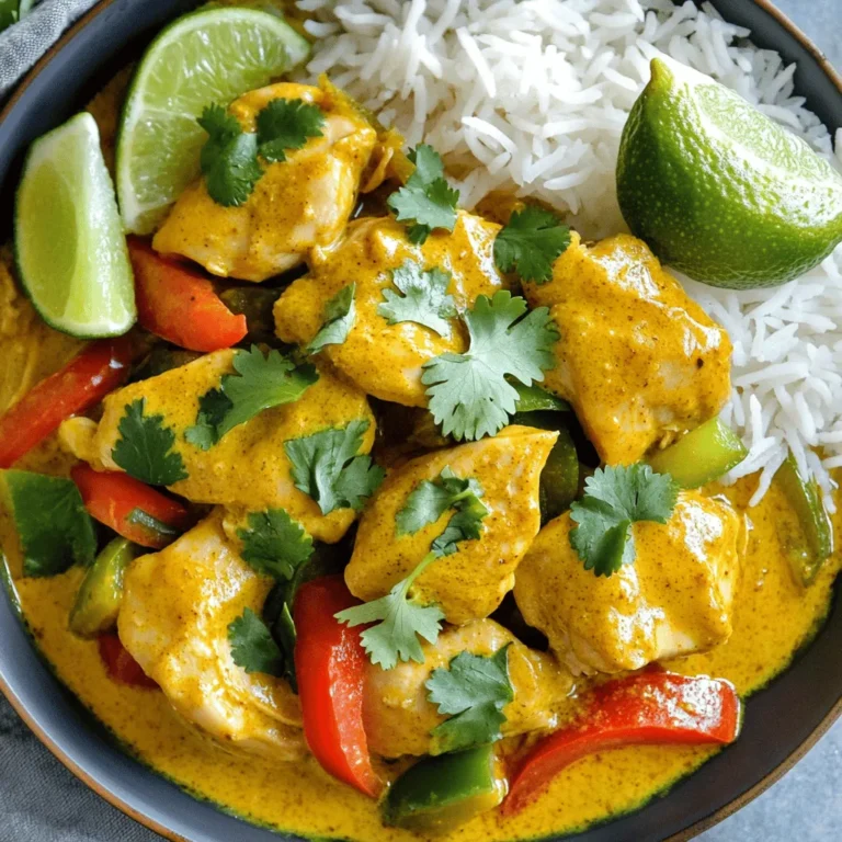 - 500g chicken thighs, boneless and skinless - 1 can (400ml) coconut milk - 2 tablespoons coconut oil - 2 teaspoons curry powder - 1 teaspoon turmeric - 1 teaspoon ground cumin - 1 teaspoon chili powder - 1 onion, finely chopped - 1 red bell pepper, sliced - 1 green bell pepper, sliced - Fresh cilantro, chopped - Lime wedges for serving When making coconut chicken curry, use fresh ingredients for the best taste. The chicken thighs give a tender bite and soak in the flavors. Coconut milk adds creaminess and a touch of sweetness. The spices bring warmth and depth to the dish. I recommend using coconut oil for cooking. It enhances the coconut flavor and adds a nice richness. Chop the onion finely so it cooks down well. The red and green bell peppers add color and crunch. Fresh cilantro gives a bright finish. Always serve lime wedges on the side. A squeeze of lime adds zing and balances the rich curry. For the full recipe, check out the details above. Enjoy making this dish! Start by heating 2 tablespoons of coconut oil in a large skillet. Use medium heat. Next, add 1 finely chopped onion. Sauté it until it turns soft and clear, about 5 minutes. Then, stir in 3 minced garlic cloves and 1-inch grated ginger. Cook this mixture for another 1-2 minutes until you smell the wonderful aroma. Now, it's time to add 500g of chicken thighs, cut into bite-sized pieces. Stir well and cook until the chicken turns golden brown on all sides. This should take around 5-7 minutes. Next, sprinkle in 2 teaspoons of curry powder, 1 teaspoon of turmeric, 1 teaspoon of ground cumin, and 1 teaspoon of chili powder. Mix everything well to coat the chicken evenly. Let it cook for 2-3 more minutes to deepen the flavors. Pour in 1 can (400ml) of coconut milk and 2 tablespoons of soy sauce. Stir thoroughly, then add 1 sliced red bell pepper and 1 sliced green bell pepper. Bring the mixture to a gentle simmer. Let it cook for about 15-20 minutes. Stir occasionally until the chicken is cooked through and the sauce thickens slightly. Season with salt and pepper to your liking. For the full recipe, feel free to explore the details. You can adjust the spices to fit your taste. If you like it spicier, add more chili powder. For a milder dish, reduce the chili powder. Using fresh spices gives the best flavor. Toasting spices in the pan first can also boost their taste. Pre-chopping your ingredients saves time. Cut the chicken, onion, and peppers ahead of time. Store them in separate bowls. This way, you can cook faster without any delays. Keep the heat at medium when cooking. This helps keep the chicken juicy and tender. Serve your curry with fluffy rice or warm flatbreads. Jasmine or basmati rice works great to soak up the sauce. You can also try naan or roti for a fun twist. For added flavor, squeeze fresh lime juice over the dish. A sprinkle of cilantro on top makes it look beautiful too. Check the Full Recipe for more serving ideas! {{image_2}} You can easily make a vegan version of this dish. Simply swap the chicken for plant-based protein. Tofu or tempeh works great. These options soak up flavors well. For texture, consider using jackfruit, which has a meaty feel. You may need to adjust spices for balance. Try adding more garlic or ginger for depth. This keeps the dish vibrant and tasty. For a gluten-free curry, use gluten-free soy sauce or tamari. This ensures you keep the savory taste without gluten. Check labels on other ingredients, too. Some brands of curry powder may add gluten. Look for those that are certified gluten-free. You can also add coconut aminos as a sweet alternative. This adds a unique flavor twist. Different regions have unique takes on coconut curry. Thai curries often use lemongrass and kaffir lime. These add a fresh zest that brightens the dish. Indian curries may include spices like garam masala and mustard seeds. Using these can create a rich and warm flavor. Feel free to add local ingredients for a personal touch. Try using seasonal veggies or herbs from your area. This makes your curry special and unique. For the full recipe, check out the Coconut Chicken Curry section. To store leftovers, let the curry cool down first. Then, place it in an airtight container. This helps keep the flavors fresh. I recommend using glass containers. They are sturdy and do not absorb smells. Freezing is a great way to save extra curry. First, let it cool completely. Then, pour the curry into freezer-safe bags. Remove as much air as you can before sealing. To reheat, thaw it overnight in the fridge. Heat slowly on the stove or in the microwave. This keeps the flavor and texture intact. In the fridge, the curry lasts about 3-4 days. In the freezer, it can last up to 3 months. Check for signs of spoilage like off smells or changes in color. If you see any, it’s best to toss it out. Enjoy this Coconut Chicken Curry with confidence, knowing it stores well! For the full recipe, refer to the earlier sections. You can use several alternatives for coconut milk. Here are a few options: - Almond milk: It has a light flavor but lacks creaminess. - Soy milk: This is a good choice for a creamy texture. - Greek yogurt: It adds richness but can change the flavor. - Cashew cream: Blend soaked cashews with water for a creamy alternative. Each substitute will alter the taste slightly. If you want a tropical flavor, stick with coconut milk or use cashew cream. To reduce the heat in your curry, try these tips: - Use less chili powder: Start with a small amount and add more if needed. - Add more coconut milk: This will cool the spice while adding creaminess. - Incorporate sugar: A pinch of sugar can balance the heat. - Add vegetables: Increase the volume of the curry with more veggies. These methods help create a milder dish while keeping the curry's flavor. Yes, you can make this curry ahead of time. Here are some tips: - Cook and cool: Prepare the curry, let it cool, and store it in the fridge. - Reheat gently: Warm it on low heat to keep the flavors intact. - Serve fresh: Adding fresh herbs right before serving enhances flavor. Making it ahead saves time and allows the flavors to meld. Enjoy a delicious meal without extra stress! In this blog post, we covered how to make a delicious coconut chicken curry. We talked about the main ingredients, spices, and vegetables that bring flavor. You learned step-by-step instructions for preparing, cooking, and serving your dish, along with tips for perfecting your flavor. It’s easy to adjust the recipe for vegan or gluten-free options. Remember, great food starts with good storage and understanding your ingredients. Enjoy this tasty dish and make it your own!
