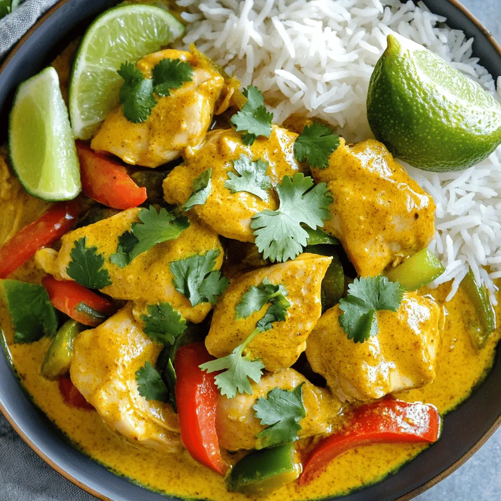 - 500g chicken thighs, boneless and skinless - 1 can (400ml) coconut milk - 2 tablespoons coconut oil - 2 teaspoons curry powder - 1 teaspoon turmeric - 1 teaspoon ground cumin - 1 teaspoon chili powder - 1 onion, finely chopped - 1 red bell pepper, sliced - 1 green bell pepper, sliced - Fresh cilantro, chopped - Lime wedges for serving When making coconut chicken curry, use fresh ingredients for the best taste. The chicken thighs give a tender bite and soak in the flavors. Coconut milk adds creaminess and a touch of sweetness. The spices bring warmth and depth to the dish. I recommend using coconut oil for cooking. It enhances the coconut flavor and adds a nice richness. Chop the onion finely so it cooks down well. The red and green bell peppers add color and crunch. Fresh cilantro gives a bright finish. Always serve lime wedges on the side. A squeeze of lime adds zing and balances the rich curry. For the full recipe, check out the details above. Enjoy making this dish! Start by heating 2 tablespoons of coconut oil in a large skillet. Use medium heat. Next, add 1 finely chopped onion. Sauté it until it turns soft and clear, about 5 minutes. Then, stir in 3 minced garlic cloves and 1-inch grated ginger. Cook this mixture for another 1-2 minutes until you smell the wonderful aroma. Now, it's time to add 500g of chicken thighs, cut into bite-sized pieces. Stir well and cook until the chicken turns golden brown on all sides. This should take around 5-7 minutes. Next, sprinkle in 2 teaspoons of curry powder, 1 teaspoon of turmeric, 1 teaspoon of ground cumin, and 1 teaspoon of chili powder. Mix everything well to coat the chicken evenly. Let it cook for 2-3 more minutes to deepen the flavors. Pour in 1 can (400ml) of coconut milk and 2 tablespoons of soy sauce. Stir thoroughly, then add 1 sliced red bell pepper and 1 sliced green bell pepper. Bring the mixture to a gentle simmer. Let it cook for about 15-20 minutes. Stir occasionally until the chicken is cooked through and the sauce thickens slightly. Season with salt and pepper to your liking. For the full recipe, feel free to explore the details. You can adjust the spices to fit your taste. If you like it spicier, add more chili powder. For a milder dish, reduce the chili powder. Using fresh spices gives the best flavor. Toasting spices in the pan first can also boost their taste. Pre-chopping your ingredients saves time. Cut the chicken, onion, and peppers ahead of time. Store them in separate bowls. This way, you can cook faster without any delays. Keep the heat at medium when cooking. This helps keep the chicken juicy and tender. Serve your curry with fluffy rice or warm flatbreads. Jasmine or basmati rice works great to soak up the sauce. You can also try naan or roti for a fun twist. For added flavor, squeeze fresh lime juice over the dish. A sprinkle of cilantro on top makes it look beautiful too. Check the Full Recipe for more serving ideas! {{image_2}} You can easily make a vegan version of this dish. Simply swap the chicken for plant-based protein. Tofu or tempeh works great. These options soak up flavors well. For texture, consider using jackfruit, which has a meaty feel. You may need to adjust spices for balance. Try adding more garlic or ginger for depth. This keeps the dish vibrant and tasty. For a gluten-free curry, use gluten-free soy sauce or tamari. This ensures you keep the savory taste without gluten. Check labels on other ingredients, too. Some brands of curry powder may add gluten. Look for those that are certified gluten-free. You can also add coconut aminos as a sweet alternative. This adds a unique flavor twist. Different regions have unique takes on coconut curry. Thai curries often use lemongrass and kaffir lime. These add a fresh zest that brightens the dish. Indian curries may include spices like garam masala and mustard seeds. Using these can create a rich and warm flavor. Feel free to add local ingredients for a personal touch. Try using seasonal veggies or herbs from your area. This makes your curry special and unique. For the full recipe, check out the Coconut Chicken Curry section. To store leftovers, let the curry cool down first. Then, place it in an airtight container. This helps keep the flavors fresh. I recommend using glass containers. They are sturdy and do not absorb smells. Freezing is a great way to save extra curry. First, let it cool completely. Then, pour the curry into freezer-safe bags. Remove as much air as you can before sealing. To reheat, thaw it overnight in the fridge. Heat slowly on the stove or in the microwave. This keeps the flavor and texture intact. In the fridge, the curry lasts about 3-4 days. In the freezer, it can last up to 3 months. Check for signs of spoilage like off smells or changes in color. If you see any, it’s best to toss it out. Enjoy this Coconut Chicken Curry with confidence, knowing it stores well! For the full recipe, refer to the earlier sections. You can use several alternatives for coconut milk. Here are a few options: - Almond milk: It has a light flavor but lacks creaminess. - Soy milk: This is a good choice for a creamy texture. - Greek yogurt: It adds richness but can change the flavor. - Cashew cream: Blend soaked cashews with water for a creamy alternative. Each substitute will alter the taste slightly. If you want a tropical flavor, stick with coconut milk or use cashew cream. To reduce the heat in your curry, try these tips: - Use less chili powder: Start with a small amount and add more if needed. - Add more coconut milk: This will cool the spice while adding creaminess. - Incorporate sugar: A pinch of sugar can balance the heat. - Add vegetables: Increase the volume of the curry with more veggies. These methods help create a milder dish while keeping the curry's flavor. Yes, you can make this curry ahead of time. Here are some tips: - Cook and cool: Prepare the curry, let it cool, and store it in the fridge. - Reheat gently: Warm it on low heat to keep the flavors intact. - Serve fresh: Adding fresh herbs right before serving enhances flavor. Making it ahead saves time and allows the flavors to meld. Enjoy a delicious meal without extra stress! In this blog post, we covered how to make a delicious coconut chicken curry. We talked about the main ingredients, spices, and vegetables that bring flavor. You learned step-by-step instructions for preparing, cooking, and serving your dish, along with tips for perfecting your flavor. It’s easy to adjust the recipe for vegan or gluten-free options. Remember, great food starts with good storage and understanding your ingredients. Enjoy this tasty dish and make it your own!
