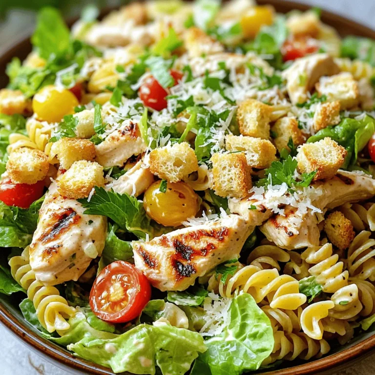 - 8 oz rotini or penne pasta - 1 lb grilled chicken breast, diced - 1 cup romaine lettuce, chopped - ½ cup cherry tomatoes, halved - ½ cup Caesar dressing - ¼ cup grated Parmesan cheese - 2 tablespoons olive oil - 1 clove garlic, minced - Salt and pepper to taste - ½ cup croutons for topping - Fresh parsley, chopped (for garnish) Gathering the right ingredients is key to making a great Chicken Caesar Pasta Salad. Start with the pasta. I love using rotini or penne because they hold the dressing well. You need about 8 ounces. Next, you'll want some protein. I recommend 1 pound of grilled chicken breast, diced into bite-sized pieces. It adds flavor and makes the salad hearty. Next, for freshness, chop up 1 cup of romaine lettuce. This crunchy green balances the rich dressing. Don’t forget the cherry tomatoes; ½ cup of these, halved, adds a juicy pop. Now, let's talk about the dressing and toppings. Grab ½ cup of Caesar dressing for a creamy touch. You also need ¼ cup of grated Parmesan cheese for a salty kick. A bit of olive oil, about 2 tablespoons, helps blend everything. Lastly, to enhance flavor, include 1 clove of minced garlic for depth. Add salt and pepper to taste. For crunch, use ½ cup of croutons on top. Finish with some fresh parsley, chopped, for color and freshness. This Chicken Caesar Pasta Salad is not just tasty; it’s a feast for the eyes, too! For the full recipe, check out the detailed instructions. - Boil salted water in a large pot. - Cook rotini or penne until al dente, about 8 to 10 minutes. - Drain the pasta and rinse it under cold water to stop cooking. - Season chicken breast with olive oil, garlic, salt, and pepper. - Grill or sauté the chicken until fully cooked, about 6 to 8 minutes per side. - Let the chicken rest, then dice it into bite-sized pieces. - In a large bowl, mix the cooled pasta with chicken, chopped romaine, and halved cherry tomatoes. - Pour in the Caesar dressing and sprinkle with grated Parmesan cheese. - Taste the salad and season with extra salt and pepper as needed. - Toss everything together to ensure an even coat of dressing. - Refrigerate the salad for at least 30 minutes to let flavors blend. - Just before serving, top with croutons and garnish with fresh parsley. For more detailed instructions, check the Full Recipe. - How to prevent pasta from becoming mushy Cook the pasta until it is al dente. This means it should be firm but cooked through. Drain and rinse it under cold water right after cooking. This stops the cooking process and keeps the pasta from getting too soft. - Choosing the right type of pasta I like using rotini or penne for this dish. These shapes hold the sauce well. They also add a nice texture to your salad. You can try others, but stick with short pasta for best results. - Adding extra ingredients for flavor To make your Chicken Caesar Pasta Salad even better, add crispy bacon or creamy avocado. Bacon gives a nice crunch. Avocado adds creaminess and richness. Both will elevate the taste and texture. - Using homemade Caesar dressing vs. store-bought Homemade Caesar dressing tastes fresh and vibrant. It is easy to make with simple ingredients. Store-bought dressing can save time, but it may lack the depth of flavor. If you have time, I recommend making your own for the best salad experience. - Best accompaniments for a Chicken Caesar Pasta Salad Serve your salad with crusty bread or garlic toast. This will soak up extra dressing. A light fruit salad or vegetable sticks make a great side too. They balance the meal and add freshness. - Ideas for packaging for picnics or meal prep For picnics, pack the salad in a sealed container. Keep the dressing separate until serving. This keeps the pasta crisp. If you prep for the week, divide the salad into smaller containers. This makes it easy to grab and go. For the full recipe, check the detailed instructions I provided earlier. {{image_2}} You can switch out the grilled chicken for shrimp or tofu. Shrimp adds a sweet and briny flavor. Just sauté them until they turn pink and tender. Tofu brings a nice texture and soaks up flavors. For a vegan option, use grilled tofu instead of chicken. It’s a great way to enjoy this dish without meat. Feel free to explore different dressings. You can try ranch or Greek yogurt dressing for a twist. Each dressing brings a unique taste to the salad. If you want to make your own Caesar dressing, it’s simple. Just mix mayonnaise, lemon juice, garlic, Worcestershire sauce, and Parmesan cheese. This adds a fresh touch to your Chicken Caesar Pasta Salad. Try various pasta shapes for fun. Rotini and penne are great, but you can use farfalle or fusilli. Each shape holds the dressing differently, making every bite special. If you need a gluten-free option, look for gluten-free pasta. It tastes just as good and keeps the meal light and fresh. To store your Chicken Caesar Pasta Salad, place it in an airtight container. This keeps the salad fresh and tasty. Make sure to cool the salad before sealing it. Properly stored, it lasts in the fridge for 3 to 5 days. You can freeze Chicken Caesar Pasta Salad, but I recommend separating the ingredients. Freezing the salad as a whole can make the pasta mushy. Instead, freeze the chicken and dressing together. Keep the pasta, lettuce, and tomatoes in the fridge. They stay crisp this way. You can enjoy leftovers cold or at room temperature. If you want to serve it warm, heat the chicken gently in a pan. Add fresh lettuce and dressing right before serving. For a fun twist, mix leftovers into a wrap or a quesadilla. This adds variety to your meals. What can I add to Chicken Caesar Pasta Salad? You can add many fun ingredients. Try crispy bacon, grilled shrimp, or even avocado. Fresh herbs like basil or dill also boost flavor. You can mix in bell peppers or olives for extra crunch. Get creative and make it your own! Can I make this salad ahead of time? Yes, you can! Make it a few hours before serving. Just keep it in the fridge. This allows the flavors to blend. It’s perfect for meal prep or potlucks. Is Chicken Caesar Pasta Salad healthy? This salad can be healthy. It includes lean protein from chicken and fresh veggies. The dressing adds flavor, but you can use less for a lighter option. Balance it with whole grain pasta for more fiber. How do I make the best homemade Caesar dressing? To make a great Caesar dressing, combine garlic, lemon juice, and anchovy paste. Mix in mayonnaise and grated Parmesan cheese. Add olive oil slowly while whisking. Taste and adjust with salt and pepper. This dressing is creamy and full of flavor! What are the best toppings for Chicken Caesar Pasta Salad? Top your salad with croutons for crunch. Freshly grated Parmesan cheese adds a nice touch. You can also sprinkle chopped parsley for color. Some people love adding a squeeze of lemon juice on top. What to do if the salad is too dry? If your salad is dry, add more dressing. A little olive oil can help too. Toss everything well to coat it evenly. You want every bite to be flavorful! How to fix an overly salty salad? If your salad is too salty, add more pasta or lettuce. You can also add a splash of lemon juice to balance it. Mixing in extra veggies can help reduce the saltiness too. This Chicken Caesar Pasta Salad is a great dish for any meal. You learned how to cook the pasta, prepare the chicken, and combine all the fresh ingredients. I shared tips for variations and storage to keep it tasty for days. Remember, you can customize it however you want, with different proteins or dressings. Enjoy this easy and delicious recipe! You'll impress everyone at your next meal.