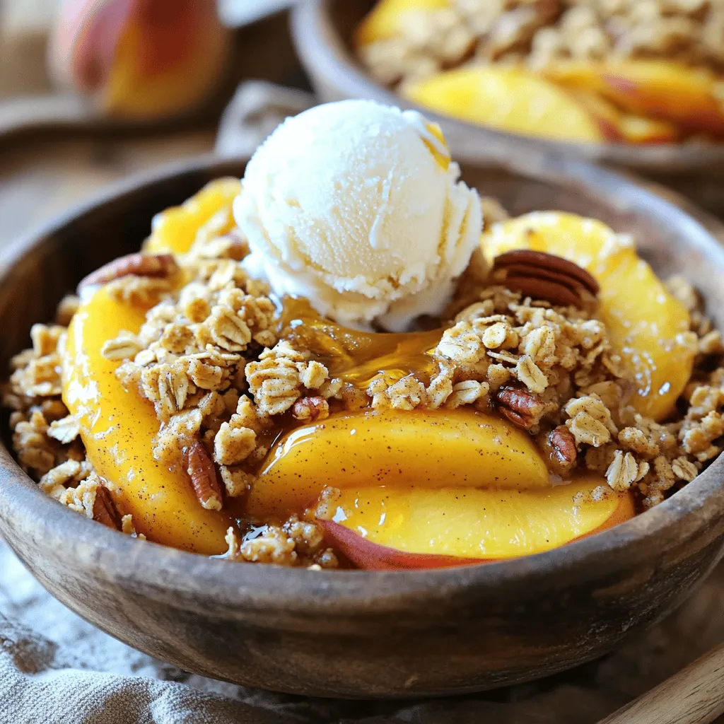 For the best Peach Pecan Crisp, use fresh, ripe peaches. Here’s what you need: - 4 cups ripe peaches, sliced (about 6 medium peaches) - 1 tablespoon lemon juice The lemon juice adds a nice tartness to balance the sweetness. Choose peaches that are slightly firm and fragrant for the best flavor. Next, gather these common pantry items: - 1/4 cup granulated sugar - 1 teaspoon vanilla extract - 1 teaspoon ground cinnamon - 1 cup rolled oats - 1/2 cup all-purpose flour - 1/2 cup packed brown sugar - 1/2 cup unsalted butter, melted - Pinch of salt These staples bring out the full flavor of the crisp. The oats and flour create a perfect topping. Want to enhance your Peach Pecan Crisp? Consider these toppings: - Vanilla ice cream - Whipped cream - A sprinkle of cinnamon These extras add a touch of warmth and sweetness. You can also serve it with a drizzle of caramel for a special treat. For the full recipe, be sure to check out the detailed instructions! To start, wash and slice your ripe peaches. You need about six medium peaches, which gives you four cups. In a large bowl, combine the sliced peaches with 1/4 cup of granulated sugar. This helps the peaches release their sweet juices. Add one tablespoon of lemon juice, one teaspoon of vanilla extract, and one teaspoon of ground cinnamon. Gently toss the mixture with your hands or a spoon until the peaches are coated. Then, pour this fruity mixture into a greased 9x13 inch baking dish. Now, let’s make the topping. In another bowl, mix together 1 cup of rolled oats, 1/2 cup of all-purpose flour, and 1/2 cup of packed brown sugar. Add 1/2 cup of chopped pecans for a nice crunch. Pour in 1/2 cup of melted unsalted butter and a pinch of salt. Stir everything until it looks like coarse crumbs. This will be the perfect topping for your peach filling. Preheat your oven to 350°F (175°C). Once your oven is ready, sprinkle the oat mixture evenly on top of the peach filling. Bake for 30-35 minutes, or until the topping turns golden brown and the peaches bubble. Keep an eye on it to avoid over-baking. After you take it out of the oven, let it cool for a few minutes. This helps the flavors settle. Serve warm, and don’t forget to check the Full Recipe for more details! Choose ripe peaches for the best flavor. They should feel soft but not mushy. Look for a sweet scent when you pick them. Wash the peaches well to remove any dirt. Slice them thinly for even cooking. If your peaches are not ripe, let them sit on the counter for a few days. This will help them soften and sweeten. To get that perfect crispy topping, mix your ingredients well. Blend the oats, flour, and nuts into a coarse crumb. You want the butter to coat everything evenly. This will help it crisp up nicely in the oven. Don’t skip the pinch of salt; it enhances the flavor. Bake until golden brown and bubbling to ensure a crunchy bite. Serve your Peach Pecan Crisp warm for the best taste. A scoop of vanilla ice cream makes it even better. You can also add a dollop of whipped cream on top. For a fun twist, try drizzling honey or maple syrup over it. This adds extra sweetness and flavor. Enjoy this delightful dessert with friends and family for a perfect finish to any meal. For the complete recipe, check the Full Recipe section. {{image_2}} You can switch up the peaches for other fruits. Try using ripe nectarines or juicy plums. Both fruits have a sweet flavor that works well. You can also use berries like blueberries or raspberries. They add a nice tartness that balances the sweetness. To make this dish gluten-free, swap the all-purpose flour. Use almond flour or oat flour instead. Both options will still give you a great texture. Just ensure that your oats are certified gluten-free. This way, everyone can enjoy the crisp! Pecans add a wonderful crunch, but you can use other nuts. Try walnuts or almonds if you prefer. You can also leave out the nuts for a nut-free option. The crisp will still be delicious and satisfying without them. After enjoying your Peach Pecan Crisp, let it cool down. Place any leftovers in an airtight container. This keeps it fresh for up to three days in the fridge. Make sure to cover it well to avoid drying out the topping. If you want to keep it longer, consider freezing. To reheat your Peach Pecan Crisp, preheat your oven to 350°F (175°C). Place the crisp in an oven-safe dish. Cover it with foil to keep it moist. Heat for about 15-20 minutes. If you prefer a microwave, warm a single serving for about 30-45 seconds. Enjoy it warm for the best taste! You can freeze Peach Pecan Crisp for up to three months. Before freezing, let it cool completely. Wrap it tightly with plastic wrap, then aluminum foil. This helps prevent freezer burn. When you’re ready to enjoy it, thaw it in the fridge overnight. Reheat it as mentioned above. Now, you can savor this delightful treat anytime! For the full recipe, check the earlier section. Yes, you can use canned peaches. Just drain them well before use. Canned peaches may be softer, so adjust baking time. Fresh peaches provide a firmer texture and brighter flavor. I suggest using fresh when they are in season for the best taste. To make Peach Pecan Crisp vegan, swap the butter for a plant-based alternative. You can use coconut oil, vegan butter, or applesauce. Ensure the sugar is vegan, as some sugars are processed with bone char. This way, you keep all the great flavors without animal products. I love serving Peach Pecan Crisp warm. Add a scoop of vanilla ice cream or a dollop of whipped cream on top. You can also sprinkle some extra pecans for crunch. Serve it in individual bowls for a fun touch. Peach Pecan Crisp stays fresh for about 3 to 5 days in the fridge. Make sure to cover it well to avoid drying out. The topping may lose some crunch over time, but the flavors will still be delicious. Absolutely, you can double the recipe! Just use a larger baking dish to fit all the ingredients. Keep an eye on the baking time, as it may take longer. Check for that golden topping and bubbling peaches to know when it's done. For the full recipe, refer back to the earlier section! In this blog post, we explored how to make a delicious Peach Pecan Crisp. We covered fresh ingredients, pantry staples, and optional toppings. You learned step-by-step instructions for preparing the peach filling, creating the crisp topping, and baking it perfectly. We shared tips for the best peaches, achieving the ideal texture, and serving suggestions. Remember, you can customize this recipe with different fruits and dietary needs. Follow the storage tips for leftovers to enjoy later. Now, get ready to impress everyone with your tasty dessert. You can truly make this recipe your own.