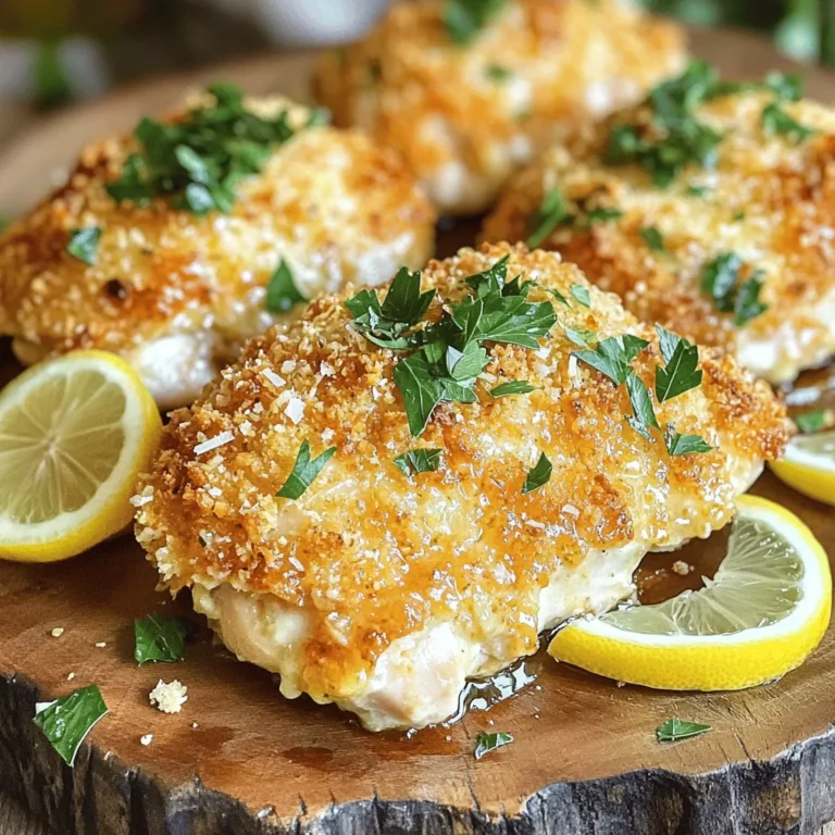 For this tasty dish, you need a few key items: - 4 boneless, skinless chicken breasts - 1 cup of grated Parmesan cheese - 1 cup of breadcrumbs (Italian seasoned or panko) - 2 tablespoons of fresh parsley, chopped - 1 teaspoon of garlic powder - ½ teaspoon of onion powder - ½ teaspoon of paprika - Salt and pepper to taste - 2 large eggs, beaten - 3 tablespoons of olive oil These ingredients work together to create a crispy, juicy chicken that everyone will love. If you want to take your chicken up a notch, consider these extras: - 1 teaspoon of dried Italian herbs, like oregano or basil - A squeeze of fresh lemon juice for brightness - Red pepper flakes for some heat Adding these can give your chicken a unique twist. If you don’t have something on hand, here are some swaps: - Use shredded cheese instead of grated Parmesan for a different texture. - Try crushed cornflakes in place of breadcrumbs for extra crunch. - Swap olive oil with melted butter for a richer taste. These substitutions can help you customize the dish based on what you have at home! For the full recipe, check out the Baked Parmesan Crusted Chicken section above. First, gather all your ingredients. You will need four boneless, skinless chicken breasts. In a shallow bowl, mix one cup of grated Parmesan cheese with one cup of breadcrumbs. I like using Italian seasoned or panko for extra crunch. Add two tablespoons of fresh parsley, one teaspoon of garlic powder, half a teaspoon of onion powder, half a teaspoon of paprika, and salt and pepper to taste. Stir everything together until it's well mixed. In another bowl, beat two large eggs until they are frothy. This will help the coating stick well. Preheat your oven to 400°F (200°C). Lightly grease a baking sheet with cooking spray or olive oil. Take each chicken breast and dip it into the egg mixture first. Make sure it is fully coated. Next, dredge it in the Parmesan breadcrumb mix. Press firmly so the coating sticks well. Place the breaded chicken on the baking sheet. Drizzle three tablespoons of olive oil over the top of each piece. This step helps create a crispy crust. Bake the chicken in the preheated oven for 25 to 30 minutes. It's important to check that the chicken is cooked through. The internal temperature should reach 165°F (75°C). Once done, remove the chicken from the oven. Let it rest for five minutes before serving. This resting time keeps the juices inside, making the chicken juicy and tender. For the full recipe, check the earlier section. To get that crispy crust, you need to coat the chicken right. Start by using fresh breadcrumbs. They stick better and give a great crunch. Press the breadcrumbs onto the chicken firmly. This helps them stick during baking. Drizzling olive oil on top adds flavor and ensures crispiness. Bake at the right temperature—400°F is key for golden perfection. One mistake is not seasoning the chicken. Salt and pepper are essential. Another error is skipping the rest time. Letting the chicken rest for five minutes keeps it juicy. Don't overcrowd the baking sheet. Each piece needs space to get crispy. Lastly, avoid opening the oven too often. This lets heat escape and can lead to uneven cooking. Marinating adds depth to your chicken. Use simple ingredients like olive oil, lemon juice, and herbs. A quick 30-minute soak makes a big difference. You can also add garlic or mustard for extra zing. Marinating not only enhances flavor but also helps keep the chicken juicy. For a full experience, try the Full Recipe to see how all the flavors blend together! {{image_2}} To make a spicy version, add crushed red pepper flakes to the breadcrumb mix. Start with one teaspoon and adjust to your heat preference. The extra spice gives the chicken a nice kick. You can also use hot sauce in the egg wash for more heat. This variation is great for those who love bold flavors. Mix fresh herbs into the breadcrumb mixture for added flavor. Basil, oregano, or thyme work well. Use about one tablespoon of chopped herbs. These herbs make the chicken taste fresh and aromatic. You can even mix in some lemon zest for a bright twist. This herb-infused version is perfect for spring or summer meals. You can swap the Parmesan with other cheeses to change the flavor. Try using cheddar, mozzarella, or a mix of cheeses for a different taste. Each cheese brings its unique twist to the dish. For a tangy flavor, use feta cheese. Just remember to adjust the salt since some cheeses are saltier than Parmesan. This way, you keep the dish balanced and tasty. For the full recipe, check out the Baked Parmesan Crusted Chicken. To keep your leftover Baked Parmesan Crusted Chicken fresh, let it cool first. Place the chicken in an airtight container. Store it in the fridge for up to three days. You can also wrap each piece in plastic wrap for extra protection. If you want to keep it longer, freeze it for up to three months. When it’s time to eat your leftovers, take them out of the fridge. You can reheat the chicken in the oven for the best results. Set the oven to 350°F (175°C). Place the chicken on a baking sheet and cover it with foil. Heat for about 15-20 minutes, or until it’s warm throughout. This method helps keep the crust crispy. You can also use a microwave, but it may make the crust softer. Meal prep makes busy days easier. You can prep your chicken ahead of time. Bread the chicken breasts and store them in the fridge for up to a day. Just coat them with the breadcrumb mixture and keep them covered. When you’re ready to cook, just pop them in the oven. This saves time and helps you enjoy a warm, crispy meal. For extra flavor, add a marinade the night before you cook! Check out the Full Recipe for more details. You can serve this dish with many sides. Some great options include: - Roasted vegetables like broccoli, carrots, or bell peppers. - A fresh green salad with your favorite dressing. - Garlic mashed potatoes or creamy risotto for a filling meal. - Pasta with a light sauce, such as olive oil or marinara. These sides will complement the crispy chicken and make your meal well-rounded. Yes, you can prepare some parts ahead of time. You can coat the chicken earlier in the day. Just keep it in the fridge until you are ready to bake. If you want, you can also freeze the breaded chicken. Just make sure to thaw it before baking. This makes dinner quick and easy on busy nights. To keep the chicken juicy, follow these tips: - Use boneless, skinless chicken breasts. They cook evenly and stay moist. - Don’t overbake the chicken. Use a meat thermometer to check for 165°F (75°C). - Let the chicken rest for 5 minutes after baking. This helps the juices settle. By using these methods, your chicken will be both crispy on the outside and juicy on the inside. For the complete details, check the Full Recipe. Baked Parmesan crusted chicken is full of flavor and easy to make. We covered the essential and optional ingredients that boost taste. I shared simple steps for preparation and baking, plus tips for a great crust. You can also try exciting variations with spice or herbs. Store leftovers easily and reheat to enjoy later. Follow the advice here, and you’ll serve a tasty meal every time. Enjoy your cooking journey and share it with others!