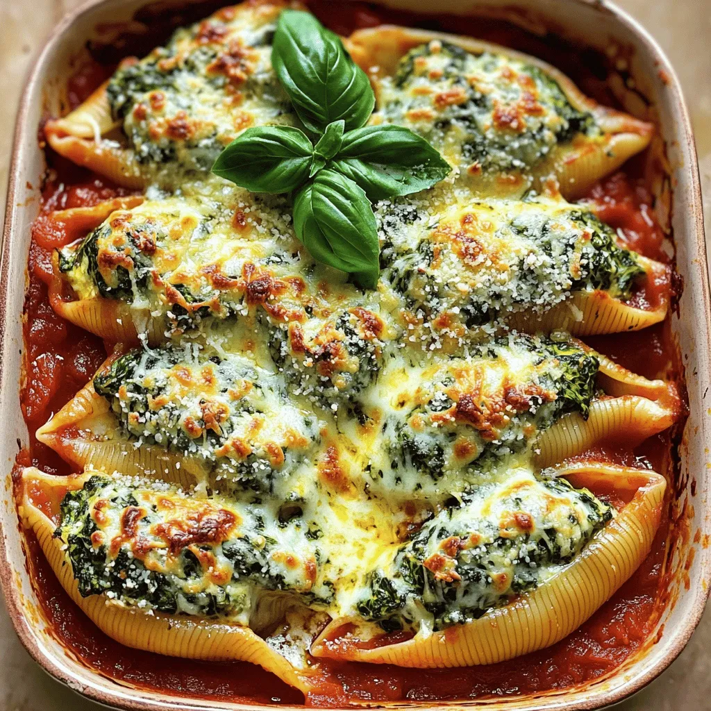 To make cheesy spinach stuffed shells, you need a few simple ingredients. Each one adds flavor and texture. Here's the complete list of ingredients you will need: - 20 jumbo pasta shells - 2 cups fresh spinach, chopped - 1 cup ricotta cheese - 1 cup mozzarella cheese, shredded - 1/2 cup grated parmesan cheese - 1 egg, beaten - 1 teaspoon garlic powder - 1 teaspoon onion powder - Salt and pepper to taste - 2 cups marinara sauce - Fresh basil leaves, for garnish Each ingredient plays a part. The jumbo pasta shells hold the filling. Fresh spinach adds a bright, earthy taste. Ricotta cheese gives a creamy base. Mozzarella and parmesan melt beautifully, creating a tasty top layer. The egg helps bind everything together. Garlic and onion powders add depth and warmth. Salt and pepper season the mixture just right. Marinara sauce gives moisture and flavor to the dish. Lastly, fresh basil adds a pop of color and freshness when you serve it. For the full recipe, you can follow the steps to create this delightful dish. With these ingredients, you are on your way to a delicious meal that will impress everyone. 1. Preheat your oven and cook pasta shells Start by preheating your oven to 375°F (190°C). This step is key for perfect baking. Next, cook the jumbo pasta shells as per the package instructions. Make sure they are al dente. Once done, drain them and set them aside to cool slightly. 2. Mix spinach and cheese filling In a large mixing bowl, combine chopped spinach, ricotta cheese, and half of the mozzarella. Add a quarter cup of grated parmesan cheese. Then, crack the egg into the bowl, and sprinkle in garlic powder, onion powder, salt, and pepper. Mix everything until it is well combined. This filling is the heart of your dish. 3. Stuffing and baking the shells Pour one cup of marinara sauce into the bottom of a 9x13 inch baking dish. This creates a tasty base for your shells. Take a cooked pasta shell, and stuff it with the spinach and cheese mixture. Place the stuffed shell, seam side up, in the dish. Repeat this until all the shells are filled. Once done, pour the remaining marinara sauce over the stuffed shells. Make sure each shell is well-covered. Finally, sprinkle the rest of the mozzarella and parmesan cheese on top. Cover the dish with aluminum foil and bake for 25 minutes. After that, remove the foil and bake for another 10-15 minutes. Look for bubbly, golden cheese. Let it cool for a few minutes before serving. You can garnish with fresh basil leaves for an extra touch. Enjoy your Cheesy Spinach Stuffed Shells! For the complete guide, check the Full Recipe. Choosing the right pasta shells Pick jumbo pasta shells. These shells hold the filling well. They help create a great dish. Opt for brands that are sturdy. This way, they won’t break during cooking. Tips for a creamy filling Use fresh ingredients for the filling. Combine ricotta, mozzarella, and parmesan for rich flavor. Adding an egg makes the filling creamy. Mix in garlic powder and onion powder for extra taste. Don't skip the salt and pepper. It lifts the flavors. How to avoid soggy shells Cook the pasta shells just until al dente. This keeps them firm. Drain them well and avoid rinsing. Rinsing can wash away flavor. When baking, make sure the sauce covers the shells. This helps them stay moist, not soggy. For more details, check the Full Recipe! {{image_2}} You can make Cheesy Spinach Stuffed Shells even more fun by adding proteins. Chicken or sausage pairs well with the spinach and cheese. Just cook the meat ahead of time, chop it, and mix it into the filling. This adds flavor and makes the dish heartier. If you need a gluten-free option, use gluten-free pasta shells. Many brands offer delicious choices that taste great. You can follow the same cooking steps in the recipe. The filling will still shine with flavors you love. For a vegan version, swap the ricotta and mozzarella cheese for plant-based options. You can use tofu blended with nutritional yeast for a creamy texture. Instead of the egg, try a flaxseed meal mixed with water. This keeps the filling together without dairy. These variations let you customize Cheesy Spinach Stuffed Shells. Each twist adds a new layer of taste, making it a dish you’ll want to share. Check the Full Recipe for the basic steps, then get creative! To keep your Cheesy Spinach Stuffed Shells fresh, start with refrigeration. Place any leftovers in an airtight container. They last about three to four days in the fridge. Make sure to cover them well to prevent drying out. If you want to save some for later, freezing is a great option. You can freeze the stuffed shells before baking them. Just wrap each shell in plastic wrap and place them in a freezer-safe bag. They can stay good for up to three months. When you’re ready to eat, let them thaw overnight in the fridge. For reheating, the oven works best. Preheat it to 350°F (175°C). Place the shells in an oven-safe dish and cover them with foil. Heat for about 20 minutes or until they are warm throughout. You can also use the microwave. Just place a single serving on a plate and cover it. Heat for one to two minutes, checking often to avoid overcooking. With these tips, you can enjoy your Cheesy Spinach Stuffed Shells again and again! Check out the Full Recipe for more deliciousness. Can I make this dish ahead of time? Yes, you can prepare cheesy spinach stuffed shells in advance. You can stuff the shells and layer them in the baking dish. Just cover the dish with foil and store it in the fridge. Bake it when you're ready. This makes dinner easy and quick. How long do leftovers last? Leftovers will stay fresh in the fridge for about three to five days. Make sure to keep them in an airtight container. You can also freeze leftovers for up to three months. This way, you can enjoy this tasty meal later. What other cheeses can I use? You can mix it up with different cheeses. Try using feta for a tangy kick. Goat cheese adds a nice flavor too. If you love sharp cheese, consider using cheddar or a blend. Each option brings its own taste to the dish. For the complete recipe, check out the [Full Recipe]. You now know how to make cheesy spinach stuffed shells. We covered all the key ingredients, like pasta shells and cheeses. I walked you through simple preparation steps and shared tips to get it just right. We also explored fun variations to suit your taste and dietary needs. Finally, we discussed how to store and reheat leftovers. You can enjoy this dish in many ways! Remember, cooking can be fun and tasty. Give it a try!