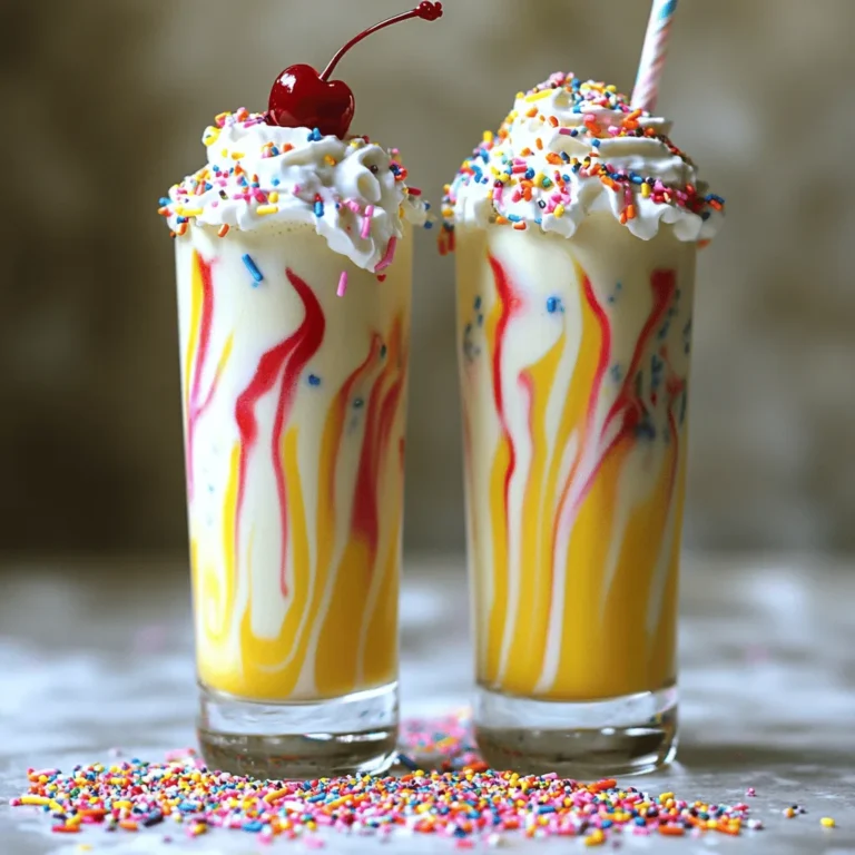 To make a delicious birthday cake milkshake, gather these key items: - 2 cups vanilla ice cream - 1 cup milk (whole or 2%) - 1/4 cup birthday cake mix (dry) - 1/2 cup crumbled birthday cake (any flavor) - 2 tablespoons sprinkles (plus more for garnish) - Whipped cream (for topping) - Maraschino cherry (for garnish) These ingredients create a sweet and creamy treat. The vanilla ice cream adds richness, while the milk blends everything smoothly. The birthday cake mix and crumbled cake give that special flavor. Sprinkles add fun and color, making it festive. You can get creative with toppings. Here are some ideas: - Extra sprinkles on top - Chopped nuts for crunch - Chocolate syrup drizzle - Fresh fruit like strawberries or bananas These extras can change the taste and look. Use your favorites or what you have at home. If you don't have all the ingredients, don't worry! Here are some swaps you can try: - Use chocolate ice cream instead of vanilla for a twist. - Almond milk or oat milk works if you want a dairy-free option. - Any cake mix can replace the birthday cake mix. These changes can still give you a yummy birthday cake milkshake. Feel free to experiment and find what you like best. For the full recipe, check out the complete guide. To start, gather your ingredients. You will need: - 2 cups vanilla ice cream - 1 cup milk (whole or 2%) - 1/4 cup birthday cake mix (dry) - 1/2 cup crumbled birthday cake - 2 tablespoons sprinkles In a blender, add the ice cream, milk, birthday cake mix, and crumbled cake. Make sure to measure each ingredient carefully. This mix gives the shake its rich flavor. Blend the ingredients together until they are combined well. Blend the mixture on high speed. Stop the blender every so often to scrape down the sides. This helps to mix everything evenly. You want a smooth and creamy texture. If it seems too thick, add a bit more milk. Blend again until you're happy with the consistency. Once the base is ready, add the sprinkles. Pulse the blender a few times. This will mix in the sprinkles without blending them too much. Next, pour the milkshake into tall glasses. Top with whipped cream and add more sprinkles on top. Finish each glass with a maraschino cherry for a fun touch. Enjoy your birthday cake milkshake right away for the best taste! For the full recipe, check out the details above. To get a smooth and creamy milkshake, use high-quality vanilla ice cream. The ice cream should be slightly soft. Let it sit out for a few minutes before you scoop. Blend the ingredients for about 30 seconds. Stop to scrape the sides of the blender. This helps mix everything well. If your shake is too thick, add a bit more milk. If it’s too thin, add more ice cream. When serving your birthday cake milkshake, use tall glasses or mason jars. This adds a fun touch. Make sure to top it off with whipped cream. Add a generous sprinkle of colorful sprinkles on top. You can also place a maraschino cherry on the cream. For extra flair, stick a festive straw in each glass. This makes it look even more special! For added sweetness, try using flavored syrups. Vanilla, caramel, or even chocolate syrup can enhance the taste. Instead of birthday cake mix, you can use flavored mixes like chocolate or funfetti. If you want a less sweet shake, reduce the amount of cake mix or sprinkles. Always taste your shake before serving. Adjust the sweetness to your liking for the best birthday treat! Check out the Full Recipe for more details on making this fun treat! {{image_2}} You can mix things up with fun flavors! Try adding chocolate syrup for a chocolate birthday cake milkshake. This adds a rich taste. For a fruity twist, use strawberry syrup. Blend this with the ice cream for a fresh flavor. You can also add other favorite flavors like cookies and cream or mint. The options are endless! You don’t have to stick to vanilla cake. Use any cake you like! A chocolate cake gives a deep flavor. Lemon cake brings a nice zing. You can also use a red velvet cake for a fun color. Mix different milk types too. Almond milk or oat milk can add a new taste. Each change gives a unique twist! Want to make it healthier? Use low-fat ice cream or yogurt instead of regular ice cream. This keeps it creamy but cuts calories. You can also add fruits like bananas or berries. These add flavor and nutrients. Swap out regular milk for plant-based milk for a lighter option. This makes your treat both tasty and guilt-free! For the full recipe, check out the detailed instructions for making this delightful treat! If you have any leftover milkshake, store it in the fridge. Use an airtight container to keep it fresh. It’s best to drink it within a day for the best taste. If it separates, just give it a quick stir. You might have some leftover ingredients after making the milkshake. Save any extra cake scraps for another treat. You can mix them into yogurt for a quick snack. The leftover sprinkles can also jazz up cupcakes or cookies. You can freeze the milkshake for later. Pour it into ice cube trays, and freeze until solid. Later, you can blend the cubes with some milk for a quick treat. This way, you can enjoy a birthday cake milkshake anytime! For the full recipe, check out the guidelines above. To make your milkshake thicker, use less milk. You can also add more ice cream. Another tip is to chill your glass before pouring. This helps keep the shake cold and thick. You can also freeze the cake pieces before blending. This will add thickness and a nice texture. Yes, you can use any milk you like. Almond milk or oat milk works well for a dairy-free option. Each milk type adds a different taste. If you want a creamier milkshake, stick with whole milk. Try different types to find your favorite flavor. You can find great birthday cake milkshakes at local ice cream shops or diners. Some cafes and bakeries also serve fun milkshake options. Check online reviews or ask friends for their favorites. If you want a special treat, make one at home using the Full Recipe. A birthday cake milkshake lasts about one day in the fridge. It may separate, so stir it before drinking. If you want to keep it longer, consider freezing it. Just remember that the texture may change when you thaw it. This blog post explored how to make a delicious birthday cake milkshake. We looked at key ingredients, optional toppings, and smart substitutes that fit your taste. The step-by-step guide showed how to create the base, blend for the right texture, and add fun touches. I shared tips for great presentation and ways to vary the flavor. In the end, this milkshake is a fun and tasty treat for any celebration. Enjoy experimenting with different flavors and make it your own!