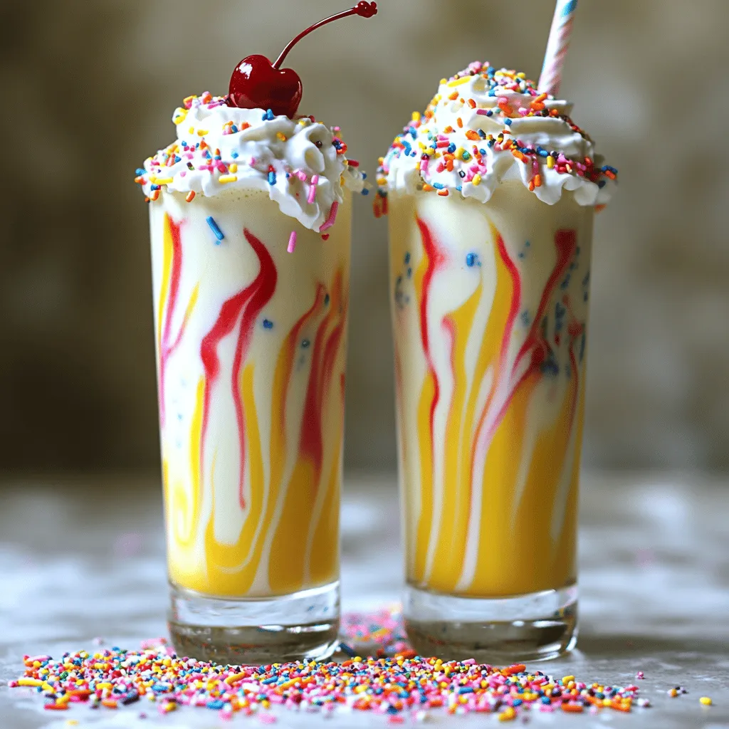 To make a delicious birthday cake milkshake, gather these key items: - 2 cups vanilla ice cream - 1 cup milk (whole or 2%) - 1/4 cup birthday cake mix (dry) - 1/2 cup crumbled birthday cake (any flavor) - 2 tablespoons sprinkles (plus more for garnish) - Whipped cream (for topping) - Maraschino cherry (for garnish) These ingredients create a sweet and creamy treat. The vanilla ice cream adds richness, while the milk blends everything smoothly. The birthday cake mix and crumbled cake give that special flavor. Sprinkles add fun and color, making it festive. You can get creative with toppings. Here are some ideas: - Extra sprinkles on top - Chopped nuts for crunch - Chocolate syrup drizzle - Fresh fruit like strawberries or bananas These extras can change the taste and look. Use your favorites or what you have at home. If you don't have all the ingredients, don't worry! Here are some swaps you can try: - Use chocolate ice cream instead of vanilla for a twist. - Almond milk or oat milk works if you want a dairy-free option. - Any cake mix can replace the birthday cake mix. These changes can still give you a yummy birthday cake milkshake. Feel free to experiment and find what you like best. For the full recipe, check out the complete guide. To start, gather your ingredients. You will need: - 2 cups vanilla ice cream - 1 cup milk (whole or 2%) - 1/4 cup birthday cake mix (dry) - 1/2 cup crumbled birthday cake - 2 tablespoons sprinkles In a blender, add the ice cream, milk, birthday cake mix, and crumbled cake. Make sure to measure each ingredient carefully. This mix gives the shake its rich flavor. Blend the ingredients together until they are combined well. Blend the mixture on high speed. Stop the blender every so often to scrape down the sides. This helps to mix everything evenly. You want a smooth and creamy texture. If it seems too thick, add a bit more milk. Blend again until you're happy with the consistency. Once the base is ready, add the sprinkles. Pulse the blender a few times. This will mix in the sprinkles without blending them too much. Next, pour the milkshake into tall glasses. Top with whipped cream and add more sprinkles on top. Finish each glass with a maraschino cherry for a fun touch. Enjoy your birthday cake milkshake right away for the best taste! For the full recipe, check out the details above. To get a smooth and creamy milkshake, use high-quality vanilla ice cream. The ice cream should be slightly soft. Let it sit out for a few minutes before you scoop. Blend the ingredients for about 30 seconds. Stop to scrape the sides of the blender. This helps mix everything well. If your shake is too thick, add a bit more milk. If it’s too thin, add more ice cream. When serving your birthday cake milkshake, use tall glasses or mason jars. This adds a fun touch. Make sure to top it off with whipped cream. Add a generous sprinkle of colorful sprinkles on top. You can also place a maraschino cherry on the cream. For extra flair, stick a festive straw in each glass. This makes it look even more special! For added sweetness, try using flavored syrups. Vanilla, caramel, or even chocolate syrup can enhance the taste. Instead of birthday cake mix, you can use flavored mixes like chocolate or funfetti. If you want a less sweet shake, reduce the amount of cake mix or sprinkles. Always taste your shake before serving. Adjust the sweetness to your liking for the best birthday treat! Check out the Full Recipe for more details on making this fun treat! {{image_2}} You can mix things up with fun flavors! Try adding chocolate syrup for a chocolate birthday cake milkshake. This adds a rich taste. For a fruity twist, use strawberry syrup. Blend this with the ice cream for a fresh flavor. You can also add other favorite flavors like cookies and cream or mint. The options are endless! You don’t have to stick to vanilla cake. Use any cake you like! A chocolate cake gives a deep flavor. Lemon cake brings a nice zing. You can also use a red velvet cake for a fun color. Mix different milk types too. Almond milk or oat milk can add a new taste. Each change gives a unique twist! Want to make it healthier? Use low-fat ice cream or yogurt instead of regular ice cream. This keeps it creamy but cuts calories. You can also add fruits like bananas or berries. These add flavor and nutrients. Swap out regular milk for plant-based milk for a lighter option. This makes your treat both tasty and guilt-free! For the full recipe, check out the detailed instructions for making this delightful treat! If you have any leftover milkshake, store it in the fridge. Use an airtight container to keep it fresh. It’s best to drink it within a day for the best taste. If it separates, just give it a quick stir. You might have some leftover ingredients after making the milkshake. Save any extra cake scraps for another treat. You can mix them into yogurt for a quick snack. The leftover sprinkles can also jazz up cupcakes or cookies. You can freeze the milkshake for later. Pour it into ice cube trays, and freeze until solid. Later, you can blend the cubes with some milk for a quick treat. This way, you can enjoy a birthday cake milkshake anytime! For the full recipe, check out the guidelines above. To make your milkshake thicker, use less milk. You can also add more ice cream. Another tip is to chill your glass before pouring. This helps keep the shake cold and thick. You can also freeze the cake pieces before blending. This will add thickness and a nice texture. Yes, you can use any milk you like. Almond milk or oat milk works well for a dairy-free option. Each milk type adds a different taste. If you want a creamier milkshake, stick with whole milk. Try different types to find your favorite flavor. You can find great birthday cake milkshakes at local ice cream shops or diners. Some cafes and bakeries also serve fun milkshake options. Check online reviews or ask friends for their favorites. If you want a special treat, make one at home using the Full Recipe. A birthday cake milkshake lasts about one day in the fridge. It may separate, so stir it before drinking. If you want to keep it longer, consider freezing it. Just remember that the texture may change when you thaw it. This blog post explored how to make a delicious birthday cake milkshake. We looked at key ingredients, optional toppings, and smart substitutes that fit your taste. The step-by-step guide showed how to create the base, blend for the right texture, and add fun touches. I shared tips for great presentation and ways to vary the flavor. In the end, this milkshake is a fun and tasty treat for any celebration. Enjoy experimenting with different flavors and make it your own!