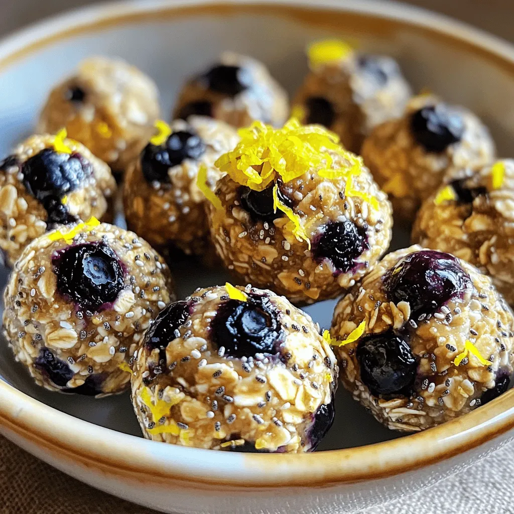 - 1 cup rolled oats - ½ cup almond butter - ¼ cup honey or maple syrup - 1 cup dried blueberries - Zest of 1 lemon - 2 tablespoons lemon juice The main ingredients in Lemon Blueberry Energy Bites create a tasty and healthy snack. Rolled oats form the base, giving these bites a chewy texture. Almond butter adds protein and creaminess, while honey or maple syrup provides natural sweetness. Dried blueberries bring fruity flavor and a burst of color. The zest and juice of a lemon give a fresh, tangy kick. - 1 tablespoon chia seeds - ½ teaspoon vanilla extract - Pinch of sea salt Chia seeds are small but mighty. They add fiber and healthy fats. Vanilla extract enhances the flavor, making it aromatic and inviting. A pinch of sea salt balances the sweetness, making every bite delightful. - Consider using different nut butters like peanut or sunflower seed butter. - You can swap dried blueberries for cranberries or raisins. - For a nut-free option, use sunflower seed butter and omit nuts. Feel free to make these bites your own. You can modify the recipe to suit your taste or dietary needs. It’s all about making a snack that you love. Check out the Full Recipe for more details on how to create these energy-packed bites that fit your lifestyle. To start, gather all your dry and wet ingredients. In a large mixing bowl, combine the following: - 1 cup rolled oats - ½ cup almond butter - ¼ cup honey or maple syrup Mix these well until they blend into a smooth paste. Next, add in the fun flavors! Toss in: - 1 cup dried blueberries - Zest of 1 lemon - 2 tablespoons lemon juice - 1 tablespoon chia seeds - ½ teaspoon vanilla extract - Pinch of sea salt Use a spatula or your hands to mix everything together. You want a sticky dough that holds together. This mixture is the heart of your energy bites. Now it’s time to shape the dough. Cover the bowl and put it in the fridge for about 30 minutes. This helps firm it up. After chilling, take the dough out. Using your hands, shape the mixture into small balls, about one inch wide. Place these bites on a parchment-lined baking sheet. Make sure they are spaced apart so they don’t stick together. Once you’ve shaped all the bites, return them to the fridge for another 30 minutes. This helps them set nicely. For storage, keep the energy bites in an airtight container in the fridge. They stay fresh for up to one week. If you want to keep them longer, freeze them! When serving, try placing them in a small bowl or on a platter. A drizzle of extra honey or a sprinkle of lemon zest adds a nice touch. For the full recipe, check the section above. Enjoy your tasty, healthy snack! To get the best texture for your Lemon Blueberry Energy Bites, focus on the dough's stickiness. The right amount of almond butter and honey or maple syrup will help. If the dough feels too dry, add a little more almond butter. If it’s too wet, mix in more oats. This balance leads to a chewy and satisfying bite. When mixing the ingredients, I recommend using your hands. This method helps you feel the dough's consistency. Make sure all parts blend evenly. If you use a spatula, scrape the sides often. This will ensure all the ingredients mix well. A uniform mix is key to a great flavor in every bite. To boost the flavor of your energy bites, consider adding spices. A pinch of cinnamon can add warmth. You can also try a splash of almond extract for a nutty taste. If you want more zing, add extra lemon zest. These small changes can elevate your bites to a new level. {{image_2}} You can mix up the flavors in your energy bites. Instead of blueberries, try using dried cranberries or cherries. For nuts, swap almond butter with peanut or cashew butter. You can also add different seeds like pumpkin or sunflower for a new crunch. Here are some fun combos to inspire you: - Cranberry and cashew - Cherry and peanut - Raisin and sunflower If you want to skip the traditional ingredients, there are other ways to make energy bites. Use nut-free spreads like sunbutter or tahini. You can also add protein powder for an extra boost. Try using mashed bananas instead of honey for sweetness. Here are some ideas to create no-bake bites: - Oats, sunbutter, and chocolate chips - Protein powder, almond milk, and oats - Mashed banana, oats, and cocoa powder Seasonal produce can bring new life to your energy bites. In summer, use fresh strawberries or peaches instead of dried fruit. In fall, pumpkin puree can add flavor and moisture. Winter brings a chance to use dried figs or dates. Here’s how to swap ingredients by season: - Summer: Fresh strawberries and lemon zest - Fall: Pumpkin puree and cinnamon - Winter: Dried figs and nutmeg These variations keep things fresh and exciting. Plus, they let you customize your energy bites to suit your taste. For the full recipe, refer to the section above. To keep your Lemon Blueberry Energy Bites fresh, store them in an airtight container. This helps keep moisture out and the bites tasty. Place them in the fridge right after they set. The cool air will help maintain their flavor and texture. If you notice they are getting dry, you might want to wrap them in plastic before storing. Freezing is a great way to extend the life of your energy bites. Here’s how to do it: 1. After forming the bites, place them on a baking sheet in a single layer. 2. Freeze them for one hour. This step prevents them from sticking together. 3. Once frozen, transfer the bites to a freezer-safe bag or container. 4. Label the bag with the date, so you know when you made them. 5. Seal tightly and place them back in the freezer. You can store the bites in the fridge for up to one week. If you freeze them, they can last for about three months. Just remember to thaw them in the fridge before you enjoy them. This way, they stay nice and fresh! You can use fresh blueberries, but there are some things to keep in mind. Fresh blueberries have more moisture than dried ones. This can change the texture of your energy bites. If you use fresh blueberries, you might need to add more oats. This helps soak up the extra moisture. I recommend using about 1.5 cups of fresh blueberries to match the flavor and texture. Yes, these energy bites can be gluten-free! Just make sure to choose gluten-free rolled oats. Most oats are safe, but some can be processed in facilities with gluten. Always check the label for safety. The other ingredients, like almond butter and honey, are naturally gluten-free too. Making these energy bites vegan is easy! You can swap out honey for maple syrup. This keeps the sweetness without using animal products. Use almond butter or another nut butter that fits a vegan diet. Check the labels to ensure everything is vegan-friendly. Enjoy your tasty treats knowing they fit your diet! Lemon Blueberry Energy Bites are simple and fun to make. We explored all the main ingredients, from rolled oats to lemon zest. I shared easy steps to prepare and store them. You can customize them to fit your tastes and needs. Keep these bites fresh with the right storage tips. Remember, you can swap ingredients seasonally for new flavors. Enjoy these bites as a tasty snack or energy boost. They fit various diets too. You now have all the info to create your own delicious energy bites!