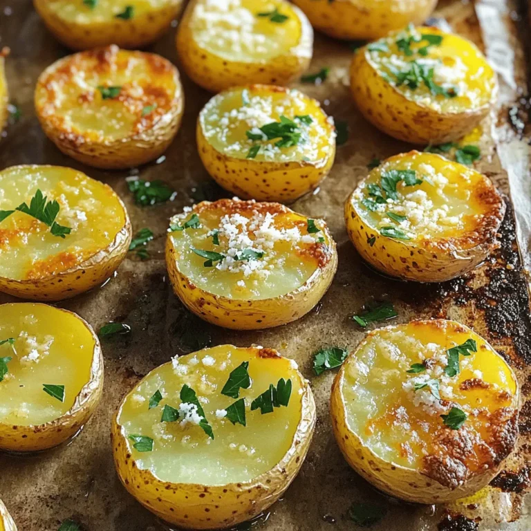 To make Garlic Parmesan Roasted Potatoes, you need simple, fresh ingredients. Here’s what you will need: - 2 lbs baby potatoes, halved - 4 tablespoons olive oil - 4 cloves garlic, minced - 1 cup grated Parmesan cheese - 1 teaspoon dried oregano - 1 teaspoon dried thyme - Salt and black pepper to taste - Fresh parsley, chopped (for garnish) These ingredients come together to create a flavorful dish. The baby potatoes are bite-sized and cook well. Olive oil helps the potatoes brown nicely. Garlic adds a strong, lovely flavor. Parmesan cheese gives a rich, cheesy taste. Oregano and thyme add depth and earthiness. Salt and pepper balance the flavors. Finally, fresh parsley brightens the dish. Using fresh ingredients makes a big difference. You can find these items at any grocery store. For the best taste, use high-quality olive oil and cheese. This dish is perfect for family dinners or gatherings. It pairs well with many main dishes. You can find the full recipe at the link provided. First, you need to preheat your oven to 425°F (220°C). This step is key. A hot oven ensures your potatoes get crispy and golden. Next, grab a large mixing bowl. In it, combine 2 lbs of halved baby potatoes with 4 tablespoons of olive oil. Add 4 cloves of minced garlic, 1 teaspoon of dried oregano, 1 teaspoon of dried thyme, salt, and black pepper. Toss everything well. Make sure each potato is coated with the oil and spices. Now, spread the potato mix in a single layer on a baking sheet lined with parchment paper. This lining helps with easy cleanup. Place the baking sheet in your preheated oven. Roast for about 25-30 minutes. Halfway through, toss the potatoes. This helps them cook evenly. Look for a golden brown color and crispy edges. Once the potatoes are roasted, take them out of the oven. Sprinkle 1 cup of grated Parmesan cheese over the hot potatoes. Return them to the oven for another 5 minutes. This step melts the cheese and gives it a nice crust. Finally, remove from the oven and garnish with fresh parsley. Your Garlic Parmesan Roasted Potatoes are ready to enjoy! For the full recipe, check the section above. To get crispy potatoes, start by using baby potatoes. They roast well and cook evenly. Halve them to ensure they get that nice, golden finish. Coat them well with olive oil, garlic, and seasonings. This helps them crisp up nicely. Make sure to spread them out on the baking sheet. If they are too close, they will steam instead of roast. Toss them halfway through cooking for even crispiness. Garlic Parmesan Roasted Potatoes taste great on their own. But, you can add more flavor easily. Try adding smoked paprika for a hint of smokiness. You can also mix in some crushed red pepper for a kick. Fresh herbs like rosemary or sage add a nice touch. You could even swap the Parmesan for another cheese. Cheddar or feta can give a new twist to the dish. These potatoes pair well with many meals. Serve them alongside grilled chicken or steak for a hearty dinner. They also make a great side for a fresh salad. For a fun twist, top them with sour cream or yogurt. You can even mix in some sautéed veggies for a colorful plate. Enjoy them hot, right out of the oven, for the best flavor. Check the Full Recipe for more details! {{image_2}} To add heat, toss in some red pepper flakes. Start with one teaspoon and adjust to your taste. This spice will give your potatoes a nice kick. You can mix it in when you add the garlic. The heat pairs well with the creamy Parmesan. It makes the dish more exciting and fun. For a fresh twist, try adding different herbs. You can use fresh rosemary or basil. Just chop them finely and mix them in with the other ingredients. This will give your potatoes a fragrant aroma. You can also try a mix of herbs for a layered flavor. Each herb adds its own unique taste. If you want to switch up the cheese, try using cheddar or gouda. They melt nicely and add a rich flavor. You can also try nutritional yeast for a dairy-free option. It gives a cheesy flavor without the dairy. Experiment with different cheeses to find your favorite mix. For the full recipe, check out the [Full Recipe]. After cooking your Garlic Parmesan Roasted Potatoes, let them cool. Place leftovers in an airtight container. They can stay fresh in the fridge for up to three days. Make sure to keep them sealed to avoid drying out. To reheat, set your oven to 350°F (175°C). Spread the potatoes on a baking sheet. Heat for about 10-15 minutes until warm. This will help keep them crispy. You can also use a microwave, but they may lose some crunch. If you want to freeze the potatoes, cool them completely first. Place them in a freezer bag, removing as much air as possible. They can last up to two months in the freezer. When you are ready to eat them, let them thaw overnight in the fridge before reheating. For best texture, reheat in the oven. Check out the Full Recipe for more details on preparation! You should cook Garlic Parmesan Roasted Potatoes for about 25-30 minutes. This timing works well for baby potatoes. They become golden and crispy when roasted at 425°F (220°C). Halfway through cooking, toss the potatoes for even browning. Yes, you can use other potatoes. Russet or Yukon Gold potatoes are great options. Just cut them into even pieces for proper cooking. Keep in mind that cooking times may vary slightly based on the potato type and size. Garlic Parmesan Roasted Potatoes pair well with many dishes. They are great with grilled chicken or steak. You can also serve them with roasted vegetables or a fresh salad. This dish adds flavor and crunch to any meal. For the full recipe, check out the [Full Recipe]. You learned how to make tasty garlic Parmesan roasted potatoes. We covered the key ingredients and easy steps to cook them. I shared tips for crispy texture and flavor boosts, plus fun variations. You can store leftovers easily and even freeze them. These roasted potatoes are sure to please. Try them with your favorite dish or as a snack. Happy cooking!