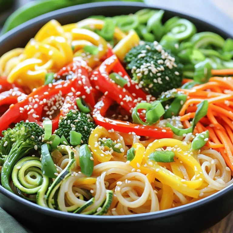 - 200g rice noodles - 1 tablespoon sesame oil - 2 cloves garlic, minced - 1 inch ginger, grated - 1 bell pepper (red or yellow), thinly sliced - 1 cup broccoli florets - 1 carrot, julienned - 1 zucchini, spiralized or sliced - 100g snap peas, trimmed - 3 tablespoons soy sauce - 1 tablespoon hoisin sauce - 1 teaspoon chili paste (optional for spice) - 2 green onions, sliced - Sesame seeds for garnish These ingredients make the base of the dish. Rice noodles create a soft, chewy texture. Fresh vegetables bring color and crunch. Garlic and ginger add a strong, aromatic flavor. Soy sauce and hoisin sauce provide depth and sweetness. - Additional proteins (like tofu, chicken, or shrimp) - Spices and garnishes (like crushed peanuts or cilantro) You can customize your stir-fry with proteins. Tofu is great for a vegetarian option. Chicken or shrimp adds heartiness. Spices can provide extra flavor and interest. Try adding crushed peanuts or fresh herbs to enhance the dish. - Wok or frying pan - Chef’s knife and cutting board - Measuring spoons A wok works best for stir-frying. It allows for even cooking and high heat. A sharp chef’s knife helps to cut vegetables quickly. Measuring spoons ensure you add the right amount of sauces. Having these tools ready makes cooking easier. For the full recipe, you can check the [Full Recipe]. 1. Start by boiling a pot of water. 2. Add 200g of rice noodles to the boiling water. 3. Cook them according to the package instructions. 4. Once done, drain the noodles and rinse them under cold water. 5. Set the noodles aside for later use. 1. In a large wok or frying pan, heat 1 tablespoon of sesame oil over medium-high heat. 2. Add 2 cloves of minced garlic and 1 inch of grated ginger. 3. Stir frequently for about 30 seconds until you smell the aroma. 4. Toss in 1 bell pepper, 1 cup of broccoli florets, and 1 julienned carrot. 5. Stir-fry these for 3-4 minutes until they are tender but still crisp. 6. Next, add 1 spiralized zucchini and 100g of snap peas. 7. Cook for an additional 2 minutes until heated through. 1. Lower the heat and pour in 3 tablespoons of soy sauce and 1 tablespoon of hoisin sauce. 2. If you like spice, add 1 teaspoon of chili paste. 3. Stir well to coat all the veggies with the sauce. 4. Now, add the cooked rice noodles to the pan. 5. Gently toss everything together until it is all combined and heated through. 6. Remove from heat and garnish with sliced green onions and a sprinkle of sesame seeds. This step-by-step guide makes your Vegetable Stir-Fry Noodles easy and enjoyable to create. For the full recipe, check the details above. For a great stir-fry, I love using rice noodles. They are light and soak up flavor well. You can also use egg noodles or udon for a chewier texture. Cook the rice noodles for about 4 to 6 minutes in boiling water. Always check the package for specific times. After cooking, rinse them in cold water to stop the cooking process. Seasonal vegetables make your dish pop with flavor. I recommend using bell peppers, broccoli, and carrots. They add color and crunch. Always choose crisp, bright vegetables. For the best taste, cut them right before cooking. This keeps them fresh and full of nutrients. Pair your stir-fry with a side of steamed rice or dumplings for a complete meal. When serving, use deep bowls to showcase the vibrant colors. Top with extra sesame seeds and green onions for a beautiful touch. Drizzling a bit more hoisin sauce adds flavor and appeal. This dish looks as good as it tastes! For more details, check out the Full Recipe. {{image_2}} You can add various proteins to your vegetable stir-fry noodles. Chicken, beef, shrimp, or tofu all work well. For chicken or beef, cut them into thin strips. Cook these in the pan for about 5 to 7 minutes, until they are fully cooked. Shrimp cooks quickly, taking only about 3 to 4 minutes. If you choose tofu, use firm tofu. Cube it and fry until golden brown, around 5 minutes. This adds a nice texture and flavor. For a vegan option, switch to plant-based sauces. Use tamari instead of soy sauce for a gluten-free choice. Instead of hoisin sauce, look for a vegan alternative. You can replace any vegetable in the recipe. Try mushrooms for a meaty texture or bell peppers for sweetness. Seasonal veggies like asparagus or bok choy can also add variety. To boost flavor, consider adding more sauces. A splash of sesame oil adds richness. If you enjoy spice, add chili flakes or more chili paste. You can also mix in garlic powder or ginger powder for extra zest. Adjust spice levels by adding or reducing these ingredients. Always taste as you go; this helps you find the right balance for your dish. To store leftovers, let your Vegetable Stir-Fry Noodles cool down. Place them in an airtight container. This helps keep the flavors fresh. Seal it tightly to avoid air exposure. Store in the fridge for up to three days. When you're ready to eat, add a splash of water before reheating. This helps restore moisture. If you have more leftovers, freezing is a great option. Use a freezer-safe container to prevent freezer burn. You can also use freezer bags. Remove as much air as possible before sealing. The noodles can last up to three months in the freezer. To reheat, thaw them overnight in the fridge. Heat in a pan with a bit of oil over medium heat until warmed through. In the fridge, your Vegetable Stir-Fry Noodles last about three days. If you see mold or a sour smell, it's time to toss them. Always trust your senses. If the noodles look slimy or off, do not eat them. Keeping an eye on these signs helps ensure your meal stays safe and tasty. Yes, you can use many types of noodles. Here are some great options: - Egg noodles: These add a rich flavor and chewy texture. - Udon noodles: Thick and hearty, perfect for soaking up sauce. - Soba noodles: Made from buckwheat, these are nutty and healthy. - Zucchini noodles: Great for a low-carb option, they add freshness. The best vegetables for stir-fry are: - Bell peppers: They add color and sweetness. - Broccoli: This gives crunch and nutrition. - Carrots: Their sweetness balances well with savory flavors. - Zucchini: It cooks quickly and adds moisture. - Snap peas: They add a nice snap and vibrant color. Using a mix of these vegetables makes your dish exciting and healthy. To add heat without losing flavor, try these tips: - Chili paste: Stir in a small amount, then taste. - Red pepper flakes: Sprinkle them in while cooking. - Fresh chilies: Slice and add them for a fresh kick. Start small, taste, and adjust as needed to keep the balance. Yes, you can make it gluten-free easily. Here are some options: - Rice noodles: These are naturally gluten-free. - Gluten-free soy sauce: Look for this in stores. - Hoisin sauce: Check labels for gluten-free versions. Using these swaps will keep your meal safe and tasty. For the full recipe, check the details provided above! In this post, we explored how to make a simple and tasty vegetable stir-fry. You learned about essential ingredients like rice noodles and fresh veggies and optional items to enhance flavor. I shared step-by-step cooking tips and tools needed. With these insights, you can experiment with proteins or spices to create your own variations. Remember, fresh ingredients make the best meals. Enjoy each step of the cooking process, and have fun with your tasty dish!