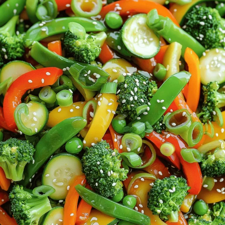 For this easy vegetable stir fry, you'll need: - 1 tablespoon sesame oil - 1 cup broccoli florets - 1 bell pepper (any color), sliced - 1 carrot, julienned - 1 zucchini, sliced - 1 cup snap peas - 3 cloves garlic, minced - 1 inch ginger, grated - 3 tablespoons soy sauce - 1 tablespoon honey or maple syrup - 1 teaspoon chili flakes (optional) - 2 green onions, sliced (for garnish) - Sesame seeds (for garnish) These ingredients create a colorful and healthy dish. Each veggie adds its own flavor and texture. You can swap some veggies for what you have. Use asparagus or bok choy instead of broccoli. If you don’t like snap peas, try green beans. You can also switch soy sauce for tamari if you're gluten-free. For a sweeter taste, use agave syrup instead of honey. Or, add a splash of rice vinegar for a tangy kick. To make this stir fry, you need a few tools: - A large skillet or wok - A cutting board - A sharp knife - A spatula for stirring - A small bowl for mixing the sauce Having these tools ready makes cooking much easier. You can find all the items in your kitchen! Enjoy making this quick meal! For the full recipe, check out the link above. First, gather all your ingredients. This makes cooking easier. You'll need sesame oil, broccoli, bell pepper, carrot, zucchini, snap peas, garlic, ginger, soy sauce, honey, chili flakes, green onions, and sesame seeds. Wash and chop the veggies as needed. 1. Heat the sesame oil in a large skillet or wok over medium-high heat. 2. Add minced garlic and grated ginger. Sauté for 30 seconds until fragrant. 3. Add broccoli florets and sliced bell pepper. Stir-fry for 3-4 minutes until they soften. 4. Now, add julienned carrot, sliced zucchini, and snap peas. Stir-fry for another 3-4 minutes. Keep the veggies crisp. 5. In a small bowl, mix soy sauce, honey (or maple syrup), and chili flakes if you like heat. 6. Pour this sauce over the stir-fried veggies. 7. Toss everything for one minute. This allows the sauce to coat the veggies. 8. Remove from heat. Garnish with sliced green onions and sesame seeds before serving. Serve the stir-fry hot over rice or noodles for a filling meal. You can also enjoy it on its own as a light dish. Feel free to add your favorite protein. This approach makes it more filling and adds extra flavor. For the full recipe, check out the detailed instructions above. To get the best stir fry, heat is key. Use a large skillet or wok to give your veggies space. This helps them cook evenly. Always use high heat. This keeps the vegetables crisp. Cut your veggies into similar sizes for even cooking. Prep all your ingredients before you start. This saves time and keeps things smooth. Avoid cooking too many veggies at once. This can lead to steaming instead of frying. Don’t overcook your vegetables. They should stay bright and crisp. Skipping the garlic and ginger can also dull the flavor. Lastly, watch your sauce. Adding too much can make your stir fry soggy. You can change this recipe easily. Try different vegetables like asparagus or mushrooms. Add your favorite protein like chicken, tofu, or shrimp. Change the sauce to fit your taste. You can swap soy sauce for tamari for a gluten-free option. For a spicy kick, add more chili flakes or fresh peppers. Check out the Full Recipe for more ideas! {{image_2}} You can add protein to make your stir fry filling. Chicken, shrimp, or tofu work well. For chicken, slice it thin. Cook it first, then add veggies. Shrimp cooks fast, so toss it in for just a few minutes. Tofu is great for a hearty option. Press it to remove water, then cube it. Sauté it until golden before adding your veggies. These simple swaps can turn a light dish into a full meal. Feel free to mix and match veggies. Green beans, mushrooms, or spinach can all add flavor. Try adding spinach last to keep it bright and fresh. You can also use asparagus or cauliflower for crunch. Experiment with seasonal vegetables for the best taste. Each combo offers new flavors and colors, making each stir fry special. This stir fry can easily be both vegan and gluten-free. Use tamari instead of soy sauce for gluten-free. For a vegan option, skip honey and use maple syrup. Adding nuts like cashews or peanuts can add texture and flavor. You can also toss in your favorite plant-based protein. With these easy swaps, you can enjoy this dish while sticking to your dietary needs. For the full recipe, check out the vibrant vegetable stir fry. After enjoying your vibrant vegetable stir fry, you might have some left. To store it, let it cool first. Place the stir fry in an airtight container. This keeps it fresh. You can keep it in the fridge for up to three days. Make sure the lid is tight to avoid any odors. When ready to eat, reheating is easy. You can use a microwave or a skillet. If using a microwave, place the stir fry in a bowl. Cover it with a microwave-safe lid or wrap. Heat for one to two minutes, stirring halfway. If you prefer a skillet, add a splash of water and heat over medium until warm. Stir often to prevent sticking. Want to save some for later? Freezing works well! First, let the stir fry cool completely. Then, transfer it to a freezer-safe bag. Remove as much air as possible before sealing. You can freeze it for up to two months. When ready to eat, thaw it in the fridge overnight before reheating. Enjoy your easy vegetable stir fry anytime! For the full recipe, check out the earlier section. The best oil for stir frying is sesame oil. It has a nice flavor and a high smoke point. You can also use oils like canola or peanut oil. These oils can handle high heat well. They help cook the veggies quickly while keeping them crisp. Yes, you can use frozen vegetables for this recipe. They save time and are easy to find. Just remember to thaw them first. Pat them dry to remove extra water. This helps keep your stir fry from getting soggy. To make your stir fry less soggy, avoid overcooking the veggies. Stir fry them on high heat for a short time. Use fresh veggies when possible, as they hold their crunch better. If you use frozen, thaw and dry them well. Keeping the pan hot is key to crisp veggies. For a full recipe, check out the vibrant vegetable stir fry. We covered all you need for a great stir fry. You learned about ingredients, tools, and cooking steps. Expert tips helped point out common mistakes. We also shared tasty variations and storage info. Remember, customizing flavors makes every dish better. Using the right oil can enhance taste. Now you have the tools to stir fry like a pro. Enjoy creating quick meals that please your palate!