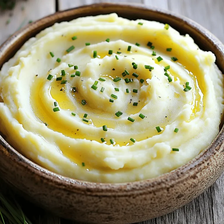 - 2 lbs Yukon Gold potatoes - 4 cloves of garlic - ½ cup unsalted butter - ⅔ cup heavy cream - Salt and pepper to taste - ¼ cup sour cream - Fresh chives for garnish - Large pot - Potato masher or ricer - Measuring cups and spoons To make creamy garlic mashed potatoes, you need simple, fresh ingredients. Yukon Gold potatoes give a buttery taste. Garlic adds a rich flavor, making each bite special. Butter and heavy cream create the creamy texture. If you want even more creaminess, add sour cream. Fresh chives can brighten the dish and add color. Gather your kitchen tools! A large pot will hold the potatoes and garlic. A potato masher or ricer helps you achieve that smooth texture. Measuring cups and spoons ensure you add the right amounts. This recipe is straightforward and perfect for any meal. You’ll find all the details in the Full Recipe. Boiling the potatoes is the first step. Start by placing the diced Yukon Gold potatoes and garlic cloves in a large pot. Cover them with cold water and add a pinch of salt. Bring the pot to a boil over medium-high heat. Once boiling, reduce the heat to medium and let it simmer. Cook for about 15 to 20 minutes or until the potatoes are tender. You can test them by piercing with a fork. After boiling, it is time to mash the potatoes. Drain the potatoes and garlic well. Return them to the pot. Let them sit over low heat for a minute. This helps to remove any extra moisture. Then, use a potato masher or ricer. Mash them until they are smooth and creamy. Now, we mix the ingredients. Start by adding the unsalted butter and sour cream to the mashed potatoes. Mix well until everything is fully blended. Gradually pour in the heavy cream. Stir continuously until you reach your desired level of creaminess. Finally, season with salt and pepper to taste. You can adjust the seasoning based on your preference. For a touch of elegance, sprinkle in some chopped fresh chives as a garnish. For the full recipe, refer to the earlier section. To get creamy mashed potatoes, avoid over-mashing. If you mash too much, the potatoes can become gummy. Use a potato masher or ricer for the best results. This gives a nice, fluffy texture. Balance creaminess with seasoning. Start with a little salt and pepper. Taste as you go, adjusting until it's just right. The right seasoning will make the flavors pop. Experiment with roasted garlic for a richer flavor. Roasted garlic is sweet and soft, adding depth to your dish. Just mash it with the potatoes for a smooth mix. You can also add cream cheese for more richness. This adds a nice tang and creaminess that elevates the dish. Just blend it in with the butter for a luscious finish. Serve in a large bowl or individual dishes for an elegant display. This makes the potatoes look appealing and inviting. You can also create a swirl pattern on top for added flair. Garnish with fresh herbs and a pat of butter on top. Chives work well for a pop of color and flavor. This simple touch makes your mashed potatoes look gourmet. For the full recipe, check out your favorite cooking source! {{image_2}} When you make creamy garlic mashed potatoes, you can easily switch it up. Here are some fun ideas. Want to add a fresh taste? Try adding herbs! Incorporate fresh rosemary or thyme into your mash. Chop them finely and mix them in after you mash the potatoes. This adds a nice green flavor and aroma to your dish. If you love cheese, this is for you! Add shredded cheese to the mix. Cheddar or Parmesan works well. Stir it in while the potatoes are still warm. The cheese will melt beautifully and give extra flavor. You can make a vegan version too. Just swap out the butter and cream for plant-based options. Use coconut cream or almond milk instead of heavy cream. Vegan butter can replace regular butter. This way, everyone can enjoy creamy garlic mashed potatoes. These variations keep the dish exciting while staying true to its creamy roots. For the full recipe, check out the detailed instructions above. You can store leftover creamy garlic mashed potatoes in the fridge. Use an airtight container. They will stay fresh for about three days. Make sure to let them cool first. This prevents steam from building up in the container. To reheat, use a microwave or stovetop. If using a microwave, heat in short bursts. Stir between each burst to keep the texture smooth. If reheating on the stovetop, add a splash of heavy cream to help restore the creaminess. Stir over low heat until warm. For longer storage, you can freeze the mashed potatoes. Place them in a freezer-safe container. They can last up to three months in the freezer. When you’re ready to eat them, thaw in the fridge overnight. Reheat using the methods above for best results. To make your mashed potatoes creamy, start with Yukon Gold potatoes. They have a buttery texture that works well. After boiling, drain and let them sit briefly on low heat. This step helps remove any extra water. Use a potato masher or ricer for a smooth finish. Mix in room temperature butter and sour cream for added richness. Gradually stir in heavy cream while mashing. Adjust the cream to your liking for the perfect creaminess. Yes, you can use other types of potatoes. However, some work better than others. Russet potatoes are popular too, as they create fluffy mash. They absorb flavors well but can be a bit dry. For a balanced texture, stick to waxy potatoes like Yukon Gold. They hold moisture and add a rich flavor. If you want a lighter mash, consider using a mix of both types. Garlic mashed potatoes pair well with many dishes. Try serving them with roasted chicken or beef. They also go great with grilled vegetables. This dish complements rich sauces, making it a nice side for steak. For a lighter meal, serve them with a fresh salad. You can even top them with sautéed mushrooms for extra flavor. You now have all the steps to make perfect garlic mashed potatoes. We covered ingredients, kitchen tools, and step-by-step instructions. You also learned tips for flavor and texture, along with fun variations to try. Remember, whether you add cheese or make it vegan, these mashed potatoes can fit your taste. With these techniques, you can create a dish that impresses every time. Enjoy your cooking!