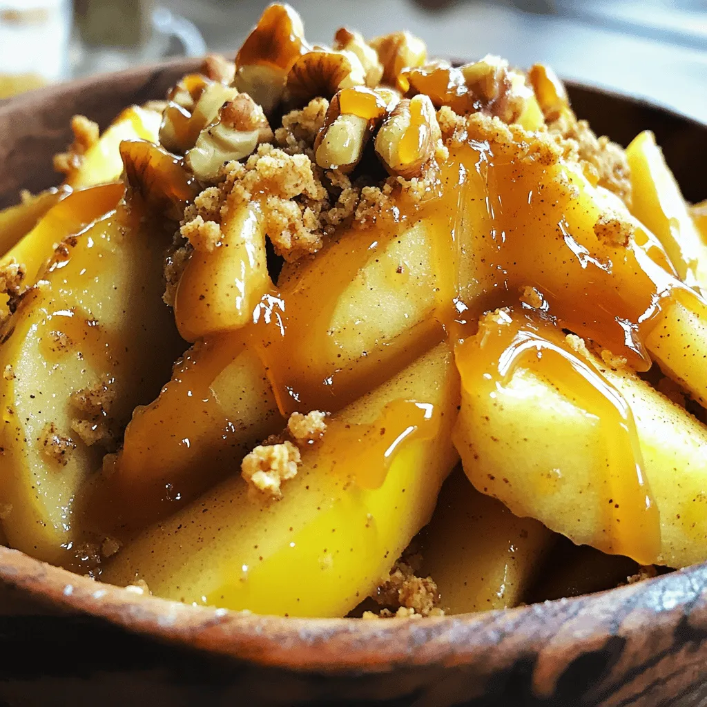 - Apples: I recommend using Granny Smith or Honeycrisp apples. They hold their shape well and provide a nice tartness that balances the sweetness of the dish. - Spices and Sugars: You will need cinnamon, nutmeg, and brown sugar. These add warmth and depth to your apple filling. - Topping Ingredients: Gather rolled oats, all-purpose flour, nuts (like walnuts or pecans), melted butter, and caramel sauce. The combination of oats and nuts gives the crisp a great texture. For the full recipe, you can check out the detailed instructions provided. Each ingredient plays a key role in making your Caramel Apple Crisp a delicious fall treat. To make the crisp, start with the apples. First, peel them with a vegetable peeler. Next, use a knife to core and slice the apples into thin pieces. I like to use Granny Smith or Honeycrisp apples for their tartness. After slicing, place the apples in a bowl. Add 1 tablespoon of lemon juice, 1 teaspoon of cinnamon, 1/2 teaspoon of nutmeg, and 1/4 cup of brown sugar. Mix well so the apples are coated. This blend gives the apples a bright flavor. Now, let’s make the topping. Grab a separate bowl and combine 1 cup of rolled oats, 1/2 cup of all-purpose flour, and 1/2 cup of brown sugar. Mix these dry ingredients. Next, pour in 1/2 cup of melted butter. If you like, add 1/2 cup of chopped walnuts or pecans for crunch. Stir until the mixture becomes crumbly. This will form a nice, crispy layer on top. Preheat your oven to 350°F (175°C). Take the apple mixture and spread it evenly in a greased 9x13-inch baking dish. Then, sprinkle the oat mixture over the apples. Bake for 30 to 35 minutes. You’ll know it’s done when the topping is golden brown and the apples are bubbling. Keep an eye on it to avoid burning. When it's ready, take it out and let it cool for a few minutes. Before serving, drizzle warm caramel sauce on top for extra sweetness. Enjoy your caramel apple crisp! To get the best crisp, the butter and nut ratio is key. Use half a cup of butter for richness. If you want more crunch, add nuts like walnuts or pecans. They give great flavor and texture. Even baking is vital too. Spread the oat mixture evenly on top of the apples. This helps it cook nicely and brown evenly. Check your oven's temperature with a thermometer. Sometimes, it may run hot or cold. Choosing the right apples matters a lot. I recommend using Granny Smith for tartness or Honeycrisp for sweetness. Both hold their shape well when baked. The right apple helps balance flavors in the dish. Think about texture too. You want apples that are firm and juicy. This prevents them from turning mushy during baking. Mixing sweet and tart apples can give a nice depth of flavor. For serving, warm Caramel Apple Crisp is best. A scoop of vanilla ice cream on top makes it even better. The cold ice cream with the warm crisp is a delight. Presentation also counts. Drizzle caramel sauce over the top. This adds a glossy finish and extra sweetness. Sprinkle chopped nuts for a nice look and crunch. Serve it in bowls to make it cozy and inviting. For the full recipe, check out the details above. Enjoy making this tasty fall dessert! {{image_2}} Want to spice things up? You can add more flavors to your Caramel Apple Crisp. Try mixing in spices like cloves or allspice. These spices can give your dish a warm and cozy feel. You can also explore flavored caramel sauces, like sea salt or vanilla. They add a nice twist to the classic taste. If you need a gluten-free version, it’s easy to make changes. Instead of all-purpose flour, use gluten-free flour blends. These blends can keep the crisp tasty and enjoyable. The texture may change a bit, but it will still be delicious. It’s a great way to cater to those with gluten sensitivities. Avoiding nuts? No problem! Just leave them out of the topping. You can still have a crunchy top by using extra oats or crushed graham crackers. These alternatives give a nice texture without nuts. Your Caramel Apple Crisp will still taste amazing and be enjoyed by everyone. For the full recipe, check out the detailed guide. To keep your Caramel Apple Crisp fresh, store it in the fridge. Use an airtight container to keep moisture out. You can also cover it tightly with plastic wrap or aluminum foil. This helps the flavors stay vibrant and the topping from getting soggy. Your crisp can last in the fridge for up to five days. When you're ready to enjoy your leftovers, you can reheat them in the oven or microwave. If using the oven, preheat it to 350°F (175°C). Place the crisp in an oven-safe dish and cover it loosely with foil. Heat for about 15-20 minutes or until warm. This keeps the topping crisp. If you prefer the microwave, heat it in 30-second intervals. This method warms it up quickly but may soften the topping. To freeze leftover Caramel Apple Crisp, let it cool completely first. Place it in a freezer-safe container or bag. Squeeze out as much air as possible to prevent freezer burn. It can stay in the freezer for up to three months. When you’re ready to eat it, thaw it in the fridge overnight. After that, reheat it in the oven for the best texture. Caramel Apple Crisp stays fresh for about 3 to 5 days in the fridge. Make sure to cover it tightly with plastic wrap or foil. If you want to keep it longer, you can freeze it. In the freezer, it lasts for up to 3 months. Just place it in an airtight container or a freezer bag. When you're ready to eat, thaw it in the fridge overnight. Yes, you can mix other fruits with apples. Pears work well and add a nice sweetness. You might also try berries like blueberries or raspberries for a tart kick. Peaches and plums can add a juicy flavor to your crisp. Just remember to adjust the sugar if your fruits are very sweet or tart. If you need a substitute for caramel sauce, you can use maple syrup or honey. Another option is to make a quick sauce with brown sugar, butter, and cream. Cook them together until smooth. You could also try a chocolate sauce for a fun twist. To make Caramel Apple Crisp vegan, replace the butter with coconut oil or vegan butter. Use a plant-based caramel sauce or make your own using coconut milk and brown sugar. For the topping, skip the nuts if you prefer. You can also use a flaxseed meal as a binding agent. These simple swaps keep your dessert tasty and plant-based. For the full recipe of Caramel Apple Crisp, check out the earlier section! This blog post covered how to make a perfect Caramel Apple Crisp. We talked about choosing the right apples, mixing spices, and creating a crunchy topping. You learned tips for baking and serving, plus fun variations and storage methods. Enjoy this dish fresh, warm, and topped with ice cream. With the steps and tips provided, you can create a delicious dessert for any occasion. Happy baking!