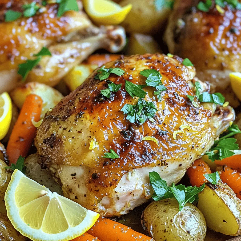- 1 whole chicken (about 4-5 pounds) - 4 cloves of garlic, minced - 2 lemons (zested and juiced) - 1/4 cup olive oil - 2 teaspoons dried thyme - 1 teaspoon dried rosemary - Salt and pepper to taste - Fresh parsley for garnish - Vegetables for roasting (such as carrots, potatoes, and onions) When you pick your chicken, choose one that is fresh and plump. Look for a whole chicken weighing between 4 to 5 pounds for the best flavor. This size ensures even cooking and juicy meat. Next, let’s talk about garlic. You will need four cloves. Mince the garlic finely to release its full flavor. Fresh garlic gives a great taste and aroma to the dish. Now, prepare your lemons. You need two lemons. First, zest them to get the bright, flavorful skin. Then, cut them in half and juice them. The juice adds a tangy kick that balances the chicken's richness. For herbs, grab dried thyme and rosemary. These two herbs add depth to your chicken. Use two teaspoons of thyme and one teaspoon of rosemary. Adjust amounts to fit your taste! Lastly, think about your vegetables. Carrots, potatoes, and onions all roast well. Chop them into bite-sized pieces. They soak up the chicken's juices as they cook, making each bite a delight. This selection of ingredients makes your Lemon Garlic Roasted Chicken flavorful and inviting. For the complete process, check the Full Recipe. To start, preheat your oven to 425°F (220°C). This high heat helps the skin become nice and crispy. Next, take your whole chicken and pat it dry with paper towels. Dry skin crisps up better in the oven. Now, let’s make the marinade. In a bowl, mix together four minced garlic cloves, the zest and juice of two lemons, 1/4 cup of olive oil, 2 teaspoons of dried thyme, 1 teaspoon of dried rosemary, salt, and pepper. Stir until everything blends well. This mixture gives the chicken a fresh and zesty flavor. Place your chicken in a large bowl or roasting pan. Pour the marinade over it, making sure to get it under the skin and inside the cavity. For best flavor, let the chicken marinate in the fridge for at least 1 hour. If you have more time, let it sit overnight. This helps the flavors soak in deeply. While the chicken marinates, select your vegetables. Good options include carrots, potatoes, and onions. Chop them into bite-sized pieces. Place them in the bottom of the roasting pan. Drizzle with olive oil, salt, and pepper. Toss them to coat evenly. This will make your veggies tasty and help them cook well. Now it’s time to roast. After marinating, set the chicken on top of the vegetables in the pan. Tie the legs together with kitchen twine and tuck the wing tips under the chicken. Roast in the preheated oven for about 1 hour and 15 minutes. To check for doneness, the chicken's internal temperature should reach 165°F (75°C). The juices should run clear when you pierce the chicken. Once cooked, remove the chicken from the oven. Let it rest for 10 to 15 minutes. Resting helps the juices spread throughout the meat, making it juicy. When ready to serve, carve the chicken. Arrange it on a platter with the roasted vegetables. For a fresh touch, sprinkle finely chopped parsley on top. You can find the Full Recipe to guide you through each step. To get that crispy skin, start with a dry chicken. Pat it dry using paper towels. This removes extra moisture, helping the skin crisp. Next, use high heat. Roasting at 425°F (220°C) gives the skin a nice brown color. Apply oil generously, as it helps in browning. Here’s a trick: rub olive oil under the skin too. This adds flavor and moisture inside. To boost flavor, use fresh herbs. Thyme and rosemary work great together. You can also add sage for a unique taste. If you like a bit of heat, try crushed red pepper. A touch of paprika adds color and flavor too. Mix your herbs with garlic for a fragrant blend. Don't forget the salt and pepper; they bring out the chicken’s taste. If your chicken is undercooked, don’t panic. Check the thickest part of the thigh. If it’s below 165°F (75°C), return it to the oven. Cook in 5-minute bursts. Always check the temperature with a meat thermometer. To avoid dry meat, make sure you rest the chicken after cooking. This helps juices spread back into the meat. Cover it lightly with foil during the rest. This keeps it warm without steaming it. For a complete experience, don’t miss the Full Recipe to enhance your cooking journey! {{image_2}} You can enjoy Lemon Garlic Roasted Chicken in many ways. Grilling adds a smoky flavor. Simply marinate the chicken as usual. Preheat your grill to medium-high. Cook the chicken for about 1.5 hours, turning occasionally. Using a slow cooker is another great option. After marinating, place the chicken in the slow cooker. Set it on low for 6-8 hours or high for 4 hours. The chicken will be very tender and full of flavor. Feel free to mix things up with herbs. Try fresh basil or dill instead of thyme and rosemary. You can also use lime or orange instead of lemon for a different taste. For a vegan or vegetarian twist, replace chicken with a whole cauliflower. Use the same marinade and roast until tender. This adaptation gives you great flavor while keeping it plant-based. If you want the full recipe, check out the [Full Recipe]. To store leftover chicken, let it cool first. Place it in an airtight container. This keeps it fresh. You can store it for up to four days in the fridge. If you want to keep it longer, consider freezing it. Store the chicken in freezer bags. Remove as much air as possible. Frozen chicken can last up to three months. To reheat your chicken without drying it out, use the oven. Preheat your oven to 350°F (175°C). Place the chicken in a baking dish, adding a splash of broth or water. Cover it with foil. Heat for about 20-25 minutes or until warm. You can also use a microwave, but cover it to keep moisture. For leftovers, try making a chicken salad or add it to pasta. You can shred it for sandwiches or tacos, too! The flavors from the Lemon Garlic Roasted Chicken make any dish taste great. Enjoy your meal with a side of fresh veggies or a crisp salad. You should marinate the chicken for at least 1 hour. Marinating overnight is even better. This time allows the flavors to soak in deeply. The longer you marinate, the more flavorful the chicken becomes. Chicken must reach an internal temperature of 165°F (75°C). This ensures it is safe to eat. Use a meat thermometer to check the temperature in the thickest part of the meat. Always check before serving. Yes, you can use chicken parts. Adjust the cooking time based on the size of the pieces. For drumsticks and thighs, cook for about 35-40 minutes. Breasts cook faster, around 25-30 minutes. Always check for doneness. It is best to thaw chicken before cooking. Thaw it in the fridge overnight or use cold water. If cooking from frozen, add extra time for cooking. Ensure it reaches 165°F (75°C) before serving. Many sides go well with this chicken. Consider roasted vegetables like carrots and potatoes. A fresh salad or garlic bread also makes a nice addition. You can even serve rice or quinoa for a fuller meal. This blog post shared a simple way to make Lemon Garlic Roasted Chicken. We covered the key ingredients like whole chicken, garlic, lemon, and herbs. You learned step-by-step how to prepare, marinate, and roast the chicken. Remember, resting the chicken is vital for juicy meat. Use the tips for great skin and flavor. You can adapt the recipe with different cooking methods or veggies, too. Enjoy your delicious meal and share it with friends!