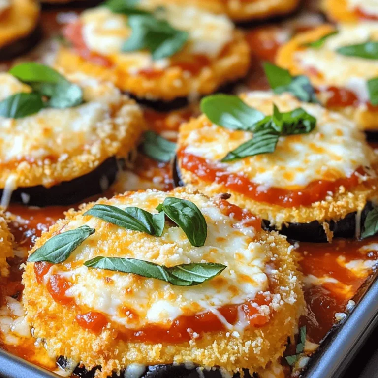To make a great Classic Eggplant Parmesan, gather these main ingredients: - 2 large eggplants, sliced into 1/4-inch rounds - 1 teaspoon salt - 2 cups marinara sauce - 2 cups ricotta cheese - 2 cups shredded mozzarella cheese - 1 cup grated Parmesan cheese - 2 tablespoons fresh basil, chopped (plus extra for garnish) - 1 teaspoon dried oregano - 1/2 teaspoon black pepper - 1 cup all-purpose flour - 3 large eggs, beaten - 1 cup breadcrumbs (preferably Italian seasoned) - Olive oil for frying You can add these optional ingredients to boost the taste: - Fresh garlic, minced - Red pepper flakes for heat - Sliced mushrooms for earthiness - Spinach for added nutrition - Zucchini for a different texture These extras can make your dish unique and flavorful. Make sure to have these tools handy for a smooth cooking process: - A large skillet for frying - A colander for draining eggplant - Shallow dishes for breading - A 9x13-inch baking dish for assembly - Aluminum foil to cover while baking - Paper towels for draining excess oil With the right ingredients and tools, you will make an amazing Classic Eggplant Parmesan. For the full recipe, refer to the detailed steps provided. To start, you need to prepare the eggplant. Take your sliced eggplant and sprinkle it with salt. This step removes moisture and bitterness. Place the slices in a colander and let them sit for about 30 minutes. After that, rinse each slice under cold water. Pat them dry with paper towels. The eggplant is now ready for breading. Next, set up a simple breading station. You will need three shallow dishes. In the first dish, add the flour. In the second dish, place the beaten eggs. Finally, fill the third dish with breadcrumbs. Take each eggplant slice and dip it in the flour first. Make sure both sides are coated. Then, dip it in the beaten eggs, letting any excess drip off. Lastly, coat the slice in breadcrumbs, ensuring it is well covered. This process gives the eggplant a crispy texture. Now it’s time to cook the eggplant. Heat olive oil in a large skillet over medium heat. Fry the breaded eggplant slices in batches. Cook each side for about 3-4 minutes or until golden brown. Place the fried slices on a paper towel-lined plate to soak up extra oil. After frying, preheat your oven to 375°F (190°C). In a 9x13-inch baking dish, spread a thin layer of marinara sauce on the bottom. Layer half of the fried eggplant slices over the sauce. Add half of the ricotta cheese next. Then, sprinkle half of the mozzarella and half of the Parmesan on top. Finish this layer with chopped basil and oregano. Repeat this process with the remaining ingredients. Top with another layer of marinara sauce and a generous sprinkle of mozzarella and Parmesan cheese. Cover the dish with aluminum foil and bake for 25 minutes. After that, remove the foil and bake for an additional 15 minutes. Look for bubbly and golden cheese. Let the dish cool for about 10 minutes before slicing. Garnish with extra fresh basil. You can now enjoy your eggplant goodness! For the complete recipe, check the Full Recipe section. To get crispy eggplant, start with salting. Salt draws out water and bitterness. After 30 minutes, rinse and pat dry. This step helps the eggplant fry better. When frying, use medium heat. Too hot, and the outside burns before the inside cooks. Too low, and it soaks up oil. Fry in batches and do not overcrowd the pan. Each slice should have space to get crispy. Drain the fried eggplant on paper towels to remove excess oil. Marinara sauce is key to a great Eggplant Parmesan. You can choose store-bought or homemade. A good marinara has fresh flavors. Look for a sauce with real tomatoes, garlic, and herbs. If you like spice, try a marinara with red pepper flakes. For a deep flavor, add some fresh basil or oregano to your sauce. This small change can make a big difference in taste. Cheese adds richness to Eggplant Parmesan. If you want to change it up, you can use goat cheese instead of ricotta. This creates a tangy flavor. For a dairy-free option, try cashew cheese or vegan mozzarella. Mix different cheeses for extra flavor. Try adding Fontina or Gruyère for a unique twist. Don’t forget to sprinkle fresh herbs on top before serving for added aroma and color. You can find the Full Recipe for the perfect blend of flavors. {{image_2}} You can easily add spinach or zucchini to your eggplant parmesan. Spinach adds a nice color and nutrition. You can use fresh or frozen spinach. If using fresh, just sauté it for a few minutes. For zucchini, slice it thin, just like the eggplant. Layer them with the eggplant for extra taste and texture. To make eggplant parmesan gluten-free, swap the breadcrumbs and flour. Use gluten-free breadcrumbs and almond flour instead. This keeps the dish tasty and safe for those avoiding gluten. The rest of the recipe stays the same, so you won’t miss out on any flavor. You can also bake the eggplant instead of frying it. Baking is easier and less messy. To bake, brush the eggplant slices with olive oil and place them on a baking sheet. Bake at 400°F (200°C) for about 20 minutes. This method keeps the eggplant soft but still gives you that delicious flavor. If you want more crunch, you can still fry them. Both methods work well, so choose what suits you best. For the full recipe, check out the Eggplant Paradise section above. Store leftover eggplant parmesan in an airtight container. This keeps it fresh. Let it cool to room temperature first. You can keep it in the fridge for up to three days. If you want to enjoy it later, consider freezing it. To freeze eggplant parmesan, wrap it well in plastic wrap. Then, wrap it again in aluminum foil. Make sure to label the package with the date. It can last in the freezer for up to three months. When you're ready to eat it, thaw it overnight in the fridge. For the best taste, reheat eggplant parmesan in the oven. Preheat your oven to 350°F (175°C). Place the dish in the oven for about 20 minutes. You want it heated through and the cheese to melt. If you're in a hurry, you can use the microwave. Heat individual portions for 1-2 minutes, but the oven is best for flavor. Enjoy your meal! You can make Classic Eggplant Parmesan vegetarian by ensuring all your ingredients are plant-based. Use marinara sauce without meat. Stick to cheeses like ricotta, mozzarella, and Parmesan. All these ingredients are naturally vegetarian. If you want more veggies, add spinach or mushrooms for extra flavor. Yes, you can prepare Eggplant Parmesan ahead of time. You can fry the eggplant and layer the dish in advance. Cover the baking dish and store it in the fridge for up to 24 hours. When ready to bake, just pop it in the oven. You may want to add a few extra minutes to the baking time to ensure it heats through. Eggplant Parmesan pairs well with many sides. A fresh, green salad adds crunch. Garlic bread is always a hit. You might also enjoy it with pasta or a light vegetable side. For a complete meal, serve with a glass of red wine. Each side enhances the rich flavors of the dish. For the complete recipe, you can check the Full Recipe. You learned about making Eggplant Parmesan today. I shared key ingredients, tools, and steps. The tips I provided will enhance your dish, from frying to sauce choices. I also covered variations, storage, and common questions. Remember, cooking is a fun journey. Use what you learned to make a great meal. Enjoy sharing your Eggplant Parmesan with friends and family!