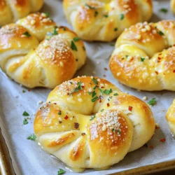- 1 can (16 oz) refrigerated pizza dough - 4 tablespoons unsalted butter, melted - 4 cloves garlic, minced - ½ cup grated Parmesan cheese - 2 tablespoons chopped fresh parsley - 1 teaspoon dried oregano - ½ teaspoon red pepper flakes (optional) - Salt, to taste You need a few simple items to make Garlic Parmesan Knots. Start with a can of pizza dough. This is the base of your knots. I love using refrigerated dough because it saves time. You will also need butter, garlic, and Parmesan cheese. For herbs, grab some fresh parsley and dried oregano. These add great flavor. If you like a bit of heat, get red pepper flakes. Don’t forget salt; it enhances all the flavors. - Baking sheet - Parchment paper - Mixing bowl - Knife or pizza cutter Having the right tools makes cooking easier. Use a baking sheet lined with parchment paper. This helps the knots bake evenly and makes cleanup simple. A mixing bowl is needed to combine the garlic butter. A knife or pizza cutter helps cut the dough into strips. With these ingredients and tools ready, you're set to make a tasty snack! For the full recipe, check out the complete instructions provided. - Preheat your oven to 400°F (200°C). This helps the knots bake evenly. - Roll out the pizza dough on a floured surface. Aim for a rectangle about ¼ inch thick. - Cut the dough into strips. Each strip should be about 1 inch wide and 6 inches long. - Take each dough strip and tie it into a knot. Tuck the ends under to keep them neat. - Arrange the knots on a baking sheet. Leave some space between each knot for baking. - Prepare the garlic butter mixture in a small bowl. Combine melted butter, minced garlic, parsley, oregano, red pepper flakes, and a pinch of salt. - Brush the garlic butter mixture over each knot. Ensure some garlic lands on each knot for great flavor. - Sprinkle grated Parmesan cheese evenly over all the knots. This adds a rich, cheesy taste. - Bake the knots in the preheated oven for 12-15 minutes. They should turn golden brown. - Check for doneness by looking for a nice golden color. You can also tap on a knot; it should sound hollow. For the full recipe, check the provided section. Enjoy your tasty Garlic Parmesan Knots! To get fluffy garlic Parmesan knots, start with fresh pizza dough. You can use store-bought dough or make your own. If using refrigerated dough, let it sit at room temperature for 10 minutes. This helps it relax and makes it easier to shape. Even baking is key for great knots. Make sure to space them out on the baking sheet. This allows heat to circulate around each knot. Also, rotate the baking sheet halfway through baking. This helps them brown evenly and prevents any burning. Want to boost the flavor? Add fresh herbs like basil or thyme. You can also mix in spices like garlic powder or onion powder. This gives your knots a tasty punch. Try different cheeses for fun twists. Mozzarella adds a nice stretch, while feta gives a tangy bite. Mixing cheeses can create a unique flavor you’ll love. When serving garlic Parmesan knots, pair them with a tasty dip. Marinara sauce or garlic aioli works great. Place the knots in a nice basket or on a wooden board for a rustic look. For garnishing, sprinkle fresh parsley on top after baking. This adds color and a fresh taste. You can also drizzle a bit of olive oil for shine, making them even more appealing. For the full recipe, check out the earlier section. {{image_2}} You can switch up the flavors of your garlic Parmesan knots to keep things fun. Here are some ideas: - Cheesy variations: Try using mozzarella or cheddar cheese instead of Parmesan. This adds a gooey texture that melts beautifully. You can even mix different cheeses for a flavor boost. - Spicy twists: If you like heat, add jalapeños or use spicy cheese. A dash of hot sauce in the garlic butter mix can also kick it up a notch. Health is important too! You can make your knots a bit better for you with these swaps: - Using whole wheat or gluten-free dough: Whole wheat dough adds fiber. Gluten-free options let those with gluten sensitivity enjoy these tasty treats without worry. - Low-fat cheese options: You can use low-fat cheese for a lighter version. It still tastes great but cuts some calories. Dipping sauces can make your knots even better. Here are some fun ideas: - Recommended dips: Marinara sauce is a classic. You can also try ranch dressing or a spicy aioli for a twist. - Homemade dipping sauce recipes: Mix sour cream with herbs for a simple dip. You can blend mayonnaise, garlic, and lemon juice for a tasty garlic dip. These variations let you enjoy garlic Parmesan knots in new ways! For the full recipe, check out the details provided earlier. After you enjoy your garlic Parmesan knots, you may have some left over. You can store them at room temperature for up to two hours. If you want to keep them longer, put them in the fridge. Place them in an airtight container to keep them fresh. This helps prevent them from getting hard. When you're ready to eat your leftovers, you can reheat them easily. The best way is to use the oven. Preheat your oven to 350°F (175°C). Place the knots on a baking sheet. Heat them for about 5 to 10 minutes. This makes them warm and crispy again. Avoid the microwave if you can. It can make the knots soggy. If you want to save your garlic Parmesan knots for later, freezing is a good option. You can freeze them before or after baking. If you freeze them raw, shape the knots and place them on a baking sheet. Freeze them for 1 to 2 hours. Then, transfer them to a freezer bag. If you bake them first, let them cool completely. Then, place them in a freezer-safe container. When you’re ready to enjoy them, thaw the knots in the fridge overnight. After that, reheat them in the oven. Enjoy a tasty snack anytime! For the full recipe, check out the details above. To make Garlic Parmesan Knots, you need just a few simple ingredients. Here’s what you will need: - 1 can (16 oz) refrigerated pizza dough - 4 tablespoons unsalted butter, melted - 4 cloves garlic, minced - ½ cup grated Parmesan cheese - 2 tablespoons chopped fresh parsley - 1 teaspoon dried oregano - ½ teaspoon red pepper flakes (optional) - Salt, to taste Start by preheating your oven to 400°F (200°C). Roll out the pizza dough into a rectangle. Cut it into strips about 1 inch wide and 6 inches long. Tie each strip into a knot, tucking the ends to keep it neat. Place the knots on a baking sheet lined with parchment paper. Next, mix the melted butter, garlic, parsley, oregano, red pepper flakes, and a pinch of salt. Brush this mixture over the knots. Sprinkle Parmesan cheese on top. Bake for 12-15 minutes until golden brown. You can find the full recipe above. Yes, you can use frozen pizza dough. First, let it thaw in the fridge overnight or for a few hours at room temperature. This keeps the dough easy to work with. Once thawed, roll it out as you would with fresh dough. This method gives you a tasty result without much fuss. If you don’t have Parmesan cheese, you can use Pecorino Romano or Grana Padano as alternatives. These cheeses have a similar flavor. For a dairy-free option, try nutritional yeast or a plant-based Parmesan. Just adjust the amount to taste. The knots are ready when they turn a nice golden brown. Look for a crispy outer layer and a soft inside. You can also poke one knot with a fork to check if it's cooked through. If it feels firm and springs back, it's done! You learned how to make delicious Garlic Parmesan Knots with simple steps. We covered the key ingredients, from dough to garlic butter, and explored helpful tools. I shared tips for perfecting texture, enhancing flavor, and even variations to try. Remember, these knots are fun to make and easy to customize. They make a great snack or side dish. With this knowledge, you can impress friends and family with your baking skills. Enjoy your tasty creation!